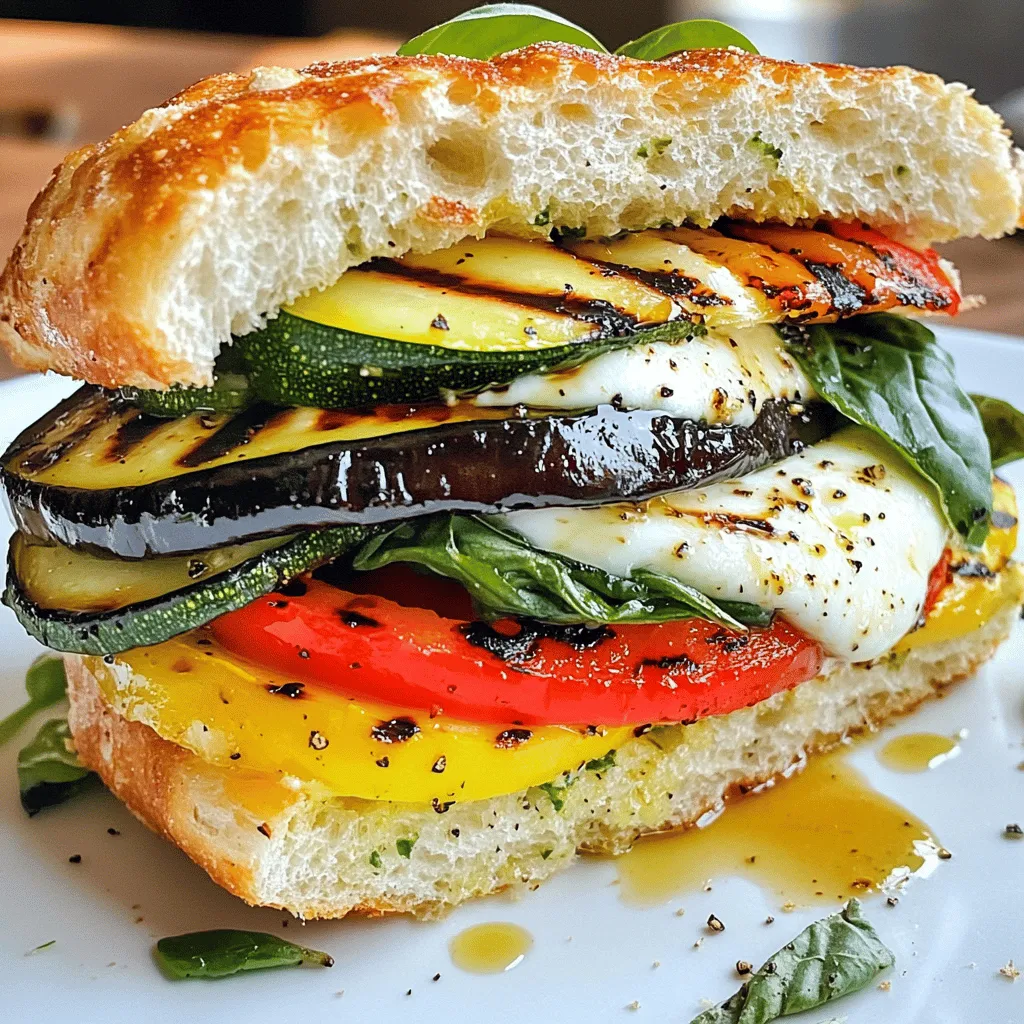 - Zucchini - Bell Pepper - Eggplant - Fresh Spinach - Red Onion For a great grilled vegetable panini, you need fresh, colorful veggies. Zucchini brings a mild flavor that blends well with other ingredients. Bell peppers add sweetness, while eggplant gives a hearty bite. Fresh spinach adds a nice pop of green and nutrients. Finally, thinly sliced red onions provide some zing. - Olive Oil - Balsamic Vinegar - Salt & Pepper - Dried Italian Herbs Seasonings are key to making your panini shine. Olive oil helps grill the veggies and adds richness. Balsamic vinegar adds a tangy kick. Don't forget salt and pepper for basic flavor. Dried Italian herbs enhance the overall taste and add warmth. - Focaccia Bread - Ciabatta Bread - Mozzarella Cheese - Fresh Basil Leaves Choosing the right bread is important. Focaccia bread is soft and flavorful, while ciabatta has a nice crunch. For cheese, mozzarella melts beautifully and ties everything together. Fresh basil leaves can elevate your panini with aromatic freshness. With these ingredients, your grilled vegetable panini will be both simple and delicious. For the full recipe, check out the details to guide you through the cooking process! To start, preheat your grill or grill pan over medium heat. This step is key to great cooking. While it heats, take a large bowl and toss your sliced zucchini, bell pepper, and eggplant with 2 tablespoons of olive oil. Add in 1 teaspoon of balsamic vinegar, a pinch of salt, some pepper, and 1 teaspoon of dried Italian herbs. Mix everything well. This will coat the veggies and add amazing flavor. Now, it’s time to grill. Place the vegetables on the grill for about 3-4 minutes on each side. You want them tender and with nice grill marks. If you want perfect grill marks, avoid moving them too much. Just let them sit until they are ready to flip. Once grilled, take them off and set them aside. Next, brush the outside of each slice of your bread with the remaining olive oil. Take one slice and layer it with your grilled veggies, a handful of fresh spinach, and a generous sprinkle of mozzarella cheese. Then, place another slice on top to make your sandwich. Finally, place the panini on the grill or in a panini press. Grill for 3-4 minutes until the bread is golden and the cheese melts. If you use a skillet, you might need to press down with a spatula and flip halfway through. Take it off the heat, let it cool for a minute, then cut in half. Garnish with fresh basil leaves, and enjoy your delicious creation! For the full recipe, you can refer to the details provided above. To boost flavor in your Grilled Vegetable Panini, add fresh herbs. Basil, oregano, and thyme work great. They give a fresh taste that pairs well with grilled veggies. You can also use spices like garlic powder or crushed red pepper for heat. Cheese is key too. While mozzarella is classic, try feta or goat cheese for a tangy twist. They melt nicely and add more flavor to your panini. Choosing the right bread is important. Focaccia and ciabatta are great choices. They hold up well and get crispy. Avoid soft bread that can become soggy. If you don’t have a panini press, no problem! You can use a skillet. After adding your sandwich, press it down with a spatula. Flip it halfway through to grill both sides evenly. Prep your veggies ahead of time. Slice zucchini, bell pepper, and eggplant the day before. This cuts down on cooking time. You can store them in the fridge in a sealed bag. When it’s time to assemble, layer quickly. Stack your grilled veggies, spinach, and cheese on the bread. This keeps your panini simple and fast to make. For the full recipe, check out the earlier section. {{image_2}} You can change up your grilled vegetable panini easily. Try using different veggies like: - Portobello mushrooms - Asparagus - Carrots - Artichokes These swaps can add fun flavors and textures. If you want a vegan twist, consider these cheese alternatives: - Cashew cheese - Vegan mozzarella - Nutritional yeast These options melt well and taste great. To spice things up, you can add fresh herbs or spices. Consider adding: - Basil - Oregano - Thyme - Chili flakes These will give your panini a fresh and vibrant taste. You can also experiment with different types of bread. Try: - Sourdough - Whole grain - Rye Each bread brings its own flavor and crunch. Pair your grilled vegetable panini with tasty sides. Some great options include: - A simple green salad - Sweet potato fries - Roasted vegetables For dips and sauces, try: - Pesto - Garlic aioli - Balsamic glaze These will enhance your meal and make it even more enjoyable. To keep your uneaten paninis fresh, wrap them in foil or parchment paper. This protects them while preventing sogginess. You can also place them in an airtight container. Containers help keep moisture out and keep your paninis tasty. Store them in the fridge for up to three days. If you want to keep them longer, freeze them. Just remember to wrap each panini well before freezing. To reheat your panini, use an oven or a skillet for the best results. Preheat the oven to 350°F (175°C). Place the panini on a baking sheet and heat for about 10-15 minutes. This helps keep the bread crispy. If you use a skillet, heat it on medium-low. Add a little olive oil to the pan. Place the panini inside and cover it. This method keeps it warm and fresh. Flip it halfway through to avoid burning. Enjoy your grilled vegetable panini just like when it was first made! To make a vegan Grilled Vegetable Panini, you can substitute cheese. Use vegan cheese that melts well. You can also add protein by including ingredients like hummus or grilled tofu. These swaps keep the sandwich tasty and filling. For flavor, add more herbs or a drizzle of olive oil. Yes, you can prep the Grilled Vegetable Panini ahead of time. Slice the vegetables and store them in an airtight container. Keep the bread separate to maintain freshness. When ready to cook, brush the bread with oil and grill. This method helps you save time on busy days. You can serve many side dishes with Grilled Vegetable Panini. A fresh salad pairs well, adding crunch and color. Try a simple green salad with lemon dressing. Soup is another great option, especially tomato or vegetable soup. You can also include chips for a crispy side. Enjoy the many flavors that complement the panini! Grilled vegetable paninis are easy and fun to make. We covered key ingredients, from fresh veggies to tasty seasonings. Proper grilling helps achieve great texture. You can make it your own with different swaps and flavors. Don’t forget to store leftovers right to keep them fresh. Finally, with these tips, you can prep ahead and enjoy a delightful meal anytime. Now, go grab those ingredients and start grilling!