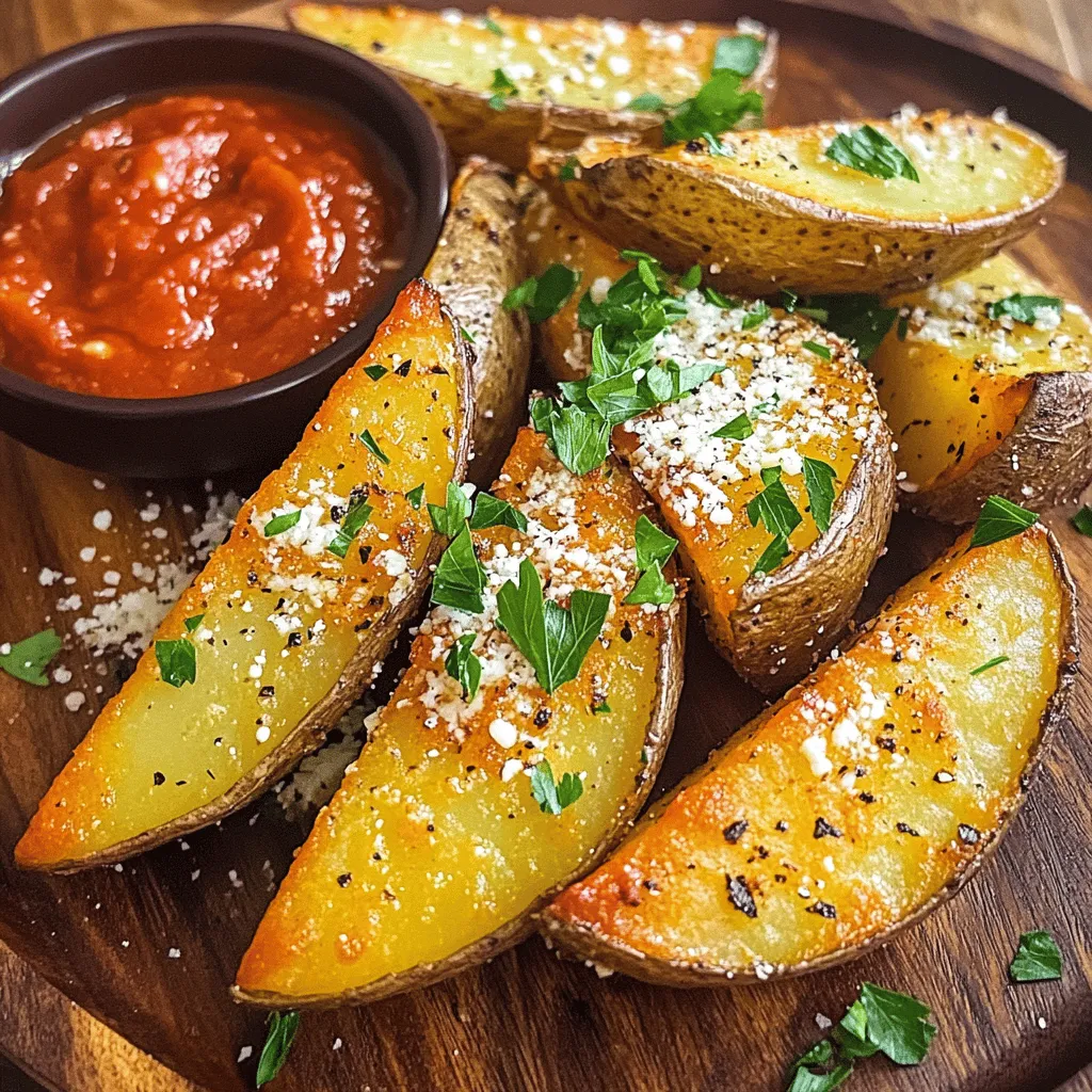 - 4 large russet potatoes - 1/4 cup olive oil - 4 cloves garlic, minced - 1 teaspoon garlic powder - 1 teaspoon onion powder - 1 teaspoon smoked paprika - 1 teaspoon dried Italian herbs - 1/2 cup grated Parmesan cheese - Salt and pepper to taste - Fresh parsley, chopped (for garnish) - Baking sheet - Parchment paper - Large mixing bowl To make Baked Garlic Parmesan Potato Wedges, you start with the main ingredients. The russet potatoes are key. They turn crispy and fluffy when baked. I like to use four large ones for a nice serving size. Olive oil gives them a rich flavor. The minced garlic adds a punch that everyone loves. For the seasoning, I use garlic powder, onion powder, smoked paprika, and dried Italian herbs. These spices blend well together and elevate the taste. Parmesan cheese is the star topping. It melts beautifully and adds a savory touch. Don’t forget salt and pepper to enhance the flavor. Fresh parsley adds a pop of color and freshness. You also need a baking sheet for the wedges. Parchment paper helps with easy cleanup. A large mixing bowl is essential for tossing the potatoes with the oil and spices. For the full recipe, check the section above. - Preheat oven to 425°F (220°C). - Wash, scrub, and cut potatoes into wedges. Start by preheating your oven. This step ensures your potato wedges will cook evenly. Next, take your large russet potatoes. Wash them well under cold water. Scrub off any dirt for a clean finish. Now, cut each potato into wedges. Aim for about eight wedges per potato. This size helps them cook through while staying crispy. - Combine olive oil, garlic, and seasonings in a bowl. - Toss potato wedges in the oil and spice mixture. In a large mixing bowl, combine olive oil, minced garlic, garlic powder, onion powder, smoked paprika, and dried herbs. Mix them well to create a flavorful coating. Next, add the potato wedges to the bowl. Toss them in the oil and spice mixture until every wedge is evenly coated. This step is key for flavor and crispiness. - Arrange wedges on a baking sheet. - Bake for 25-30 minutes, flipping halfway. Now, arrange your coated wedges in a single layer on a baking sheet lined with parchment paper. Make sure they are not touching. This helps them crisp up nicely. Place the baking sheet in your preheated oven. Bake for 25 to 30 minutes. Remember to flip the wedges halfway through baking. This action promotes even browning and gives you that perfect crunch. For the full recipe, check here: [Full Recipe]. To get crispy potato wedges, arrange them in a single layer on your baking sheet. This step helps hot air circulate around each wedge. If your wedges overlap, they will steam instead of crisp. Flip the wedges halfway through baking. This action ensures all sides brown evenly and get that golden crunch. Add more herbs or spices to boost flavor. Consider trying rosemary or dill for a fresh taste. You can also mix in a pinch of cayenne for a bit of heat. Experimenting with different cheeses can make the dish unique. Try using cheddar or feta for a fun twist on the classic flavor. Serve your baked garlic parmesan potato wedges with tasty dips. Marinara sauce and garlic aioli make great choices. A sprinkle of extra parsley adds a nice touch for presentation. You can serve them on a large platter for a fun gathering or snack time. For the full recipe, check the section above. {{image_2}} You can switch out russet potatoes for sweet potatoes. Sweet potatoes are sweeter and full of nutrients. They provide a nice twist to your dish. You can also use low-fat cheese. This choice cuts down on calories while still adding flavor. Want to spice things up? You can add cayenne pepper for heat. This addition gives your wedges a kick. You can also try different cheese blends. Mixing cheddar with Parmesan can create a new taste. Experiment with flavors to find your favorite. For a fun twist, use taco seasoning. This seasoning will give your wedges a Mexican flair. You can also try fresh herbs like rosemary or thyme. Fresh herbs can really brighten the dish. Don't be afraid to mix it up! After cooking, let the potato wedges cool for about 10 minutes. This helps keep them crispy. Place the cooled wedges in an airtight container. This keeps them fresh and tasty. Store them in the fridge. They last for about 3 to 5 days. If you want to keep them longer, consider freezing. For the best taste, reheat in the oven. Preheat your oven to 400°F (200°C). Place the wedges on a baking sheet. Heat them for about 10-15 minutes. This helps them regain their crispiness. You can also use a microwave for quick reheating. Place the wedges on a microwave-safe plate. Heat for about 1-2 minutes. They will be warm but may lose some crispiness. You can freeze the wedges before or after baking. If freezing before baking, place the coated wedges on a baking sheet. Freeze them until solid, then transfer to a freezer bag. This keeps them from sticking together. If you freeze baked wedges, let them cool completely first. Place them in an airtight container or freezer bag. To thaw, move the wedges to the fridge for a few hours or overnight. Reheat in the oven for the best results. Follow the same oven instructions mentioned earlier to warm them up. Enjoy your crispy and tasty Baked Garlic Parmesan Potato Wedges anytime! For the full recipe, check out the complete guide. Yes, you can make these tasty wedges ahead of time. Prepare the potato wedges and coat them with the oil and spices. Store them in the fridge for up to 24 hours before baking. This saves time and makes cooking easier. When you're ready, bake them as per the [Full Recipe]. They will still turn out crispy and full of flavor. Baked garlic Parmesan potato wedges pair well with many dishes. They go great with juicy burgers or fresh salads. You can also serve them with dips like ranch or ketchup. Their crispy texture and rich flavor make them a perfect side dish. Leftovers from baked garlic Parmesan potato wedges last about 3-5 days. Store them in an airtight container in the fridge. This keeps them fresh and ready for a quick snack or meal. When you want to eat them, just reheat in the oven for the best taste. To cut the potatoes for wedges, start by washing and scrubbing them well. Cut each potato in half lengthwise. Then, cut each half into 3-4 wedges. Aim for evenly sized wedges. This allows them to cook evenly and become perfectly crispy. Baked Garlic Parmesan Potato Wedges are simple and delicious. We covered the main ingredients, cooking steps, and even tips for crispiness. You can also try healthy swaps and flavor customizations to make them your own. Storing leftovers is easy, and you can reheat them for a tasty snack. Enjoy your tasty creation with dips or as a side to your meals. Your kitchen will smell amazing and your taste buds will thank you!
