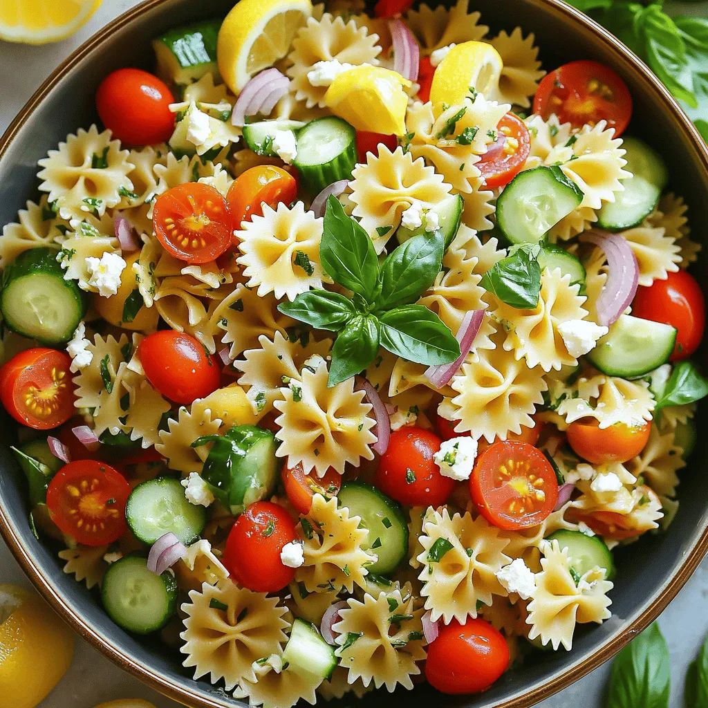 For a tasty Lemon Basil Pasta Salad, gather these key components: - 8 oz farfalle (bowtie pasta) - 1 cup cherry tomatoes, halved - 1 cucumber, diced - 1 cup fresh basil leaves, torn - 1/4 cup red onion, finely chopped - 1/2 cup feta cheese, crumbled - 1/3 cup olive oil - 1/4 cup lemon juice (freshly squeezed) - 1 teaspoon lemon zest - Salt and pepper to taste Fresh ingredients are vital for flavor. Use ripe tomatoes and crisp cucumbers. Fresh basil adds a bright taste. Quality olive oil and real lemon juice make the dressing pop. When you use fresh items, your salad will taste amazing. You can add some optional ingredients to personalize your pasta salad. Here are a few ideas: - Grilled chicken or shrimp for protein - Avocado for creaminess - Olives for a briny kick - Bell peppers for extra crunch These toppings can change the salad's taste and texture. Feel free to mix and match. Make it your own! To make a great Lemon Basil Pasta Salad, start by cooking the pasta. Use farfalle, which looks like little bows. Bring a large pot of salted water to a boil. Add the pasta and cook it until it is al dente, which means it should be firm to the bite. This usually takes about 8 to 10 minutes. Check the package for exact times. After cooking, drain the pasta in a colander. Rinsing it under cold water is important. This stops the cooking process and cools the pasta quickly. It helps keep the pasta from getting mushy. Next, let's make the dressing. In a small bowl, add olive oil, lemon juice, and lemon zest. Also, add salt and pepper for taste. Use a whisk to mix everything well. This creates a creamy vinaigrette that brings all the flavors together. If you don’t have lemon juice, vinegar is a good substitute. You can also use yogurt for a creamier texture. Experiment with different flavors to find what you like best. Now, it's time to combine everything! In a large bowl, add the cooled pasta. Then, mix in halved cherry tomatoes, diced cucumber, chopped red onion, and crumbled feta cheese. Gently toss these ingredients to mix them well. When adding the basil leaves, do it carefully. Tear them into smaller pieces and toss them in. This helps keep their flavor fresh. Pour the lemon dressing over the salad. Toss everything again until it is well coated. Cover the bowl with plastic wrap and chill in the fridge for at least 30 minutes. This chilling time allows the flavors to meld and really shine. When you are ready to serve, give the salad a gentle stir. Taste it once more to see if it needs more salt or pepper. Enjoy your fresh and colorful Lemon Basil Pasta Salad! For the complete recipe, check out the [Full Recipe]. Using fresh herbs can really boost the taste of your Lemon Basil Pasta Salad. Fresh basil adds a bright flavor that makes the dish pop. Try using the leaves whole or torn for the best flavor. You can also mix in parsley or mint for a unique twist. Balancing acidity and sweetness is key. The lemon juice gives a nice tang, but you can add a touch of honey or maple syrup for sweetness. This balance makes every bite a delight. When serving this pasta salad at parties, a large bowl works well. It allows everyone to see the colorful ingredients. Garnish with extra basil leaves and lemon wedges for a pretty finish. You could also serve individual portions in small cups. This makes it easy for guests to grab and enjoy. Try adding edible flowers for a fancy touch, too. They not only look great but add a hint of flavor. If you’re busy, you can make the pasta salad ahead of time. Prepare it a day before and store it in the fridge. This helps the flavors to blend nicely. When you’re ready to serve, just give it a stir. To speed up prep, chop your veggies while the pasta cooks. This way, you save time and keep everything fresh. Using pre-washed salad greens can also save you a few minutes. {{image_2}} If you need a gluten-free option, you can use gluten-free pasta. Look for brands that use rice or quinoa. These options work well in this salad and maintain a nice texture. For those who want a vegan version, skip the feta cheese. You can use a vegan cheese that melts well or even nutritional yeast for a cheesy flavor. For dressings, choose a plant-based oil and lemon juice mix to keep it vegan. You can add protein for more flavor and nutrition. Grilled chicken or shrimp goes great with the lemon and basil. Just chop it up and mix it in. If you want more veggies, add seasonal picks like bell peppers or zucchini. These add color and crunch to your salad and make it even more exciting. To give your salad a Mediterranean vibe, add olives or artichoke hearts. These ingredients bring a salty and briny flavor that pairs nicely with the lemon. For a fun Asian twist, try using sesame oil and soy sauce in your dressing. You can also add edamame or snap peas for a fresh crunch. These variations make the salad unique while keeping it delicious. For the complete details on making this delightful dish, check out the Full Recipe. To keep your Lemon Basil Pasta Salad fresh, store leftovers in an airtight container. This helps prevent moisture loss and keeps flavors intact. Before sealing, make sure the salad has cooled completely. This avoids condensation, which can make the salad soggy. If you have extra dressing, store it separately. This way, you can add it just before serving. In the fridge, the salad stays fresh for about three days. After this time, it may lose its crispness and flavor. Signs it's time to toss the salad include a sour smell, discoloration, or slimy texture. Always check for these signs before eating leftovers. Keeping your salad fresh ensures you enjoy every bite of this flavorful dish. For the full recipe, check the previous section. Yes, you can make this salad ahead of time. To prepare it in advance, follow these tips: - Cook and chill the pasta: Make sure to rinse the pasta under cold water after cooking. This stops it from cooking further and keeps it firm. - Prepare the dressing: Whisk together the olive oil, lemon juice, and zest ahead of time. Store it separately in the fridge. - Combine just before serving: Mix the salad ingredients and dressing only when you are ready to serve. This keeps the flavors fresh and vibrant. If you need a substitute for feta cheese, consider these options: - Goat cheese: It has a similar tangy flavor and creamy texture. - Ricotta cheese: This soft cheese offers a mild taste and creamy feel. - Vegan cheese: For dairy-free diets, try a plant-based cheese that crumbles well. To make your Lemon Basil Pasta Salad more filling, try adding these ingredients: - Grilled chicken: This adds protein and makes it heartier. - Chickpeas: They boost fiber and protein without much effort. - Avocado: It adds creaminess and healthy fats. Feel free to mix and match these suggestions to suit your tastes! For the complete recipe, check out the Full Recipe. Lemon Basil Pasta Salad comes together with fresh ingredients and simple steps. We covered key components, optional toppings, and the value of personalizing your dish. Remember to cook the pasta just right for the best texture. Mixing the ingredients well enhances flavor, especially after chilling. Using fresh herbs boosts taste, while creative presentation impresses guests. Don’t forget about variations for different diets. With good storage practices, your salad stays fresh for days. Enjoy your cooking and make this pasta salad your own!