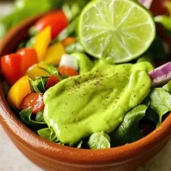 - 1 ripe avocado - 1/4 cup Greek yogurt or plant-based yogurt - 2 tablespoons fresh lime juice - 1 clove garlic, minced - 1 tablespoon olive oil - 1/2 teaspoon cumin - Salt and pepper to taste - 1-2 tablespoons water (as needed for consistency) To make creamy avocado dressing, you need simple, fresh ingredients. The ripe avocado serves as the star of this dish. It brings a rich, buttery flavor. Greek yogurt adds a creamy texture and tang. If you prefer plant-based options, that works too! Fresh lime juice gives brightness and zest. Minced garlic adds a punch of flavor. Olive oil smooths everything out and adds healthy fats. Cumin brings warmth and earthiness to the mix. Don't forget salt and pepper to enhance all the flavors. For a perfect consistency, you may need water. This ensures your dressing isn’t too thick. Adjust the amount based on your preference. Visit the [Full Recipe] for detailed steps and tips on how to create this delicious dressing! 1. First, halve and pit the avocado. Use a sharp knife to cut down the middle. Twist the two halves to separate them. Carefully remove the pit with a spoon or knife. 2. Scoop the avocado flesh into a food processor or a bowl. This is where all the magic happens. 3. Now, combine the other ingredients. You will add Greek yogurt, lime juice, minced garlic, olive oil, and cumin. 1. Blend until smooth and creamy. You want a nice, even texture. 2. If the dressing looks too thick, adjust the consistency with water. Add one tablespoon at a time until you reach the desired thickness. 1. Season with salt and pepper to taste. Start with a little bit and add more if needed. 2. Blend briefly to mix in the seasonings. This ensures every bite is flavorful. For the full recipe, check out the details above. Enjoy this creamy avocado dressing on salads or as a dip! You can easily change this recipe to fit your needs. If you want a vegan option, swap Greek yogurt for a plant-based yogurt. This keeps the creaminess without using dairy. You can also try different spices to give the dressing a new twist. For a kick, add cayenne pepper or chili powder. For a fresh taste, consider adding fresh herbs like cilantro or basil. This creamy avocado dressing is very versatile. Use it as a salad dressing or a dip for fresh veggies. It tastes great with carrot sticks, cucumber slices, or even chips. To make it look fancy, drizzle it over a bright salad. You can also serve it in a small bowl with a sprinkle of cumin and a slice of lime on top for a nice touch. Chilling the dressing before you serve it really helps the flavors mix well. I recommend letting it sit in the fridge for at least 15 minutes. This time allows the garlic and lime juice to blend beautifully. This dressing pairs well with grilled chicken, fish tacos, or even as a topping for grain bowls. The creamy texture complements many dishes, adding richness without being heavy. For the complete recipe, check out the Full Recipe. {{image_2}} You can easily change the taste of creamy avocado dressing. Here are two fun ideas: - Spicy avocado dressing: Add one chopped jalapeño for a kick. This will give your dressing a nice heat. - Creamy avocado cilantro dressing: Blend in a handful of fresh cilantro. It adds a fresh, herbal flavor that brightens the dish. You can modify this dressing to fit your diet. Here are some options: - Keto-friendly modifications: Use full-fat Greek yogurt and skip the lime juice. This keeps it low in carbs while still tasty. - Vegan-friendly version ideas: Replace Greek yogurt with a plant-based yogurt. It works well and keeps the creamy texture. Don’t waste any leftover dressing! Here are some ideas to use it: - Utilizing leftover dressing in recipes: Drizzle it on grilled veggies or use it in pasta salads. It adds a creamy touch to many dishes. - Incorporating into sandwiches and wraps: Spread it on your bread or tortillas. It gives sandwiches a rich flavor and keeps them moist. For the complete process to make this dressing, check out the Full Recipe! To store creamy avocado dressing, use an airtight container. Glass jars work well since they seal tightly. Keep your dressing in the fridge right after making it. This helps maintain its cool and fresh taste. Avoid leaving it out too long to prevent spoilage. If you notice any browning, stir it well before serving. This can help revive the vibrant green color. Creamy avocado dressing lasts about 3 to 5 days in the refrigerator. Make sure to check for any off smells or changes in texture before using. If you want to keep it longer, consider freezing it. Place the dressing in an ice cube tray for easy portions. Once frozen, transfer the cubes to a freezer bag. This way, you can pull out just what you need later. After storing, your dressing may lose some flavor. To bring it back to life, give it a good stir. If it seems too thick, add a splash of water or a squeeze of lime juice. For an extra kick, try mixing in herbs like cilantro or parsley. A dash of chili powder can also enhance the taste. Enjoy your creamy avocado dressing on salads or as a dip, and let your creativity flow! For the full recipe, refer to the earlier sections. How long does creamy avocado dressing last? This dressing lasts about 3 to 5 days in the fridge. Store it in a sealed container to keep it fresh. The lime juice helps slow browning, but it's best to eat it soon. Can I make this dressing in advance? Yes, you can make this dressing ahead of time. It saves well and tastes even better as the flavors meld together. Just remember to store it properly. Can I use a blender instead of a food processor? Absolutely! A blender works just as well for this creamy avocado dressing. Just make sure to scrape down the sides for even mixing. What can I substitute for lime juice? If you don’t have lime juice, lemon juice works well too. It adds a nice tang and keeps the dressing bright and tasty. Is this recipe gluten-free? Yes, this creamy avocado dressing is gluten-free. All the ingredients are safe for gluten-free diets, making it a great choice for anyone. How can I make it dairy-free? To make this dressing dairy-free, swap Greek yogurt for a plant-based yogurt. There are many great options available that taste amazing. This blog post showed you how to make a tasty creamy avocado dressing. We covered the main ingredients like ripe avocados and Greek yogurt. I gave step-by-step instructions for preparation, blending, and seasoning. You also learned tips for customizing flavors and serving ideas. In closing, this dressing is easy to make and versatile. I hope you try it. Enjoy your delicious homemade avocado dressing in many meals!