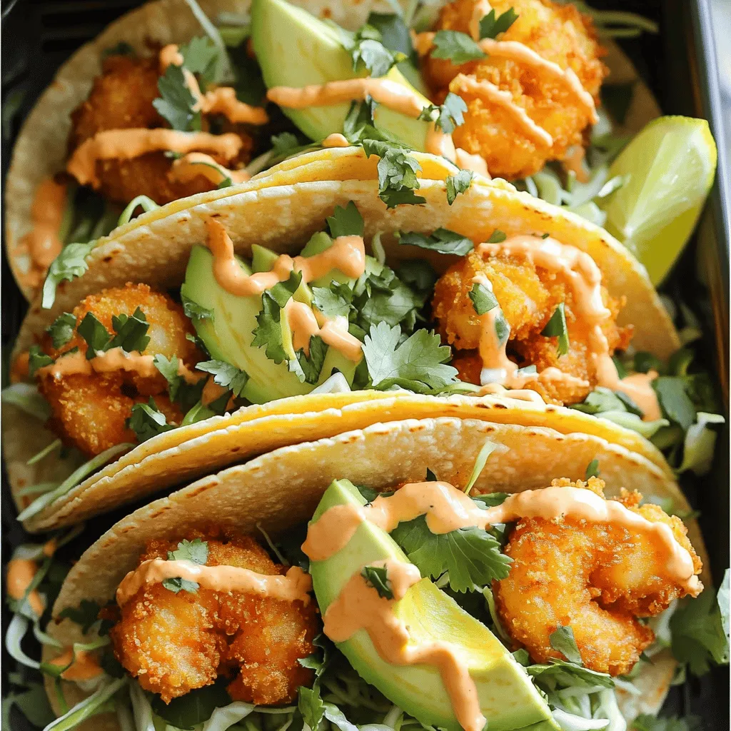 For the best Air Fryer Bang Bang Shrimp Tacos, gather these main ingredients: - 1 pound large shrimp, peeled and deveined - 1 cup panko breadcrumbs - 1/2 cup all-purpose flour - 2 large eggs, beaten - 1 teaspoon garlic powder - 1 teaspoon paprika - Salt and pepper to taste - 1/2 cup mayonnaise - 1 tablespoon sweet chili sauce - 1 teaspoon Sriracha (adjust to taste) - 8 small corn tortillas - 1 cup shredded green cabbage - 1 avocado, sliced - Fresh cilantro, for garnish - Lime wedges, for serving You can also add these optional ingredients for extra flavor: - Diced tomatoes - Pickled red onions - Sliced jalapeños - Crumbled feta cheese These ingredients bring the dish to life. Each one plays a key role in flavor and texture. The shrimp gets a crispy coating from the panko, while the sauce adds a creamy kick. The fresh toppings give the tacos crunch and brightness. When you have everything ready, you’ll be set to make these tasty tacos! For the complete recipe, be sure to check the Full Recipe. Seasoning and Coating Techniques Start by seasoning your shrimp. In a large bowl, mix garlic powder, paprika, salt, and pepper. Toss the shrimp in this mix until they are well coated. This step adds great flavor. Setting Up Breading Stations Next, set up three bowls. Place the flour in one, beaten eggs in the second, and panko breadcrumbs in the third. Dip each shrimp first in flour, then in egg, and finally coat with breadcrumbs. Press the breadcrumbs gently to help them stick. Preheating the Air Fryer Preheat your air fryer to 400°F (200°C). This helps the shrimp cook evenly and get crispy. Key Tips for Achieving Crispy Texture Arrange the shrimp in a single layer in the basket. Avoid overcrowding to ensure they cook well. Lightly spray or brush them with cooking oil. Cook for 6-8 minutes. Shake the basket halfway through for even crispiness. Tips for Warming Tortillas Warm the corn tortillas before adding the fillings. You can use a dry skillet or microwave. This step makes them soft and pliable. Layering Ingredients for Best Flavor On each tortilla, add shredded cabbage first. Next, pile on the air-fried shrimp. Then, add a slice of avocado. Finally, drizzle with the Bang Bang sauce. This creates a tasty and colorful taco. For more details, refer to the Full Recipe. - Adjusting Flavor Profiles: You can change the taste by adding spices. Try cayenne for heat or lime zest for brightness. Mixing herbs like cilantro or parsley can add freshness. You can also use different sauces to create unique flavors. - Cooking in Batches for Even Crispiness: Always cook the shrimp in small batches. This helps the hot air flow around the shrimp. If you cram too many in at once, they won’t get crispy. Keep the cooked shrimp warm in a low oven while you finish the rest. - Overcrowding the Air Fryer Basket: This is a big mistake. If you put too many shrimp in the basket, they will steam instead of fry. Always leave space between the shrimp for the best texture. - Skipping the Seasoning Step: Never skip seasoning! The shrimp need flavor before they are breaded. A simple mix of salt, pepper, and spices will elevate your dish. Seasoning each layer adds depth to your tacos. These tips will help you create the best Air Fryer Bang Bang Shrimp Tacos ever. For more detailed guidance, be sure to check out the Full Recipe! {{image_2}} You can swap shrimp for other proteins. Chicken works well and gives a nice twist. Use boneless, skinless chicken breasts. Cut them into small pieces and follow the same breading steps. Tofu is a great option for vegetarians. Firm tofu takes on flavor well. Just press it to remove water first. For a fish alternative, try cod or tilapia. Both have a mild taste that pairs nicely with the sauce. You can change the sauce to fit your taste. If you like heat, use more Sriracha. For a sweet touch, add honey to the sauce. You can even mix in some lime juice for zing. When it comes to toppings, think beyond cabbage. Try crunchy carrots or radishes for extra texture. You might also use mango salsa for a fresh, fruity kick. Adding nuts or seeds can give a fun crunch too. To keep your leftover tacos fresh, follow these simple steps. First, let the tacos cool down to room temperature. Then, wrap them tightly in plastic wrap or foil. You can also place them in an airtight container. Store them in the fridge for up to two days. Keeping the shrimp separate from the tortillas helps maintain the texture. When it’s time to enjoy your leftovers, reheating is key. To keep the shrimp crispy, use an air fryer if you have one. Preheat the air fryer to 350°F (175°C). Place the shrimp in a single layer in the basket. Heat for about 4-5 minutes, shaking halfway through. This method keeps the shrimp crunchy and delicious. If you don’t have an air fryer, you can use a skillet. Heat a little oil over medium heat and warm the shrimp for a few minutes. For the tortillas, you can briefly warm them in a skillet or microwave. Just a few seconds will do. This way, you get the best taste and texture when enjoying your Air Fryer Bang Bang Shrimp Tacos again. For the full recipe, check back in the earlier section! The best way to cook shrimp in an air fryer is to keep it simple. Start by preheating your air fryer to 400°F (200°C). For timing, cook the shrimp for about 6 to 8 minutes. Make sure to shake the basket halfway through. This helps the shrimp get crispy all over. Using a single layer of shrimp is key. Overcrowding will steam the shrimp instead of crisping them. Yes, you can make Bang Bang sauce ahead of time. This sauce tastes even better after resting. Store it in an airtight container in the fridge. It can last for up to a week. Just give it a good stir before using. This makes meal prep easier. You can focus on cooking the shrimp when you're ready to eat. If you need a substitute for panko breadcrumbs, there are a few options. You can use regular breadcrumbs or crushed cornflakes. For a gluten-free diet, try almond flour or crushed rice cereal. Each option gives a different texture. Experiment to find your favorite. Just remember to adjust cooking time if needed. To make these tacos vegetarian, swap the shrimp for tofu or cauliflower. You can also use chickpeas for a protein boost. Coat them in the same spices and breading as the shrimp. Cook them in the air fryer just like the shrimp. This way, you still get that crunchy texture and great flavor. Enjoy the same delicious Bang Bang sauce on top! For the full recipe, check the cooking instructions above. This post covered how to make easy and tasty shrimp tacos. We discussed the needed ingredients, seasoning, and cooking steps. You learned tips for crispiness and common mistakes to avoid. I also shared ideas for variations, storage, and reheating methods. My final thought is simple: enjoy the process and have fun experimenting with flavors. You can make these tacos your own. Dive into this cooking adventure and treat yourself to something great!