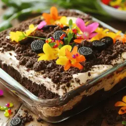 To create the perfect Easter Dirt Cake Casserole, you will need these key ingredients: - 1 package (15.25 oz) chocolate cake mix - 3 cups milk - 1 package (8 oz) cream cheese, softened - 1 package (16 oz) whipped topping, thawed - 2 cups powdered sugar - 1 package (3.9 oz) instant chocolate pudding mix - 1 package (12 oz) Oreo cookies, crushed - 1 cup gummy worms - Edible flowers for garnish (optional) Chocolate Cake Mix Details The chocolate cake mix is the base of this dish. It brings rich flavor and moisture. Choose your favorite brand to ensure great taste. Cream Cheese and Whipped Topping Information Softened cream cheese adds a creamy texture. The whipped topping makes the dessert light and fluffy. This combination creates a delicious layer that pairs perfectly with chocolate. Optional Garnishing Ingredients You can use edible flowers for a fun touch. They add color and a festive feel. Gummy worms are a must for that fun dirt look. They make the dessert playful and appealing, especially for kids. Follow the full recipe to assemble and enjoy this delightful treat! First, you need to preheat your oven to 350°F (175°C). Grab a large bowl and mix the chocolate cake mix. Follow the package directions closely. Then, pour the batter into a greased 9x13 inch baking dish. Bake for about 30-35 minutes. Check if it’s done by inserting a toothpick. If it comes out clean, the cake is ready. Once baked, let the cake cool completely in the dish. This step is key to making sure your layers hold up well. While your cake cools, it’s time to make the cream cheese mixture. Start with softened cream cheese. This makes mixing much easier. Place the cream cheese in a mixing bowl. Then, add powdered sugar and 1 cup of milk. Beat it all together until it’s smooth and creamy. This mix should be free of lumps. A smooth texture makes for a better final dessert. Now, let’s prepare the pudding. In another bowl, combine the instant chocolate pudding mix with the remaining 2 cups of milk. Use a whisk to mix them well. You want to whisk until the pudding thickens, which takes about 2 minutes. A thick pudding will add a great layer to your casserole. Once the cake is cool, crumble it into large chunks. Spread these chunks in the bottom of your baking dish. Now, take your cream cheese mixture and spread it evenly over the cake layer. Next, sprinkle the crushed Oreo cookies generously on top. This creates the “dirt” layer. For the fun touch, place gummy worms on top, letting some dangle over the edges. It adds a playful look. Cover the casserole with plastic wrap and chill it in the fridge for at least 2 hours. This helps the flavors meld nicely. For the full recipe, check out the complete instructions above. To make your Easter Dirt Cake Casserole stand out, consider these fun ideas: - Layering: Use clear cups or jars for individual servings. This shows off the layers and makes it easy to grab. - Garnishes: Top with extra gummy worms for a playful touch. You can also add colorful sprinkles for some extra cheer. - Themed Plates: Serve on festive plates that match your Easter theme. This adds to the overall fun. When using edible flowers, they can bring a fresh look. Here’s how: - Choose Wisely: Use flowers like pansies or nasturtiums that are safe to eat. - Placement: Scatter a few flowers on top before serving. This adds a pop of color and elegance. - Balance: Make sure the flowers don’t overpower the dessert. They should enhance, not distract. Avoid these common pitfalls to get the best results: - Overmixing the Cream Cheese Mixture: Mix just until smooth. Overmixing can make it runny. You want a thick and creamy texture. - Cooling the Cake Improperly: Let the cake cool in the pan. If you remove it too soon, it may crumble. A cooled cake holds layers better. Stick to these tips for a perfect Easter treat! For the complete recipe, check out the Full Recipe. {{image_2}} You can easily change this Easter Dirt Cake Casserole for other events. For example, swap in seasonal ingredients. Use pumpkin spice for fall or red velvet for a Valentine's Day treat. You can also replace gummy worms with other candies. Try chocolate eggs for Easter or stars for a summer party. Each variation keeps the fun look and taste. You can also change the dessert theme. For a birthday, add bright sprinkles on top. Use colored whipped cream for a festive touch. This makes the dessert match your party's vibe. If you need gluten-free options, use a gluten-free chocolate cake mix. Many brands offer great choices. Just follow the package instructions to ensure it works well. You can also use gluten-free Oreos for the topping. For dairy-free alternatives, choose dairy-free cream cheese and whipped topping. There are many brands that taste great. You can also use almond or oat milk for the pudding. This way, everyone can enjoy the dessert without worry. To keep your Easter Dirt Cake Casserole fresh, use these tips: - Refrigeration Tips: Store leftovers in an airtight container. This helps keep the flavors intact. Make sure to cover the casserole with plastic wrap if you leave it in the dish. Use it within 3 to 5 days for best taste. - Freezing the Casserole: You can freeze this dessert, but it may change texture. To do this, cut it into portions and wrap each piece tightly in plastic wrap. Put them in a freezer-safe bag. It should last up to 2 months. To enjoy, thaw in the fridge overnight before serving. - Indicators of Freshness: Look for changes in smell or texture. If the dessert becomes watery or the cookies lose crunch, it's time to toss it. - Best Ways to Reheat: If you prefer to serve it warm, gently heat individual portions in the microwave. Heat for about 15 to 20 seconds. This will help soften the topping without melting it. Avoid reheating the whole dish, as it can ruin the layers. For the full recipe, check the details above. Enjoy your delicious Easter Dirt Cake Casserole! You can keep Easter Dirt Cake Casserole in the fridge for up to 5 days. Make sure to cover it well with plastic wrap. This helps keep it fresh and tasty. After a few days, check for any changes in smell or texture. If it looks or smells odd, it's best to toss it out. Refrigeration is key for keeping this dessert safe to eat. Yes, you can make Easter Dirt Cake Casserole a day ahead. This dessert tastes even better after sitting overnight. To prepare it the night before, follow all the steps in the Full Recipe. Once you assemble the layers, cover it and place it in the fridge. This allows the flavors to blend well and makes serving easier too. To cut and serve the casserole neatly, use a sharp knife. First, dip the knife in hot water, then dry it off. Cut through the layers gently to avoid squishing them. Aim for square portions that are about 2 inches by 2 inches. This size is just right for a sweet treat. When serving, use a spatula to lift out each piece. This keeps the layers intact and looks nice on the plate. In summary, we explored the ingredients, methods, and tips to make an amazing Easter Dirt Cake Casserole. I shared essential steps, from preparing the cake to crafting a creamy layer. You learned about serving ideas and common mistakes that can spoil your dish. With variations and storage tips, you’re ready to tackle this dessert with confidence. Enjoy the process, and share this delightful treat with family and friends!