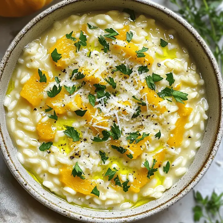 - 1 cup Arborio rice - 2 cups butternut squash, peeled and diced - 4 cups vegetable broth - 1 medium onion, finely chopped - 2 cloves garlic, minced - 1 cup grated Parmesan cheese - 2 tablespoons olive oil - 1 tablespoon butter - 1 teaspoon fresh thyme leaves - Salt and pepper to taste - Fresh parsley - Extra Parmesan To create a creamy delight in your Savory Butternut Squash Risotto, you need the right ingredients. First, Arborio rice is key. It gives the risotto its creamy texture. Butternut squash adds a sweet and nutty flavor. You will also need vegetable broth. This broth keeps the dish rich and warm. Next, onion and garlic boost the aroma. They blend well with the squash. Parmesan cheese adds a salty punch. Olive oil and butter provide fat for flavor. Fresh thyme gives a nice herbal hint. Don’t forget salt and pepper for seasoning. For garnishes, you can use fresh parsley. This adds color and freshness. A sprinkle of extra Parmesan enhances the taste. You can find the full recipe to guide you through this process. Enjoy making this dish! To start, heat 4 cups of vegetable broth in a saucepan over low heat. Keeping the broth warm is key. This helps the rice cook evenly and absorb flavors well. In a large skillet, add 2 tablespoons of olive oil and 1 tablespoon of butter. Heat this mixture over medium heat. Once hot, toss in 1 finely chopped onion. Cook it until it turns translucent, about 5 minutes. Then, stir in 2 minced garlic cloves. Let it cook for 1-2 minutes. This step adds a nice aroma to your risotto. Next, add 2 cups of peeled and diced butternut squash to the skillet. Sauté it for 5-7 minutes until it softens. Stirring helps mix the flavors well. The squash will add a sweet touch to the dish. Now it’s time to add 1 cup of Arborio rice. Increase the heat slightly. Stir the rice for about 2 minutes. This helps toast the rice, enhancing its flavor. Start adding the warm broth one ladle at a time. Stir often and let the rice absorb most of the liquid before adding more. This process takes about 18-20 minutes. The goal is creamy, al dente rice. Once the rice reaches the right texture, stir in 1 cup of grated Parmesan cheese and 1 teaspoon of fresh thyme leaves. Season with salt and pepper to taste. Adjust the seasoning as needed. Let the risotto sit for a minute before serving. This allows flavors to meld. For a beautiful finish, serve it in shallow bowls, garnished with fresh parsley and an extra sprinkle of Parmesan. For the full recipe, check out the detailed instructions I provided. Enjoy your creamy butternut squash risotto! To make creamy risotto, use Arborio rice. This rice has high starch content. Stir it often while cooking. This releases starch, making the risotto rich and creamy. I find that adding broth slowly is key. It helps the rice absorb the liquid well. For extra flavor, try adding herbs like sage or rosemary. These herbs pair well with butternut squash. Using homemade vegetable broth boosts taste too. It adds depth that store-bought broth often lacks. You can prep butternut squash ahead of time. This saves you effort when cooking. Just dice and store it in the fridge. Another quick option is using a pressure cooker. It cooks the squash fast and keeps it tender. {{image_2}} You can boost the nutrition of your butternut squash risotto by adding proteins. Cooked chicken or shrimp works well in this dish. Simply add them in during the last few minutes of cooking. This way, they warm up without overcooking. For a plant-based option, try chickpeas or lentils. They add great texture and protein. Just stir them in before serving. Risotto is very flexible. You can add seasonal vegetables to change the taste. In fall, add roasted Brussels sprouts or kale. In spring, peas or asparagus can brighten up the dish. You can also modify your risotto for special holidays. For example, add cranberries for Thanksgiving or a hint of nutmeg for winter gatherings. The flavor of your risotto can change with spices. Try adding a pinch of nutmeg for warmth or some smoked paprika for a smoky twist. A splash of white wine adds depth to the dish. Just pour it in after you add the rice. Let it cook until it evaporates, then continue with your broth. These tweaks help make each risotto unique and exciting. For the full recipe, check out Savory Butternut Squash Risotto. To store your savory butternut squash risotto, let it cool first. Place it in an airtight container. Make sure to keep it in the fridge. It can last about 3 to 5 days this way. If you want to enjoy it later, don’t worry! I have great tips for that. Freezing risotto can be a smart move for meal prep. First, let it cool down completely. Then, transfer it to freezer-safe bags. Squeeze out the air before sealing. This helps prevent freezer burn. You can freeze it for up to 3 months. When you're ready to eat, thaw it overnight in the fridge. Reheat gently on the stove or microwave. Add a splash of broth to restore creaminess. You can also make this risotto ahead of time. Cook the risotto, but stop just before it becomes creamy. Let it cool and store it in the fridge. When you’re ready to serve, reheat it. Add a bit more broth and cheese to finish cooking. You can store the butternut squash and rice separately if you prefer. This keeps the textures nice and fresh. To make risotto creamy, you need to stir it often. The key is to add broth slowly. This lets the rice absorb liquid while releasing starch. Starch gives risotto its silky texture. Always use warm broth. Cold broth can shock the rice and make it less creamy. You can use other types of rice, but Arborio rice is best. Arborio rice has a high starch content. This starch helps create the creamy texture. You might try Carnaroli or Vialone Nano rice as well. These types also work well for risotto. Butternut squash risotto pairs well with many sides. A simple green salad adds freshness. Roasted Brussels sprouts or asparagus also complement the dish. For wine, try a light white like Pinot Grigio or Sauvignon Blanc. These wines balance the rich flavors of the risotto. Yes, you can make butternut squash risotto vegan. Use vegetable broth instead of chicken broth. Replace Parmesan cheese with a vegan option. Nutritional yeast can add a cheesy flavor. You can also skip the butter and use olive oil for cooking. These swaps keep the dish tasty and creamy. For the full recipe, check out the section above. In this post, we explored making butternut squash risotto. We covered the key ingredients, step-by-step cooking instructions, and helpful tips to perfect your dish. You learned how to achieve a creamy texture while enhancing flavors. Variations can suit any taste or season! Remember, proper storage helps keep your risotto fresh. Experiment, enjoy, and share your results! This dish is not just nourishing, it brings joy to every table. Dive in and make your unique risotto today!