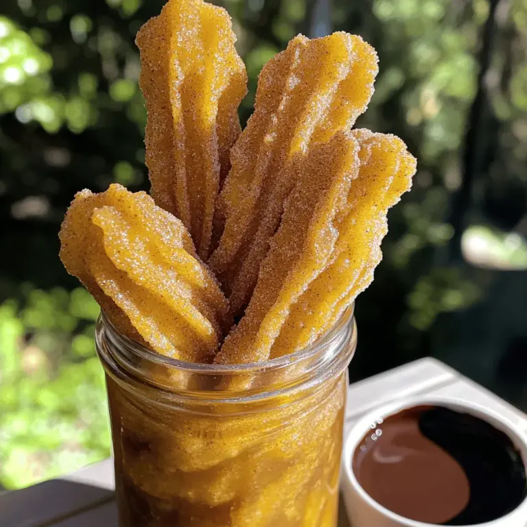 To make delicious churros, gather these key ingredients: - 1 cup water - 1/2 cup unsalted butter - 1 tablespoon sugar - 1/4 teaspoon salt - 1 cup all-purpose flour - 2 large eggs - 1 teaspoon vanilla extract - Oil for frying These ingredients form the base of your churro dough. The water and butter create a rich flavor, while the flour gives the dough its structure. Eggs add richness and help the churros puff up. Vanilla gives a lovely aroma. You can personalize your churros with these options: - 1/2 cup granulated sugar (for coating) - 2 teaspoons ground cinnamon (for coating) - Chocolate sauce for dipping - Nutella or caramel for filling Using different coatings or fillings can change the taste and make each batch unique. Try different spices like nutmeg or even a pinch of cayenne for a spicy kick. To make churros, you will need: - A medium saucepan - Wooden spoon - Piping bag with a star-shaped tip - Deep frying pan or pot - Slotted spoon - Paper towels These tools help you create and fry the churros perfectly. The frying pan should hold enough oil for the churros to float. A slotted spoon makes it easy to remove them from hot oil without burning yourself. For the full recipe, check [Full Recipe]. To make the dough, start by boiling water, butter, sugar, and salt. In a medium saucepan, mix these ingredients over medium heat. Stir until the butter melts. Once it boils, remove it from the heat. Add one cup of all-purpose flour all at once. Stir quickly with a wooden spoon. The dough should form a ball and pull away from the pan sides. Let it cool for about ten minutes. Then, add two large eggs one at a time. Mix well after each egg. Finally, stir in one teaspoon of vanilla extract until it's smooth. Now, transfer the dough to a piping bag with a star-shaped tip. Next, heat the oil in a deep frying pan or pot. Aim for a temperature of about 350°F (175°C). Once the oil is hot, pipe 4-6 inch long strips of dough into the oil. Use scissors to cut off the dough. Fry the churros until they turn golden brown on all sides. This takes about 2-3 minutes per side. Always work in batches to avoid overcrowding the pan. Once done, use a slotted spoon to take them out. Drain them on paper towels. While the churros are still warm, it's time to coat them. In a shallow dish, mix together 1/2 cup of granulated sugar and 2 teaspoons of ground cinnamon. Roll each churro in this mixture, covering them evenly. This step adds flavor and makes them extra sweet. Serve the churros right away for the best taste. For a fun touch, place them in a tall glass or jar. You can also add a small bowl of warm chocolate sauce for dipping. Enjoy your homemade cinnamon sugar churros! For churros, texture is key. You want them crispy outside and soft inside. To get this right, make sure your oil is hot enough—about 350°F (175°C). If the oil is too cool, your churros will soak up too much oil and become greasy. Fry in small batches. This keeps the oil temperature steady and ensures even cooking. One common mistake is not cooling the dough enough before adding the eggs. If the dough is too hot, the eggs will cook. Mix them in once the dough has cooled for about 10 minutes. Also, be careful not to overcrowd the frying pan. This can drop the oil temperature and cause uneven cooking. Serve your churros in a tall glass or jar. This makes a fun display. Dust them with extra cinnamon sugar for a lovely look. Pair them with a small bowl of warm chocolate sauce for dipping. This adds a rich flavor and takes your churros to the next level. For a full recipe, check the details above! {{image_2}} You can take churros to the next level with fillings. Here are some tasty ideas: - Chocolate: Melt chocolate and pipe it inside. It adds a rich flavor. - Dulce de leche: This sweet treat gives a creamy texture inside. - Vanilla cream: A smooth vanilla filling makes churros extra special. - Peanut butter: For a nutty twist, use creamy peanut butter. Each filling gives the churros a fun surprise. Try different ones to see which you love most! Many people need gluten-free options. You can use gluten-free flour instead of all-purpose flour. Look for blends that work for frying. If you want a healthier version, consider using: - Baked churros: Instead of frying, bake them for a lighter snack. - Whole wheat flour: This adds fiber and a nutty taste. - Less sugar: You can reduce the sugar in the dough for a healthier treat. These options keep the churros tasty while making them better for you. Cinnamon is classic, but you can switch it up! Try these flavor variations: - Nutmeg: This spice adds warmth and depth. - Cardamom: A little cardamom brings a unique taste. - Cocoa powder: Mix this into the sugar for a chocolatey twist. - Coconut: Add shredded coconut to the sugar for a tropical vibe. These flavors will make your churros exciting and fun to eat. Let your taste buds explore new things! For the full recipe, click [Full Recipe]. To keep your churros fresh, store them in an airtight container. Let them cool first. Place a paper towel at the bottom. This absorbs any moisture. Store them at room temperature for up to two days. If you need to keep them longer, consider freezing. To reheat churros, use an oven for best results. Preheat your oven to 350°F (175°C). Place the churros on a baking sheet. Heat for about 5-7 minutes until warm. This method helps regain their crispiness. You can also use an air fryer. Heat them at 350°F for about 3-4 minutes. To freeze churros, allow them to cool completely first. Arrange them in a single layer on a baking sheet. Freeze them for about an hour. Once frozen, transfer them to a freezer bag. Remove as much air as possible. Churros can last in the freezer for up to three months. When you want to enjoy them, simply reheat as mentioned above. For a fun twist, try dipping them in warm chocolate sauce after reheating! To make churros crispy, use the right oil temperature. Heat the oil to 350°F (175°C). If it’s too cool, the churros will absorb oil and become soggy. Fry in small batches to keep the oil hot. Also, coat the churros in cinnamon sugar while they are warm. This adds to the crunch. Yes, churros can be made ahead. However, they taste best fresh. If you want to prepare ahead, fry them and let them cool. Store in an airtight container at room temperature for up to a day. Reheat in the oven for a few minutes before serving to restore some crispness. Serve churros warm in a tall glass or jar. Dust with extra cinnamon sugar for a beautiful look. Pair them with a small bowl of warm chocolate sauce for dipping. This adds a rich flavor and makes the experience even better. For a fun twist, try serving them with caramel sauce too! In this article, we explored how to make delicious cinnamon sugar churros. We covered essential and optional ingredients, along with equipment you'll need. You learned step-by-step how to prepare, fry, and coat your churros. I shared tips to achieve the perfect texture and avoid common mistakes. We also looked at variations, storage tips, and answered key FAQs. Now, you’re ready to enjoy fresh churros at home. Get creative with flavors and fillings to make them uniquely yours. Happy cooking!
