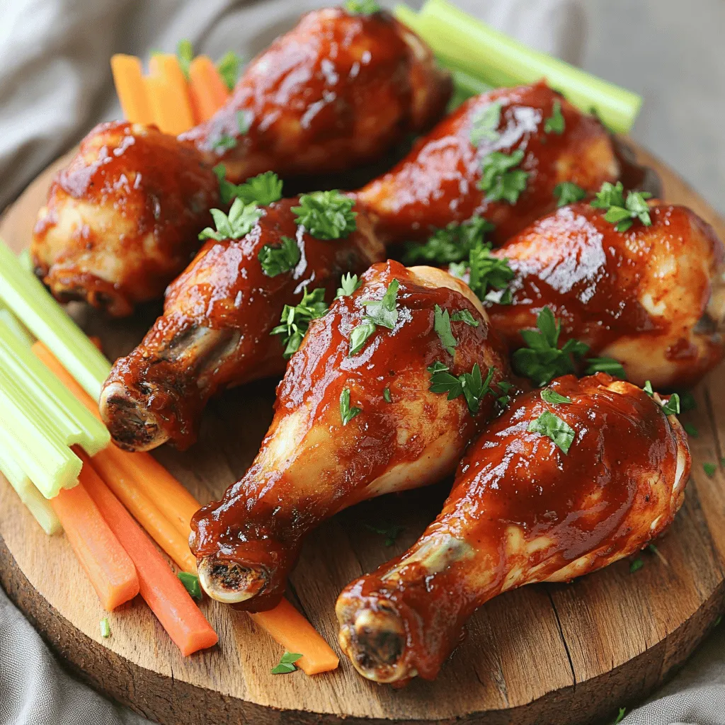 For Baked BBQ Chicken Drumsticks, you need simple ingredients. Here’s what I use: - 10 chicken drumsticks - 1 cup BBQ sauce (your favorite brand) - 2 tablespoons olive oil - 1 teaspoon garlic powder - 1 teaspoon onion powder - 1 teaspoon smoked paprika - 1 teaspoon black pepper - 1 teaspoon salt - ½ teaspoon cayenne pepper (optional for heat) - Fresh parsley, chopped (for garnish) These ingredients blend well to create a sweet and tangy flavor. The olive oil helps the spices stick to the chicken, while the BBQ sauce gives each drumstick a rich, tasty glaze. The spices add depth, making each bite a delight. Feel free to get creative! You can swap out the BBQ sauce for a different flavor. Each choice adds a new twist to the dish. You can also adjust the spices to match your taste. If you love heat, add more cayenne pepper. Using fresh parsley not only makes the dish look good but also adds a fresh taste. It’s a great way to finish off this easy meal. For the full recipe, refer to the details provided earlier. Enjoy cooking these delicious drumsticks! - Preheat oven to 425°F (220°C). - Prepare a baking sheet with parchment paper. First, I set my oven to preheat. This makes sure the drumsticks cook evenly. Lining the baking sheet with parchment paper helps with easy cleanup. It also keeps the chicken from sticking. - Mix spices and olive oil in a bowl. - Toss drumsticks to coat evenly. Next, I grab a big mixing bowl. I combine olive oil, garlic powder, onion powder, smoked paprika, black pepper, salt, and cayenne pepper. This spice mix gives the drumsticks great flavor. After mixing, I toss the chicken in the bowl. I make sure every piece gets coated well. - Arrange on baking sheet. - Bake for 25 minutes, add BBQ sauce, bake for an additional 15 minutes. - Broil for extra caramelization if desired. Now, I place the coated drumsticks on the baking sheet. I leave space between them to help with cooking. Then, I bake them for 25 minutes. After that, I take them out and brush BBQ sauce on each drumstick. I put them back in for another 15 minutes. This makes the chicken juicy and the skin crispy. If I want extra flavor, I switch to broil for 2-3 minutes. I watch closely so they don’t burn. To check for doneness, use a meat thermometer. Insert it into the thickest part of the drumstick. The chicken should reach 165°F (75°C) to be safe to eat. If you don’t have a thermometer, cut into the meat. The juices should run clear, not pink. For crispy skin, start with dry drumsticks. Pat them down with paper towels to remove moisture. Use a high heat, like 425°F (220°C), to help the skin crisp up. You can also broil them for a few minutes at the end for extra crunch. Feel free to experiment with different BBQ sauces. Each sauce brings its own taste. Try a sweet sauce for a sticky finish, or a spicy sauce for heat. You can mix sauces too! Adding fresh herbs or spices before baking can boost flavor. Try rosemary, thyme, or even a touch of ginger. These ingredients add depth and make a simple dish shine. Pair your drumsticks with tasty side dishes. Coleslaw, corn on the cob, or baked beans work great. They add color and flavor to your meal. For a beautiful serving platter, arrange the drumsticks neatly. Add a small bowl of BBQ sauce for dipping. Garnish with fresh vegetables, like carrot sticks or celery. This adds crunch and makes your dish pop. For the full recipe, check the details above to make this meal a hit! {{image_2}} You can cook baked BBQ chicken drumsticks in different ways. Grilling adds a smoky flavor. The grill gives the chicken a nice char and crisp skin. You need to watch the heat closely to avoid burning. A slow cooker is another option. It keeps the chicken moist and tender. Just add the drumsticks and your BBQ sauce. Cook on low for 6-8 hours or high for 3-4 hours. This method is great for busy days. Changing the BBQ sauce can make a big difference. Try a spicy sauce for heat or a sweet sauce for a different taste. You can mix sauces for your own unique blend. Adding marinades or dry rubs before cooking can also change the flavor. Use herbs like rosemary or spices like cumin. Let the chicken marinate for at least an hour for the best results. For gluten-free options, check the BBQ sauce label. Many sauces have gluten, but there are great gluten-free brands available. If you're watching sugar intake, choose low-sugar BBQ sauce. You can also make your own sauce with tomato paste, vinegar, and spices. This way, you control the sugar content and still enjoy great taste. For the full recipe, check out the details above. After enjoying your baked BBQ chicken drumsticks, store leftovers right away. Place them in a shallow container. Cover the container with a lid or plastic wrap. This keeps the drumsticks fresh and safe. - Refrigeration Tips: Store in the fridge. They will stay good for up to four days. Make sure your fridge is at 40°F (4°C) or lower. Check the temperature often to ensure safety. - Best Practices for Freezing: If you want to save them longer, freeze the drumsticks. Wrap each one in plastic wrap. Then place them in a freezer bag. They can last up to three months in the freezer. Be sure to label the bag with the date. Reheating your drumsticks can be easy and delicious. - Recommended Methods for Reheating Drumsticks: The best way is to use an oven. Preheat it to 350°F (175°C). Place the drumsticks on a baking sheet. Heat them for about 15 to 20 minutes. You can also use a microwave for quick reheating. However, the oven keeps them crispy. - Keeping the Skin Crispy When Reheating: To keep the skin crispy, avoid covering them with foil. If you use the microwave, heat them in short bursts. This helps prevent sogginess. Baked BBQ chicken drumsticks can last well in storage. - How Long Do Baked BBQ Chicken Drumsticks Last in the Fridge/Freeze? In the fridge, they last for four days. In the freezer, they can stay fresh for up to three months. Always check for signs of spoilage before eating. If they look or smell off, it’s best to toss them. Yes, you can. To prepare skinless chicken, choose fresh, high-quality drumsticks. Remove the skin carefully. Brush the drumsticks with olive oil to keep them moist. Use your favorite spices to add flavor. Bake as you would normally, checking for doneness. The cooking time may be a bit shorter without skin. Check the thickest part of the drumstick with a meat thermometer. The safe internal temperature for chicken is 165°F (75°C). If you don’t have a thermometer, look for clear juices when you pierce the meat. The meat should not be pink. Yes, chicken thighs are a great substitute. Thighs generally need more cooking time. Bake them for about 30-35 minutes before adding BBQ sauce. Ensure they also reach the safe internal temperature of 165°F (75°C). Yes, but use caution. Store leftover BBQ sauce in the fridge within two hours of use. Keep it in a clean, airtight container. Use it within a week for best taste. Never reuse sauce that touched raw chicken without boiling it first. In this post, we covered how to make delicious baked BBQ chicken drumsticks from scratch. We explored the ingredients, step-by-step instructions, and tips for perfecting your dish. You learned about different cooking methods, flavor variations, and how to store leftovers properly. Now, it's time to get cooking! Enjoy the process, experiment, and delight your friends and family. The joy of great food comes from sharing it with loved ones. Happy cooking!
