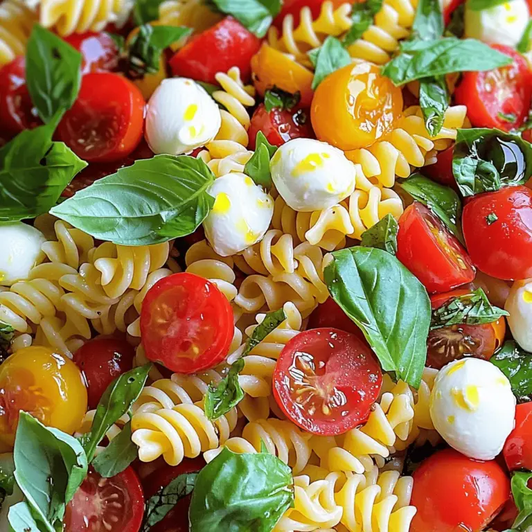- 2 cups uncooked pasta (fusilli or penne) - 1 cup cherry tomatoes, halved - 1 cup fresh mozzarella balls (bocconcini), drained - 1/2 cup fresh basil leaves, torn - 3 tablespoons extra virgin olive oil - 1 tablespoon balsamic vinegar - 1 garlic clove, minced - Salt and pepper to taste - 1/4 teaspoon red pepper flakes (optional) To create a delightful Caprese Pasta Salad, use high-quality ingredients. Fresh ingredients make a big difference. I always choose ripe cherry tomatoes and creamy mozzarella. These ingredients bring out the best flavors. This salad is not just tasty; it's also healthy. Each serving has about 300 calories. You get protein from the mozzarella and carbs from the pasta. This salad is a great choice for a light meal. When making this dish, fresh is best. Look for bright colors in your tomatoes and soft texture in mozzarella. Fresh basil adds aroma and taste. The better your ingredients, the better your salad will be. Always try to buy local and seasonal produce if you can. *How to achieve al dente pasta* To make perfect pasta, start by boiling water in a large pot. Add salt to the water. This helps the pasta taste better. Cook the pasta until it is al dente, which means it is firm but not hard. Check the package for the cooking time. Usually, it takes about 8 to 10 minutes. *Rinsing pasta under cold water* Once the pasta is done, drain it in a colander. Rinsing it under cold water stops the cooking. This keeps the pasta from getting mushy. After rinsing, let it sit for a few minutes to cool down. *Ingredients for the dressing* For the dressing, you need: - 3 tablespoons extra virgin olive oil - 1 tablespoon balsamic vinegar - 1 garlic clove, minced - Salt and pepper to taste - 1/4 teaspoon red pepper flakes (optional) *Whisking technique* In a small bowl, add the olive oil, balsamic vinegar, minced garlic, salt, pepper, and red pepper flakes if you want some heat. Use a whisk to mix everything together. Make sure it blends well. A good mix makes the salad taste great. *Order of ingredient mixing* In a large mixing bowl, combine the halved cherry tomatoes, fresh mozzarella balls, and torn basil leaves. Add the cooled pasta to this bowl. It creates a colorful and tasty mix. *Proper tossing technique for even distribution* Drizzle the dressing over the pasta salad. Now, toss everything gently. Use two large spoons to lift and turn the salad. This helps coat all the ingredients, so every bite is full of flavor. You can easily make this Caprese Pasta Salad your own. Adding protein boosts flavor and makes it heartier. Try grilled chicken or shrimp for extra protein. You can also use chickpeas for a vegetarian option. Cheese is another area for fun. While fresh mozzarella is classic, you can swap it for burrata or feta. These cheeses bring different flavors and textures to the dish. To enhance the flavor, play with herbs and spices. Fresh herbs like oregano or thyme can add depth. You might also try a pinch of garlic powder or lemon zest for brightness. Balancing acidity is key. If you find the salad too tart, add more olive oil. If it’s too rich, a splash of balsamic vinegar can help. Taste as you go for the best results. Making this salad ahead of time is a smart way to save time. Just cook the pasta and prep the veggies a day before. Store them separately in the fridge to keep everything fresh. When storing leftovers, use an airtight container. This keeps the salad crisp and tasty. It lasts about three days in the fridge. If it starts to look off, it’s best to toss it. {{image_2}} You can make Caprese Pasta Salad even more fun by adding seasonal veggies. Zucchini and bell peppers work great. They add color and crunch. You can also mix in fruits like avocado or olives. They bring a creamy texture and a burst of flavor. This makes your salad unique and refreshing. If you need gluten-free options, try using gluten-free pasta. There are many types available now. This way, everyone can enjoy the salad. For a vegan twist, swap out the cheese. Use a plant-based cheese or skip it altogether. You can also use a vegan dressing made from olive oil and vinegar. Make your salad shine at gatherings! Serve it in a large, colorful bowl. You can garnish it with extra basil leaves or a drizzle of balsamic glaze. Pair your Caprese Pasta Salad with grilled chicken or shrimp for a complete meal. It goes well with garlic bread or a light soup. For more details, check out the Full Recipe. Store your Caprese pasta salad in a clean, airtight container. Glass or plastic containers are best. They keep the salad fresh and safe. Ensure you seal the container tightly after use. This prevents air from getting in and spoiling the salad. For extra freshness, place a paper towel inside the lid. It absorbs moisture and keeps the pasta salad crisp. Always refrigerate your salad right after serving. This keeps it cool and tasty for later. Caprese pasta salad lasts about 3 to 5 days in the fridge. It’s best to eat it within the first 3 days for optimal taste. Watch for signs of spoilage. If you see a change in color or smell, it’s time to toss it. Mold is also a clear sign that the salad is no longer good. Always trust your senses when checking for spoilage. Reheating Caprese pasta salad can be tricky. You want to keep the flavors fresh and bright. The best way is to use the microwave. Heat it in short bursts of 15-20 seconds. Stir between each burst to ensure even warming. You can also serve it cold, which is how it tastes best. If you want to enjoy it warm, consider adding fresh ingredients after reheating. This can help maintain the dish’s vibrant flavors. Yes, you can use many kinds of pasta. Fusilli and penne are great choices. You can also try farfalle or rotini. These shapes hold the dressing well. You can even use whole wheat or even vegetable-based pasta for added flavor and nutrition. To make a gluten-free Caprese pasta salad, choose gluten-free pasta. Rice or corn pasta works well. Cook it just like regular pasta. You may need to adjust cooking times based on the brand. Rinse the pasta to stop cooking, just like usual. No, they are not the same. A Caprese salad is fresh tomatoes, mozzarella, and basil. It is served with olive oil. Caprese pasta salad adds pasta to this mix. This makes it a hearty meal or side dish. The flavors remain the same, but the texture changes. You can enjoy both in different ways. This blog post covered how to make a delicious Caprese Pasta Salad. I shared essential ingredients, cooking steps, and tips for customization. Fresh ingredients are key for great taste. Experiment with flavors by adding your favorite veggies or proteins. Remember to store leftovers properly for later enjoyment. With these ideas, you're ready to create a tasty dish that stands out. Enjoy crafting your salad and making it your own!