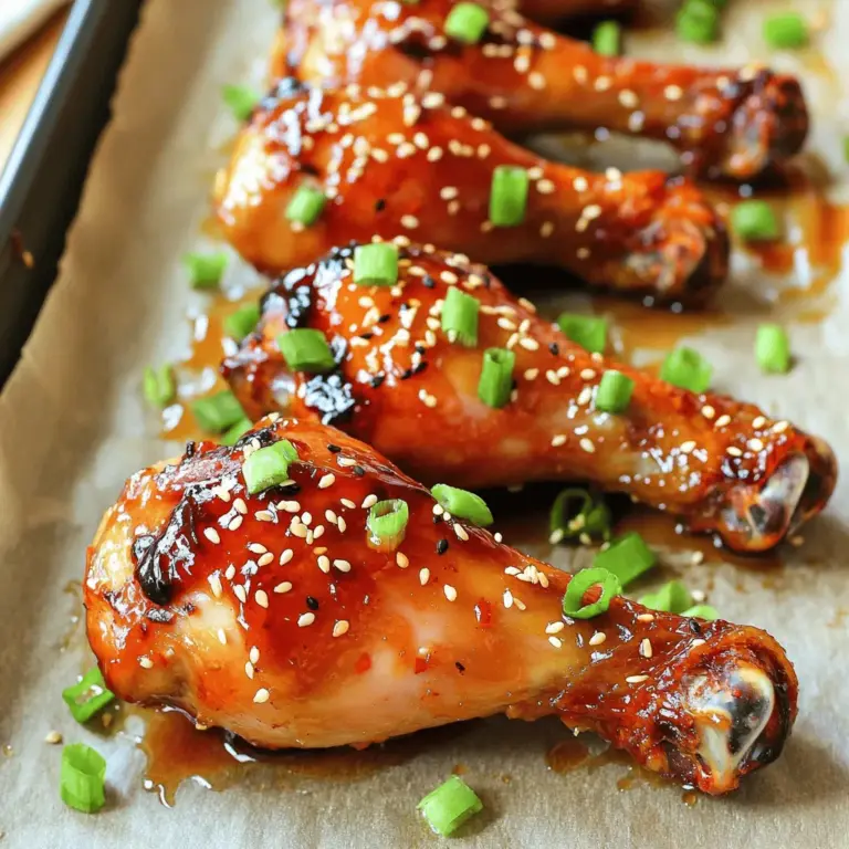 - 8 chicken drumsticks - 1/4 cup honey - 2 tablespoons soy sauce - 2 tablespoons sriracha sauce The chicken drumsticks are the star here. They give you juicy meat and perfect texture. Honey and soy sauce add sweetness and umami, making the dish rich and flavorful. Sriracha sauce brings in the heat, balancing the sweetness. - 1 tablespoon apple cider vinegar - 2 garlic cloves, minced - 1 teaspoon fresh ginger, grated - 1/2 teaspoon black pepper - 1/2 teaspoon salt - 1/4 teaspoon smoked paprika Apple cider vinegar adds a tangy touch. Garlic and ginger bring warmth and depth. Black pepper and smoked paprika enhance the overall taste, giving it a nice kick. - 2 green onions, finely chopped (for garnish) - 1 tablespoon sesame seeds (for garnish) Green onions add a fresh crunch. Sesame seeds give a nutty flavor and a lovely look. These garnishes make your dish pop and look stunning. To see the full recipe, check the earlier section. - Preheat the oven to 400°F (200°C). - Prepare a baking sheet with parchment paper. - Mix honey, soy sauce, sriracha, and vinegar in a bowl. - Incorporate minced garlic, grated ginger, black pepper, and smoked paprika. - Place chicken drumsticks in a large ziplock bag or bowl. - Pour the marinade over the chicken and seal the bag or cover the bowl. - Refrigerate for at least 30 minutes for flavor. - Arrange the marinated drumsticks on the prepared baking sheet. - Make sure to leave space between each piece. - Bake for 35-40 minutes. - Check if the internal temperature reaches 165°F (74°C). - Halfway through baking, baste the drumsticks with leftover marinade. - Brush them with the glaze once or twice for added flavor. - Remove the chicken from the oven and let it rest for a few minutes. - Garnish with chopped green onions and sesame seeds before serving. - Serve hot to enjoy the sweet and spicy goodness. For the complete recipe, check the Full Recipe section. To make sure your drumsticks cook just right, check the internal temperature. Use a meat thermometer to ensure it reaches 165°F (74°C). This step is key for food safety and quality. Each oven cooks differently, so adjust cooking times based on your oven type. If you have a convection oven, for example, you may need a shorter cooking time. Want to mix things up? You can vary the marinade flavors easily. Try adding citrus juice like lime or orange for a fresh twist. You can also mix in different herbs like cilantro or basil for added depth. Optional add-ins like chili flakes or honey mustard can boost the flavor even more. You control the spice! If you want a milder taste, cut back on the sriracha or use a milder hot sauce. To kick up the heat, add more sriracha or use fresh peppers. Jalapeños or habaneros can add an exciting zing. Use what you love and adjust the spice levels based on your preference. Follow the Full Recipe for more delicious details! {{image_2}} Grilling chicken drumsticks adds a smoky flavor that pairs well with the sweet and spicy marinade. To grill, preheat your grill to medium-high heat. Ensure the grill grates are clean and lightly oiled to prevent sticking. - Tips for grilling instead of baking: - Marinate the drumsticks as usual. - Instead of baking, place the drumsticks on the grill. - Keep the lid closed to trap heat. - Timing and temperature adjustments for grilling: - Grill the drumsticks for about 25-30 minutes. - Turn them every 5-7 minutes for even cooking. - Check for doneness when the internal temperature reaches 165°F (74°C). If you want that crispy texture without frying, try an air fryer or oven-frying technique. This method reduces oil, making it a healthier option. - Using an air fryer or oven-frying technique: - Preheat your air fryer to 400°F (200°C). - Arrange the marinated chicken in a single layer. - Adjusting cooking times and temperatures: - Cook in the air fryer for about 20-25 minutes. - If using a conventional oven, bake at 425°F (220°C) for 30-35 minutes. You can switch out chicken for other proteins like turkey, pork, or tofu. This gives you more variety and flavor. - Substituting chicken with other proteins: - For turkey, use drumsticks or thighs with the same marinade. - Pork ribs can absorb the marinade well and add a rich taste. - Cooking times for different meat types: - Turkey drumsticks take about 45 minutes at 375°F (190°C). - Pork ribs usually need 1.5 to 2 hours, depending on thickness. For the full recipe, refer back to the main sections to guide you through each step. Enjoy your cooking adventure! To keep your sweet and spicy chicken drumsticks fresh, store them in an airtight container. This helps lock in moisture and flavor. Place the container in the refrigerator. They stay good for about three to four days. If you want to keep them longer, freezing is a great option. For freezing, wrap each drumstick tightly in plastic wrap. Then, place them in a freezer bag. This prevents freezer burn and keeps them fresh. You can freeze the drumsticks for up to three months. When you’re ready to eat, thaw them in the fridge overnight. This keeps the taste and texture just right. To reheat, the oven is your best friend. Preheat it to 350°F (175°C). Place the drumsticks on a baking sheet and cover them with foil. This helps keep them juicy. Heat for about 20 minutes or until they reach 165°F (74°C). You can also reheat them in a microwave, but the oven gives them a better taste. Enjoy your delicious leftovers! Yes, you can use other cuts of chicken. Chicken breasts, thighs, or wings work well. Each type of chicken brings a unique texture and flavor. Breasts cook faster, while thighs stay moist due to their fat content. Wings can be great for parties or casual meals. To make this dish gluten-free, switch out the soy sauce. Use tamari or coconut aminos instead. These options have similar flavors without gluten. Always check labels on sauces to ensure they are gluten-free. This way, you can enjoy the sweet and spicy goodness without worry. You can serve many side dishes with these drumsticks. Rice or quinoa pairs well, soaking up the sauce. Roasted vegetables like carrots and broccoli add color and nutrition. A fresh salad with a light dressing also balances the meal. Feel free to mix and match based on your taste! Yes, you can turn this into a one-pan meal! Add chopped vegetables like bell peppers and zucchini to the baking sheet. Toss them in some olive oil and seasoning. This method saves time and makes cleanup easy. Just be sure to cut veggies into similar sizes for even cooking. Adjusting the recipe is simple. For fewer servings, cut the number of drumsticks and halve the marinade ingredients. For larger servings, double the recipe while keeping the same cooking time. Just ensure that the chicken pieces are spaced out on the baking sheet. This helps them cook evenly and get that tasty caramelization. For the full recipe, check the earlier section! In this blog post, we explored how to make sweet and spicy chicken drumsticks. We covered essential ingredients like chicken, honey, soy sauce, and Sriracha. You learned step-by-step instructions, from marinating to baking. We also shared tips for perfect results and delicious variations like grilling and air frying. These drumsticks are easy to make and full of flavor. With a few tweaks, you can customize the spice level and try different proteins. Enjoy your cooking adventure and savor every bite with family and friends!