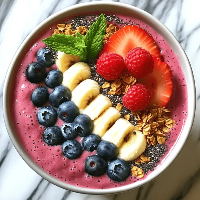 To make a delicious berry smoothie bowl, gather these main ingredients: - 1 cup mixed berries (strawberries, blueberries, raspberries) - 1 frozen banana - 1/2 cup Greek yogurt (or a dairy-free option) - 1/2 cup almond milk (or any milk you like) - 1 tablespoon honey or maple syrup (optional) - 1 tablespoon chia seeds These ingredients create a thick, creamy base packed with flavor and nutrition. You can add these items for more taste and texture: - 1 tablespoon granola (for crunch) - 1 tablespoon nut butter (like almond or peanut) - A scoop of protein powder (for extra protein) These optional ingredients help you customize your bowl to your liking. Top your smoothie bowl with these fun options: - Extra berries (blueberries, sliced strawberries) - Fresh mint leaves (for a pop of color) - Sliced banana (for added creaminess) - Shredded coconut (for a tropical twist) These toppings not only look great but also boost the flavor and nutrition of your bowl. Enjoy your berry smoothie bowl by following the [Full Recipe]. First, gather all your ingredients. You need mixed berries, a frozen banana, Greek yogurt, and almond milk. If you like sweetness, add honey or maple syrup. You can also use chia seeds and granola for extra texture. 1. Mix Ingredients: In a blender, add your berries, frozen banana, Greek yogurt, and almond milk. 2. Sweeten (Optional): If you want, add honey or maple syrup to taste. For a smooth and creamy texture, blend on high. Stop to scrape down the sides of the blender to mix everything well. If the smoothie is too thick, add a bit more almond milk. Blend until you reach your desired consistency. Pour your smoothie into a bowl for a beautiful look. Sprinkle chia seeds on top for extra nutrition. Add a handful of granola for crunch. Decorate the bowl with some berries and fresh mint leaves for a pop of color. Serve immediately and enjoy your berry smoothie bowl! For the full recipe, check out the Berry Bliss Smoothie Bowl section. When picking berries, look for bright colors. Choose firm berries without any soft spots. Fresh berries should smell sweet and fruity. Avoid any that have mold or signs of bruising. If you can, buy organic to avoid pesticides. Seasonal berries taste best and are often cheaper. For a thick smoothie bowl, use frozen fruit. A frozen banana works wonders in giving you a creamy base. Blend your berries with yogurt and milk until smooth. If it’s too thick, add a little more milk. You want it to be thick enough to hold toppings without becoming runny. To save time, prep your ingredients ahead. You can freeze mixed berries and bananas in bags. Measure out yogurt and milk in advance, too. In the morning, just blend everything together. This makes breakfast quick and easy. You can store your smoothie mixture in the fridge for up to 24 hours. Don't forget to add toppings right before you eat! For the full recipe, check out Berry Bliss Smoothie Bowl. {{image_2}} You can easily make this berry smoothie bowl dairy-free. Just swap Greek yogurt with a plant-based yogurt. Coconut or almond yogurt works well. For milk, use almond, soy, or oat milk. These options keep all the flavor while being vegan. You won’t miss the dairy one bit. Berries are great, but feel free to mix it up. Try mango, peach, or pineapple for a tropical twist. Add spinach or kale for a green boost. You could even blend in a spoonful of nut butter for creaminess. Each fruit brings its own taste and health benefits. Toppings make your bowl fun and tasty. Try sliced bananas, coconut flakes, or nuts for crunch. You can use seeds like pumpkin or sunflower for extra nutrition. Fresh herbs, like basil or mint, can add a nice touch. Each topping brings texture and flavor to your bowl. This berry smoothie bowl recipe is all about creativity. Explore your options and enjoy every bite! Check out the Full Recipe to start blending. If you have leftover smoothie mixture, pour it into a clean container. Seal the container tightly. You can store it in the fridge for up to two days. When you’re ready to drink it, shake well to mix. If it’s too thick, add a splash of almond milk to loosen it. Freezing is a great way to keep your ingredients fresh. Wash your berries and slice the banana before freezing. Then, spread them on a baking sheet in a single layer. Freeze until solid, then transfer to a zip-top bag. This method keeps them from sticking together. You can use them later for your smoothie bowl. To keep your toppings fresh, store them separately. Granola stays crunchy in an airtight container. Keep fresh berries in the fridge in a breathable container. This helps them last longer. For mint leaves, wrap them in a damp paper towel. Place them in a plastic bag and store them in the fridge. This keeps them fresh and green. For the best results, use toppings just before serving your bowl. The best berries for a smoothie bowl are strawberries, blueberries, and raspberries. These berries add flavor and color. Strawberries provide sweetness, blueberries bring a hint of tartness, and raspberries add a lovely texture. You can mix these berries or pick your favorite. For a unique twist, add blackberries or acai berries. These fruits are rich in vitamins and antioxidants, making your smoothie bowl not just tasty but also healthy. Yes, you can make a smoothie bowl in advance. Blend your ingredients and store them in an airtight container. Keep it in the fridge for up to 24 hours. If you want to prepare it for later, freeze the smoothie base in ice cube trays. When you're ready to eat, blend the frozen cubes with a splash of milk. This saves time and keeps your smoothie bowl fresh. To make your smoothie bowl more nutritious, add a few simple ingredients. You can include spinach or kale for extra vitamins. Nuts and seeds, like almonds or chia seeds, boost protein and fiber. Greek yogurt adds creaminess and probiotics. If you want more energy, toss in some oats. These ingredients will enhance the flavor and give you a healthy start to your day. Check out the Full Recipe for more ideas on making your bowl even better! You learned about making an amazing berry smoothie bowl. We covered essential and optional ingredients. We explored tips for blending and serving. You now have ideas for variations and storage. Smoothie bowls are fun and healthy. You can mix flavors and toppings to your liking. With fresh ingredients, you create a dish that delights. Enjoy putting your spin on this tasty treat!