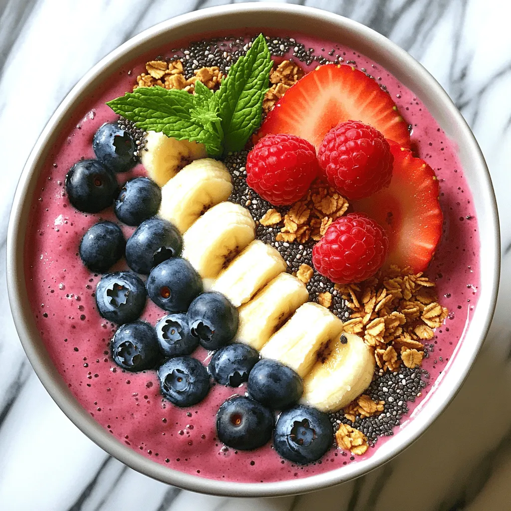 To make a delicious berry smoothie bowl, gather these main ingredients: - 1 cup mixed berries (strawberries, blueberries, raspberries) - 1 frozen banana - 1/2 cup Greek yogurt (or a dairy-free option) - 1/2 cup almond milk (or any milk you like) - 1 tablespoon honey or maple syrup (optional) - 1 tablespoon chia seeds These ingredients create a thick, creamy base packed with flavor and nutrition. You can add these items for more taste and texture: - 1 tablespoon granola (for crunch) - 1 tablespoon nut butter (like almond or peanut) - A scoop of protein powder (for extra protein) These optional ingredients help you customize your bowl to your liking. Top your smoothie bowl with these fun options: - Extra berries (blueberries, sliced strawberries) - Fresh mint leaves (for a pop of color) - Sliced banana (for added creaminess) - Shredded coconut (for a tropical twist) These toppings not only look great but also boost the flavor and nutrition of your bowl. Enjoy your berry smoothie bowl by following the [Full Recipe]. First, gather all your ingredients. You need mixed berries, a frozen banana, Greek yogurt, and almond milk. If you like sweetness, add honey or maple syrup. You can also use chia seeds and granola for extra texture. 1. Mix Ingredients: In a blender, add your berries, frozen banana, Greek yogurt, and almond milk. 2. Sweeten (Optional): If you want, add honey or maple syrup to taste. For a smooth and creamy texture, blend on high. Stop to scrape down the sides of the blender to mix everything well. If the smoothie is too thick, add a bit more almond milk. Blend until you reach your desired consistency. Pour your smoothie into a bowl for a beautiful look. Sprinkle chia seeds on top for extra nutrition. Add a handful of granola for crunch. Decorate the bowl with some berries and fresh mint leaves for a pop of color. Serve immediately and enjoy your berry smoothie bowl! For the full recipe, check out the Berry Bliss Smoothie Bowl section. When picking berries, look for bright colors. Choose firm berries without any soft spots. Fresh berries should smell sweet and fruity. Avoid any that have mold or signs of bruising. If you can, buy organic to avoid pesticides. Seasonal berries taste best and are often cheaper. For a thick smoothie bowl, use frozen fruit. A frozen banana works wonders in giving you a creamy base. Blend your berries with yogurt and milk until smooth. If it’s too thick, add a little more milk. You want it to be thick enough to hold toppings without becoming runny. To save time, prep your ingredients ahead. You can freeze mixed berries and bananas in bags. Measure out yogurt and milk in advance, too. In the morning, just blend everything together. This makes breakfast quick and easy. You can store your smoothie mixture in the fridge for up to 24 hours. Don't forget to add toppings right before you eat! For the full recipe, check out Berry Bliss Smoothie Bowl. {{image_2}} You can easily make this berry smoothie bowl dairy-free. Just swap Greek yogurt with a plant-based yogurt. Coconut or almond yogurt works well. For milk, use almond, soy, or oat milk. These options keep all the flavor while being vegan. You won’t miss the dairy one bit. Berries are great, but feel free to mix it up. Try mango, peach, or pineapple for a tropical twist. Add spinach or kale for a green boost. You could even blend in a spoonful of nut butter for creaminess. Each fruit brings its own taste and health benefits. Toppings make your bowl fun and tasty. Try sliced bananas, coconut flakes, or nuts for crunch. You can use seeds like pumpkin or sunflower for extra nutrition. Fresh herbs, like basil or mint, can add a nice touch. Each topping brings texture and flavor to your bowl. This berry smoothie bowl recipe is all about creativity. Explore your options and enjoy every bite! Check out the Full Recipe to start blending. If you have leftover smoothie mixture, pour it into a clean container. Seal the container tightly. You can store it in the fridge for up to two days. When you’re ready to drink it, shake well to mix. If it’s too thick, add a splash of almond milk to loosen it. Freezing is a great way to keep your ingredients fresh. Wash your berries and slice the banana before freezing. Then, spread them on a baking sheet in a single layer. Freeze until solid, then transfer to a zip-top bag. This method keeps them from sticking together. You can use them later for your smoothie bowl. To keep your toppings fresh, store them separately. Granola stays crunchy in an airtight container. Keep fresh berries in the fridge in a breathable container. This helps them last longer. For mint leaves, wrap them in a damp paper towel. Place them in a plastic bag and store them in the fridge. This keeps them fresh and green. For the best results, use toppings just before serving your bowl. The best berries for a smoothie bowl are strawberries, blueberries, and raspberries. These berries add flavor and color. Strawberries provide sweetness, blueberries bring a hint of tartness, and raspberries add a lovely texture. You can mix these berries or pick your favorite. For a unique twist, add blackberries or acai berries. These fruits are rich in vitamins and antioxidants, making your smoothie bowl not just tasty but also healthy. Yes, you can make a smoothie bowl in advance. Blend your ingredients and store them in an airtight container. Keep it in the fridge for up to 24 hours. If you want to prepare it for later, freeze the smoothie base in ice cube trays. When you're ready to eat, blend the frozen cubes with a splash of milk. This saves time and keeps your smoothie bowl fresh. To make your smoothie bowl more nutritious, add a few simple ingredients. You can include spinach or kale for extra vitamins. Nuts and seeds, like almonds or chia seeds, boost protein and fiber. Greek yogurt adds creaminess and probiotics. If you want more energy, toss in some oats. These ingredients will enhance the flavor and give you a healthy start to your day. Check out the Full Recipe for more ideas on making your bowl even better! You learned about making an amazing berry smoothie bowl. We covered essential and optional ingredients. We explored tips for blending and serving. You now have ideas for variations and storage. Smoothie bowls are fun and healthy. You can mix flavors and toppings to your liking. With fresh ingredients, you create a dish that delights. Enjoy putting your spin on this tasty treat!
