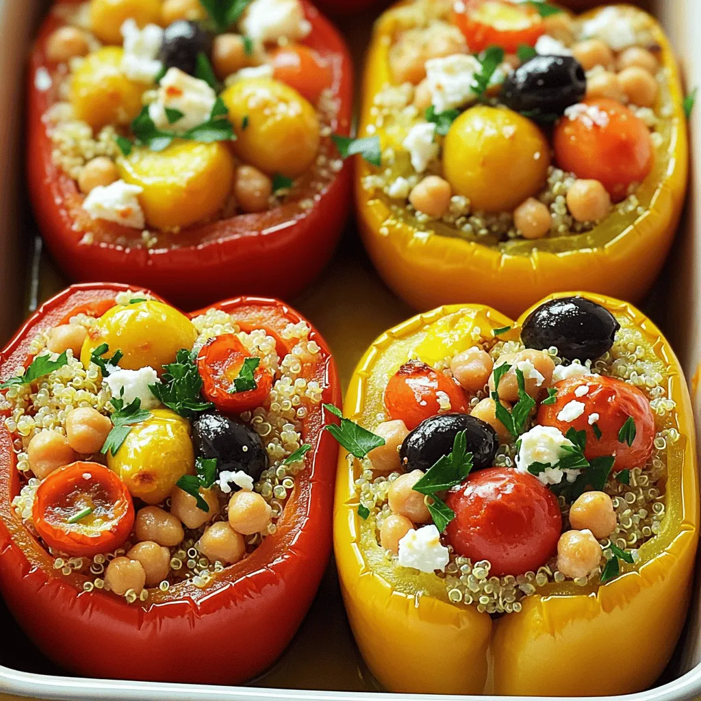 - 4 large bell peppers (any color) - 1 cup cooked quinoa - 1 cup cherry tomatoes, halved - 1 cup cooked chickpeas, drained and rinsed - 1/2 cup finely chopped red onion - 1/2 cup feta cheese, crumbled - 1/4 cup black olives, sliced - 2 tablespoons extra virgin olive oil - 1 tablespoon lemon juice - 1 teaspoon dried oregano - 1 teaspoon garlic powder - Salt and pepper to taste - Fresh parsley, chopped (for garnish) When I make Mediterranean stuffed peppers, I love using fresh and colorful bell peppers. They add a nice crunch and vibrant look to the dish. You can choose any color—red, yellow, or green. Each one has its own unique taste. Next, I cook quinoa as my base. Quinoa is a super grain packed with protein and fiber. It gives the dish a hearty feel. You can cook it ahead of time to save time. Cherry tomatoes add sweetness and juiciness. They burst with flavor when you bite into them. Chickpeas provide a nice texture and add more protein. I like to rinse them to remove any excess salt. Red onion adds a slight bite. It balances well with the creamy feta cheese, which brings richness. The black olives add a salty, savory touch that ties all the flavors together. For the dressing, I mix olive oil and lemon juice for brightness. Dried oregano and garlic powder are my go-to spices. They add depth without overpowering the other flavors. I season with salt and pepper to taste. Finally, I sprinkle fresh parsley on top for a pop of green. It adds a fresh taste and makes the dish look pretty. This recipe is not just delicious; it is also healthy. You can find the full recipe to make these delightful Mediterranean stuffed peppers in the article. 1. Preheat the oven and prepare bell peppers: First, set your oven to 375°F (190°C). This heat will help cook the peppers evenly. Next, take four large bell peppers. Cut off the tops and remove the seeds and membranes. Set them aside for later. 2. Mixing the stuffing ingredients: In a large bowl, combine one cup of cooked quinoa, one cup of halved cherry tomatoes, and one cup of cooked chickpeas. Add half a cup of finely chopped red onion, half a cup of crumbled feta cheese, and a quarter cup of sliced black olives. Drizzle two tablespoons of extra virgin olive oil and one tablespoon of lemon juice over this mix. Sprinkle in one teaspoon of dried oregano, one teaspoon of garlic powder, and some salt and pepper. Stir all these ingredients well until they blend together nicely. 1. Stuffing the peppers and baking instructions: Carefully stuff each bell pepper with the prepared mixture. Press the filling down gently to pack it in. Place the stuffed peppers upright in a baking dish. Pour a splash of water into the bottom of the dish. This creates steam while baking, keeping the peppers moist. 2. Tips for ensuring even cooking: Cover the dish with aluminum foil before putting it in the oven. Bake for 25-30 minutes, or until the peppers are tender. After that, remove the foil and bake for an extra 10 minutes to crisp the tops slightly. Once they are done, let the peppers cool for a few minutes. Before serving, garnish them with fresh chopped parsley for a pop of color and flavor. You can find the full recipe for these delicious Mediterranean stuffed peppers above. To keep your peppers tender, do not bake them too long. Bake for 25-30 minutes, then check. If you want a soft bite, cover them with foil during baking. This helps steam them gently. For flavor, start with fresh herbs. Try basil or parsley. You can also add extra spice. A pinch of cumin or smoked paprika can make a big difference. Don’t forget to taste the filling before stuffing. Adjust salt and pepper to your liking. Garnishing makes your dish pop. Add fresh parsley on top for color. You can also sprinkle some extra feta cheese for a creamy touch. Slices of lemon on the side can brighten the plate. For serving, place the stuffed peppers on a big platter. This invites everyone to dig in. You can also serve them with a fresh salad or some crusty bread. This adds variety to your meal and balances the flavors. For the full recipe, check out the Mediterranean Stuffed Peppers section above. {{image_2}} For a vegetarian option, skip the feta cheese. Use a plant-based cheese instead. This keeps the dish creamy and tasty. If you want a vegan meal, use tofu or add more chickpeas for protein. You can also use nuts or seeds for added crunch. For gluten-free options, check the quinoa. Quinoa is naturally gluten-free, so you're safe there. Just ensure your other ingredients are also gluten-free. This makes the dish great for everyone, even those with gluten sensitivities. You can boost flavor in many ways. Try adding spices like cumin or smoked paprika. These spices bring a warm, rich taste. Fresh herbs like basil or dill can also add a fresh note. For different fillings, consider using brown rice or lentils. These alternatives offer new textures and flavors. You can also add ingredients like spinach or zucchini for extra veggies. Experimenting keeps this dish exciting and full of surprises. Check out the Full Recipe for more ideas! To keep your Mediterranean stuffed peppers fresh, store them in the fridge. First, let them cool completely. Then, place the leftovers in a tight container. Use glass or plastic containers with lids. Make sure they seal well to keep out air. This helps maintain flavor and texture. You can store them for up to three days. When it’s time to eat, you can reheat your stuffed peppers easily. Use the oven or microwave. For the oven, preheat to 350°F (175°C). Place the peppers in a baking dish and cover with foil. Heat for about 15 minutes or until warm. If you use a microwave, put the peppers on a plate. Heat them for 1-2 minutes, checking often. To keep the peppers tasty, avoid overheating. The stuffing should stay moist, and the peppers should stay tender. Enjoy your meal again with the same great flavors! For the full recipe, check the recipe section above. Can I freeze Mediterranean stuffed peppers? Yes, you can freeze these stuffed peppers. First, cool them completely after baking. Wrap each pepper in plastic wrap or foil. Place them in a freezer-safe bag or container. They will last for about three months. When you are ready, thaw them in the fridge overnight. Then, reheat them in the oven until warm. What can I serve with stuffed peppers? Stuffed peppers pair well with many sides. You might serve them with a fresh salad. A bowl of soup is also a great choice. For something heartier, try serving them with rice or crusty bread. Each side adds to the meal's flavor and texture. How do I know when the peppers are done cooking? You can tell the peppers are done when they become tender. A fork should easily pierce the skin. The filling inside should also be hot. If you see a bit of browning on top, that’s a good sign too. Can I use different types of peppers? Absolutely! You can use any bell peppers you like. Red, yellow, or green all work well. You can also try poblano peppers for a spicy kick. Just adjust the cooking time if the peppers are larger or smaller. Each type brings its own flavor to the dish. For the full recipe, check out the Mediterranean Stuffed Peppers section! Mediterranean stuffed peppers combine fresh ingredients packed with flavor. We explored the key ingredients, preparation steps, and cooking tips for the perfect dish. You learned about variations for dietary needs and how to store and reheat leftovers. This meal is not just tasty; it’s healthy, too. Enjoy adding your twist and making it yours! Now, get cooking and impress your family or friends with this delightful feast.