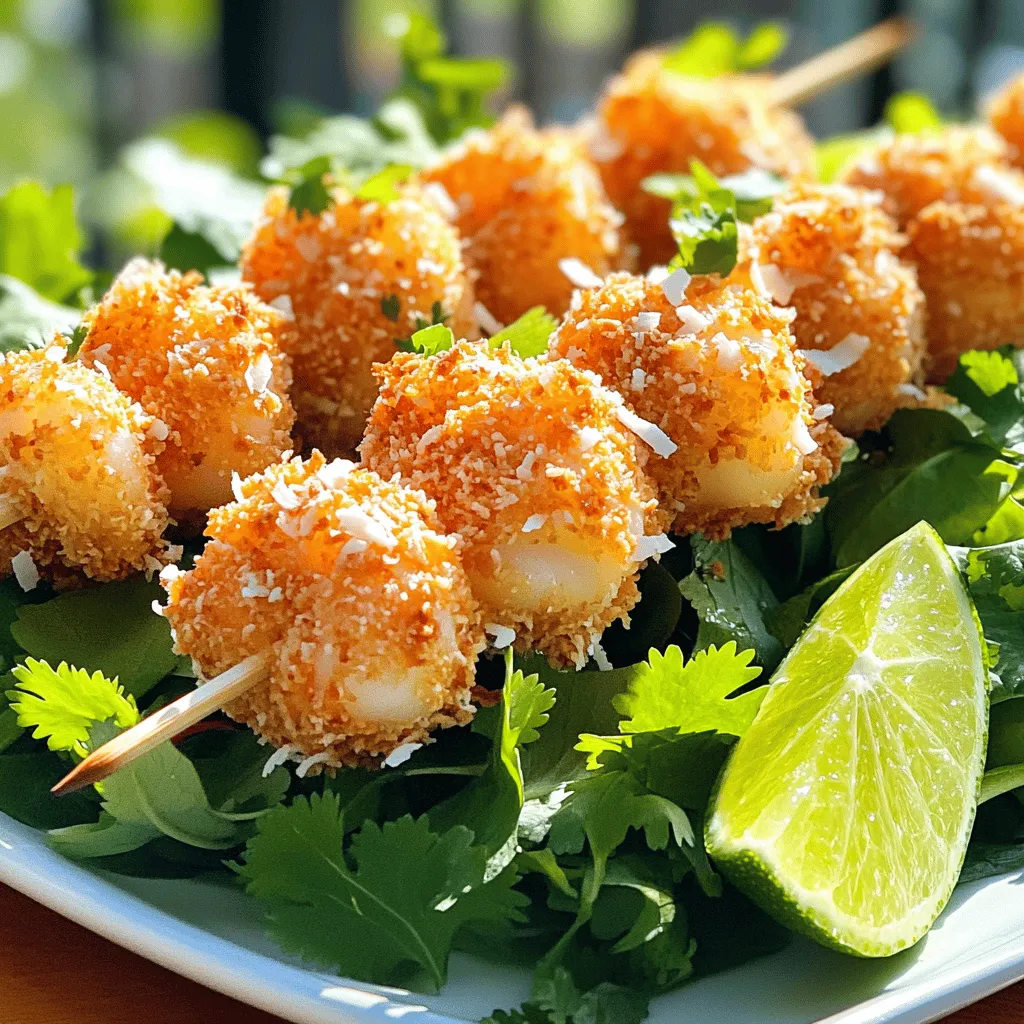 To start, gather these key ingredients for your Tropical Coconut Shrimp Skewers: - 1 pound large shrimp, peeled and deveined - 1 cup shredded coconut - 1/2 cup panko breadcrumbs - 1 tablespoon cornstarch - 2 eggs, beaten - 1/4 teaspoon cayenne pepper (optional) - Salt and pepper to taste - 1 tablespoon freshly squeezed lime juice - 1 tablespoon honey - Skewers (wooden or metal) These ingredients create a crispy, flavorful coating that perfectly pairs with the shrimp. You can enhance your skewers with these optional ingredients: - Chopped fresh cilantro for garnish - A dash of garlic powder for a savory kick - A squeeze of fresh orange juice for sweetness - Pineapple chunks for a tropical twist These additions bring new flavors and fun textures to your dish. For the best taste, use fresh ingredients whenever you can. Here are my suggestions: - Buy shrimp that is wild-caught for better flavor and quality. - Use fresh lime juice instead of bottled for a brighter taste. - Opt for organic coconut when possible to avoid additives. Choosing fresh ingredients elevates the dish and makes it more enjoyable. Don't forget to check the [Full Recipe] for step-by-step guidance. First, gather your ingredients for Tropical Coconut Shrimp Skewers. You need: - 1 pound large shrimp, peeled and deveined - 1 cup shredded coconut - 1/2 cup panko breadcrumbs - 1 tablespoon cornstarch - 2 eggs, beaten - 1/4 teaspoon cayenne pepper (optional) - Salt and pepper to taste - 1 tablespoon freshly squeezed lime juice - 1 tablespoon honey - Skewers (wooden or metal) If you use wooden skewers, soak them in water for about 30 minutes. This step helps prevent burning on the grill. Next, mix the shredded coconut, panko breadcrumbs, cornstarch, cayenne pepper, salt, and pepper in a shallow bowl. Set this bowl aside. In another bowl, beat the eggs and mix in lime juice and honey. This creates a tasty marinade for your shrimp. Now, dip each shrimp into the egg mixture. Let any extra egg drip off before coating the shrimp in the coconut-panko mix. Press gently so the coating sticks well. Once coated, thread 4-5 shrimp onto each skewer. Preheat your grill or grill pan over medium-high heat. Lightly oil the grill grates to stop the shrimp from sticking. Grill the skewers for 2-3 minutes on each side. You want the shrimp to turn opaque and the coating to be golden brown. When the skewers are ready, remove them from the grill. Serve them hot on a bed of mixed greens. Drizzle with more lime juice for a zesty kick. You can also garnish with lime wedges and fresh cilantro for a tropical look. For the full recipe, check the details above. Enjoy this fun, flavorful dish! To get a great crisp coating, start with dry shrimp. Pat them with paper towels. This helps the coating stick better. Use a mix of shredded coconut and panko breadcrumbs. This combo gives a nice crunch. Press the coating onto the shrimp firmly. This makes sure it stays during cooking. Grilling shrimp is fast and fun! Preheat your grill to medium-high heat. Lightly oil the grates to stop sticking. Place the skewers on the grill carefully. Cook them for 2 to 3 minutes on each side. Look for the shrimp to turn opaque and the coating to turn golden. Avoid moving them too much. This helps keep the coating intact. If you can't grill, use your oven or air fryer. For the oven, preheat it to 400°F. Place the skewers on a baking sheet lined with parchment paper. Bake for about 12 to 15 minutes. For an air fryer, set it to 375°F. Cook for about 8 to 10 minutes. Both methods will give you a tasty result, just like grilling! For the full recipe, refer to the earlier section. {{image_2}} For a kick, add Sriracha sauce to the egg mixture. This sauce brings heat to the dish. The spicy flavor pairs perfectly with the sweet coconut. You can adjust the Sriracha amount to your taste. A little goes a long way. I enjoy using a mix of heat and sweetness. Serve these spicy skewers with a cooling dip, like yogurt or sour cream. Mix shrimp with tropical fruits for a fun twist. Try pineapple, mango, or bell peppers. These fruits add color and sweetness to the skewers. Simply thread the shrimp and fruit onto the same skewer. Grill them together for a tasty blend of flavors. You can drizzle honey over the skewers for extra sweetness. This combo is great for summer barbecues and adds a vibrant touch. If you prefer a vegetarian option, use tofu or vegetables. Firm tofu works best; it holds its shape when grilled. You can coat the tofu in the same coconut mix. For veggies, try zucchini, bell peppers, or mushrooms. These add great taste and texture. Marinate the veggies in lime juice and spices for added flavor. Grill them until they are tender and slightly charred. This makes a great dish for everyone at your table. For more ideas, check out the Full Recipe. To keep leftover skewers fresh, place them in an airtight container. You can also wrap them tightly in plastic wrap or foil. Store them in the fridge for up to three days. The shrimp may lose some crispness, but they will still taste great. When you want to enjoy the skewers again, reheat them in the oven. Preheat your oven to 350°F (175°C). Place the skewers on a baking sheet and heat for about 10 minutes. This method helps restore some of the crispiness. You can also use a skillet over medium heat. Just heat the skewers for a few minutes on each side. Yes, you can freeze coconut shrimp skewers! To freeze, wrap each skewer in plastic wrap or foil. Place them in a freezer bag and remove as much air as possible. They can last in the freezer for up to three months. When ready to eat, thaw them in the fridge overnight before reheating. Enjoy the tropical taste any time! For the complete recipe, check out the Full Recipe. You can serve Tropical Coconut Shrimp Skewers with a fresh salad. A bed of mixed greens works well. Add slices of avocado and mango for a nice touch. Rice or quinoa can also pair nicely. Try a coconut rice for extra flavor. For a dip, a sweet chili sauce is a tasty choice. You can also drizzle more lime juice on top for zing. Yes, you can prep the skewers ahead of time. Assemble them and store them in the fridge for a few hours. Just make sure to cover them tightly. This helps the flavors blend. When ready to cook, take them out and grill. This saves time and adds convenience for parties or gatherings. To keep shrimp from sticking, soak wooden skewers in water for at least 30 minutes. This helps them resist burning. If using metal skewers, lightly oil them before adding shrimp. You can also use a non-stick spray on the grill. This helps create a barrier and makes flipping easier. Always make sure the grill is hot before cooking. Tropical Coconut Shrimp Skewers mix bold flavors and easy steps for a great dish. We covered key ingredients, prep tips, and cooking methods. You can enjoy variations like spicy options or vegetarian alternatives. Storing leftovers also keeps your meal fresh. Remember, the right tips ensure your shrimp stay crisp and delicious. This dish brings fun to your table. I hope you’ll try these recipes for your next gathering or quiet night in. Enjoy every bite!