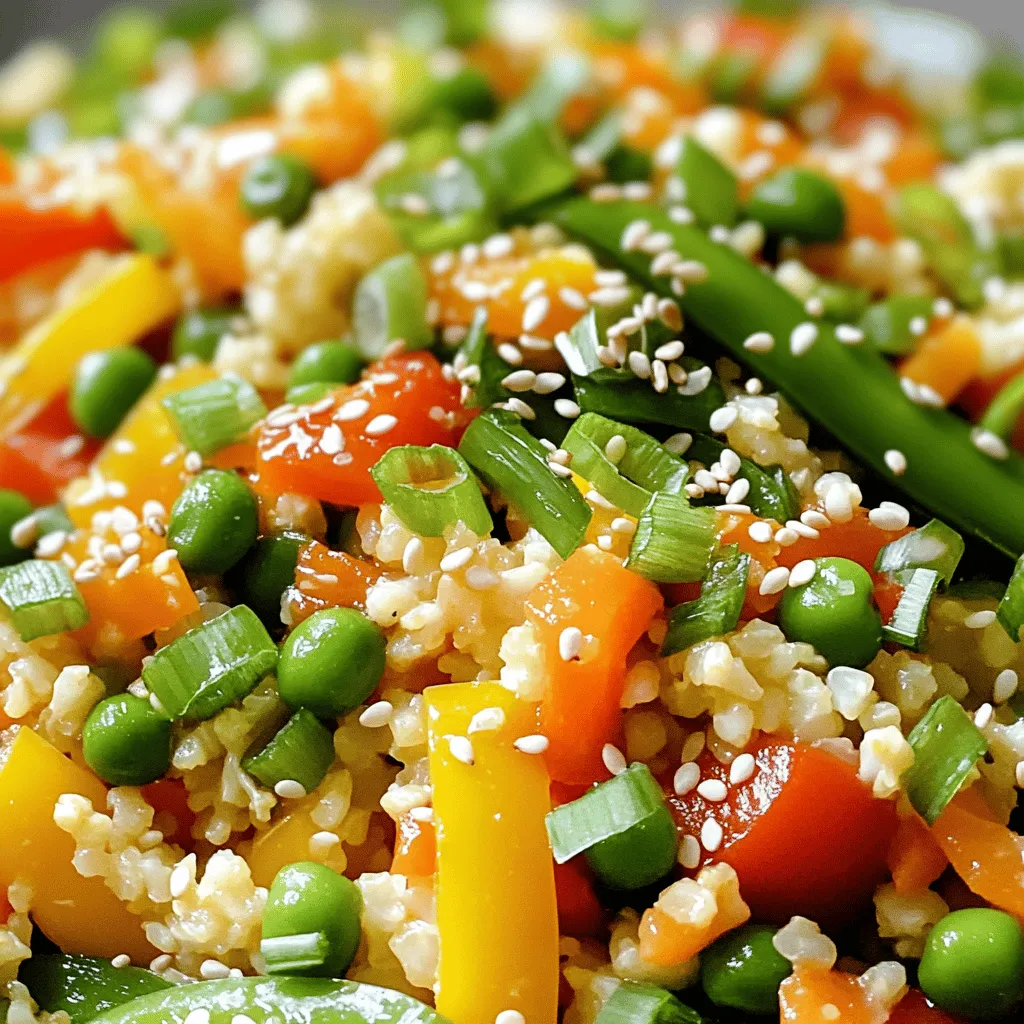 To make a tasty cauliflower rice stir-fry, you need fresh ingredients. Here’s what to gather: - Grated cauliflower (medium head) - Diced bell peppers (mixed colors) - Trimmed sugar snap peas - Finely grated carrots - Finely chopped red onion - Minced garlic - Soy sauce (or tamari for gluten-free) - Sesame oil - Grated fresh ginger - Beaten eggs (optional) - Sliced green onions (for garnish) - Sesame seeds (optional) - Salt and pepper to taste These ingredients form the base of a colorful, nutritious meal. I love using fresh veggies because they add vibrant flavors and textures. The grated cauliflower acts like rice, making it a great low-carb option. When you pick bell peppers, choose a mix of colors. This adds both beauty and taste. Sugar snap peas bring a nice crunch, while carrots add a touch of sweetness. Red onion gives depth, and garlic adds a rich aroma. Soy sauce or tamari provides that umami kick, and sesame oil enriches the dish. Fresh ginger brightens the flavors. If you want, you can add beaten eggs for protein. Top it off with green onions and sesame seeds for a lovely finish. For exact measurements and steps, check out the Full Recipe. Happy cooking! - First, remove the leaves and stem from the cauliflower. This step is key for a clean base. - Cut the cauliflower into florets. You can grate it using a box grater or pulse it in a food processor. Aim for rice-sized pieces. Set this aside. - Heat your pan. Use a large non-stick skillet or wok. Add sesame oil and set the heat to medium-high. - Next, add the chopped red onion and minced garlic. Sauté for 1-2 minutes. The aroma will fill your kitchen. Stir continuously to keep it from burning. - Now, toss in the diced bell peppers, sugar snap peas, and grated carrots. Stir-fry for about 4-5 minutes. You want the veggies to be tender-crisp. - Time to add the cauliflower rice. Stir it in well with the vegetables. Cook for another 5-7 minutes. Stir frequently until the cauliflower is tender. - Pour in the soy sauce and add grated ginger. Toss everything together so the sauce coats the veggies and cauliflower evenly. Season with salt and pepper to taste. - If you want extra protein, push the stir-fry to one side. Pour the beaten eggs into the other side of the skillet. Scramble them until fully cooked, then mix them in with the stir-fry. - Finally, take it off the heat. Transfer your stir-fry to a serving dish. Garnish with sliced green onions and sprinkle sesame seeds on top. Enjoy your colorful cauliflower rice stir-fry! For the complete recipe, check out the [Full Recipe]. To get the best texture in your stir-fry, cook the vegetables just right. Start with the red onion and garlic. Cook them for 1-2 minutes until they smell great. Then add the bell peppers, sugar snap peas, and carrots. Stir-fry these for about 4-5 minutes. You want them to be tender but still crunchy. This keeps the dish fresh and colorful. To avoid mushiness, don’t overcook the cauliflower rice. Cook it for about 5-7 minutes. Stir it often so it cooks evenly. If you cook it too long, it can turn soft and lose its shape. To boost flavor, try adding more seasonings. You can use garlic powder or onion powder for extra taste. A squeeze of lime juice can also brighten the dish. Using different oils can change the flavor too. Instead of sesame oil, try olive oil or coconut oil. You can also add sauces like teriyaki or chili paste. These will give your stir-fry a unique twist. This cauliflower rice stir-fry pairs well with many dishes. Serve it alongside grilled chicken or shrimp for a full meal. You can also enjoy it as a main dish on its own. For a fun twist, serve it in lettuce cups or small bowls. This makes it easy to grab and eat. You can also top it with fresh herbs like cilantro or basil for added flavor. For the full recipe, check the Colorful Cauliflower Rice Stir-Fry. {{image_2}} You can make your cauliflower rice stir-fry even better by adding protein. Here are some tasty options: - Chicken: Cut it into small pieces and cook it with the veggies. - Shrimp: Toss in peeled shrimp during the stir-fry for a seafood twist. - Tofu: For a plant-based choice, use firm tofu. Cube and sauté it until golden. Each protein brings its own flavor and texture. Feel free to mix and match based on what you enjoy! Don't hesitate to swap or add vegetables. This gives your dish a fresh touch. Here are some ideas: - Broccoli: Steam it slightly before adding to retain its crunch. - Zucchini: Cut it into small pieces and toss it in for a nice texture. - Seasonal Veggies: Use what’s in season, like asparagus in spring or squash in fall. These swaps keep the dish exciting and colorful. Experiment with what you have on hand! Want to kick up the heat? Here are ways to customize the spice level: - Chili Flakes: Sprinkle them in while cooking for a warm kick. - Sriracha: Stir in a spoonful for a bold flavor. Adjust the spice to your taste. You can also add a bit of sweetness with honey or maple syrup to balance the heat. Each change creates a new flavor profile! To store leftovers, let the stir-fry cool first. Place it in a clean, airtight container. Keep it in the fridge for up to three days. This keeps the flavors fresh and tasty. When ready to eat, check for any off smells. If it smells fine, you can enjoy it again. You can freeze cauliflower rice stir-fry for longer storage. Make sure it is completely cool. Use a freezer-safe container or bag. Squeeze out as much air as possible before sealing. Label it with the date. It can last for up to three months in the freezer. To reheat without losing texture, use a skillet. Heat it on medium-low and add a splash of water. Cover it with a lid to steam it. Stir occasionally until heated through. You can also use a microwave. Place it in a bowl, cover it with a damp paper towel, and heat in short bursts. This helps keep it moist and delicious. Try this full recipe for a delightful dish! Yes, you can use frozen cauliflower rice. Here are some pros and cons: - Pros: - Convenient and saves prep time. - Often pre-washed and ready to cook. - Available year-round. - Cons: - May have a softer texture after cooking. - Could contain added preservatives. - Less fresh flavor compared to fresh. Using frozen rice can work well in a stir-fry. Just thaw it first, then add it to the pan. This helps it cook evenly. Cauliflower rice is often seen as a healthier choice. Here’s a quick comparison: - Calories: Cauliflower rice has fewer calories than white rice. - Carbs: It has fewer carbs, which is great for low-carb diets. - Nutrients: Cauliflower is high in vitamins C and K, plus fiber. Eating cauliflower rice can help you feel full with fewer calories. It also provides extra nutrients that regular rice lacks. You can easily make this stir-fry vegan. Here are some tips: - Egg Substitution: Use scrambled tofu or chickpea flour instead of eggs. - Protein Sources: Add beans, lentils, or tempeh for protein. These options blend well with the flavors. Making these swaps gives you a tasty vegan dish without losing texture or flavor. Enjoy your colorful cauliflower rice stir-fry! For the full recipe, check out the complete details above. This blog post shared a simple cauliflower rice stir-fry recipe. We covered the key ingredients, cooking steps, and tips for great texture. You learned about adding protein and making variations to fit your taste. Storage methods help keep your dish fresh, too. Remember, cooking is fun and creative. Try different veggies and flavors to make it your own. Enjoy your meal, and you’ll impress everyone at the table!