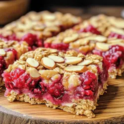 To make Raspberry Almond Oat Bars, gather these simple ingredients: - 1 cup rolled oats - ½ cup almond flour - ¼ cup honey or maple syrup - 1/3 cup almond butter - ½ cup fresh raspberries (or frozen, thawed) - 1 tsp vanilla extract - ½ tsp baking powder - ¼ tsp salt - ¼ cup sliced almonds (for topping) These ingredients blend to create a tasty and healthy snack. Each component adds flavor and texture to the bars. You can switch out some ingredients based on what you have. - Swap almond flour for whole wheat flour. - Use peanut butter instead of almond butter for a different taste. - Maple syrup can replace honey if you prefer it. - If you don’t have fresh raspberries, frozen ones work fine after thawing. These swaps help you customize the recipe to fit your needs. Fresh raspberries offer a bright taste and beautiful color. They are juicy and sweet. However, frozen raspberries are just as good. They are picked at peak ripeness and frozen quickly. This preserves their flavor and nutrition. When using frozen raspberries, let them thaw first. Drain any excess water before mixing them into your bars. This keeps the batter from getting too soggy. Whichever you choose, both options make these bars delicious! You can find the full recipe above to try these tasty treats today. First, gather your ingredients. You need rolled oats, almond flour, honey or maple syrup, almond butter, fresh raspberries, vanilla extract, baking powder, salt, and sliced almonds. Measure each item carefully. This step matters for the best taste. Preheat your oven to 350°F (175°C). Line an 8x8-inch baking pan with parchment paper. Leave some paper hanging over the edges. This will help you lift the bars out later. In a large bowl, mix the rolled oats, almond flour, baking powder, and salt. Stir well to combine them. In a separate bowl, whisk together the honey or maple syrup, almond butter, and vanilla extract. Mix until you have a smooth blend. Pour the wet mixture into the dry mix. Stir them together until fully combined. Gently fold in the raspberries. Be careful not to mash them too much; we want whole pieces for flavor. Transfer the mixture into your prepared baking pan. Press it down evenly using a spatula. Sprinkle sliced almonds on top. Lightly press them into the mixture. Bake in the preheated oven for 20-25 minutes. Check for golden brown edges. Once baked, remove it from the oven. Let it cool in the pan for about 10 minutes. Use the parchment paper to lift it out. Allow it to cool completely on a wire rack. This step ensures your bars hold their shape when you cut them. Enjoy your Raspberry Almond Oat Bars! For the complete recipe, check out the Full Recipe. To get the best texture, use rolled oats. They give a nice chew. Almond flour adds a soft bite. Mix the wet and dry ingredients well. This helps bind everything together. Make sure you press the mixture firmly in the pan. This keeps the bars from crumbling later. One common mistake is overmixing the batter. This can make the bars tough. Another mistake is not measuring ingredients correctly. Use measuring cups for accuracy. Don't skip the baking powder; it helps the bars rise. Also, let them cool before cutting to avoid a messy slice. You can add a pinch of cinnamon for warmth. Chopped dark chocolate makes a nice treat. Consider mixing in a handful of seeds for crunch. If you like coconut, unsweetened flakes work great too. These add-ins can make your bars unique and tasty. For the complete recipe, check out the [Full Recipe]. {{image_2}} You can make these bars nut-free by swapping almond flour and almond butter. Use oat flour instead of almond flour. For the nut butter, sunflower seed butter works great. This keeps the texture good while making it safe for nut allergies. Feel free to mix in different fruits! Blueberries and strawberries are tasty options. You can also try diced apples or peaches for a sweet twist. Just remember to keep the fruit chopped small. This helps the bars hold together better. To make a vegan version, just switch honey for maple syrup. Use dairy-free chocolate chips or more fruit if you like. This keeps the bars sweet and full of flavor without animal products. You still get that yummy taste while sticking to plant-based choices. For the full recipe, click here. To keep your Raspberry Almond Oat Bars fresh, store them in an airtight container. This helps prevent them from drying out. Place parchment paper between layers to avoid sticking. If you have space, keep them in a cool, dry spot. You can freeze these bars for later enjoyment. First, let them cool completely. Then, wrap them tightly in plastic wrap or foil. Place them in a freezer-safe bag or container. They can last up to three months in the freezer. When you want to eat one, simply thaw it in the fridge overnight. At room temperature, these bars stay fresh for about four days. If you refrigerate them, they can last up to a week. Storing them in the fridge keeps them moist and tasty. Always check for any signs of spoilage before eating. Enjoy your Raspberry Almond Oat Bars fresh or from the freezer! For the full recipe, check the main article. Yes, you can use quick oats. They will change the texture a bit. Quick oats absorb water faster, so the bars may be softer. If you prefer a chewier bite, stick with rolled oats. They give you that nice, hearty feel. To cut the bars cleanly, let them cool fully. Once cool, use a sharp knife. It helps to warm the knife slightly before cutting. This way, it glides through the bars easily. You can also line the pan with parchment paper. This makes lifting the bars out much easier. Absolutely! These bars store well. You can make them a few days in advance. Just keep them in an airtight container. They stay fresh at room temperature for up to three days. For longer storage, put them in the fridge or freeze them. If you freeze them, let them thaw before enjoying. Check out the Full Recipe for more tips! In this blog post, we explored key ingredients, steps, and helpful tips for Raspberry Almond Oat Bars. You learned about ingredient variations, easy substitutions, and storage practices to keep your bars fresh. Remember, small changes can enhance your bars’ taste and texture. Avoid common mistakes and try new flavor combinations to make this recipe your own. Enjoy creating these treats and share them with friends and family for a delightful snack!