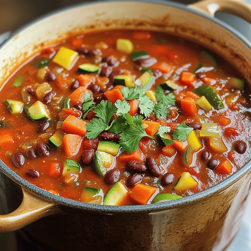To make a great veggie-packed chili, you need a few key items: - 2 tablespoons olive oil - 1 large onion, chopped - 3 cloves garlic, minced - 1 bell pepper (red or green), diced - 2 carrots, diced - 1 zucchini, diced - 1 cup mushrooms, chopped - 1 can (15 oz) kidney beans, drained and rinsed - 1 can (15 oz) black beans, drained and rinsed - 1 can (15 oz) diced tomatoes (with juices) - 1 cup vegetable broth These fresh vegetables bring bright colors and flavors to the dish. The beans add protein and make the chili filling. Diced tomatoes give it a rich texture and a hint of sweetness. The spices make your chili sing! You will need: - 2 tablespoons chili powder - 1 teaspoon cumin - 1 teaspoon smoked paprika - Salt and pepper to taste Chili powder is the star here. It gives heat and flavor. Cumin adds earthiness, while smoked paprika gives a nice smoky touch. Don’t forget to adjust the salt and pepper to your taste! For a pop of freshness, try this garnish: - Fresh cilantro Cilantro adds a bright finish to your chili. If you love it, sprinkle some on top before serving. For the full recipe, check out the [Full Recipe]. 1. Heat 2 tablespoons of olive oil in a large pot over medium heat. 2. Add 1 large chopped onion. Sauté for about 5 minutes until it turns clear. 3. Stir in 3 minced garlic cloves, 1 diced bell pepper, and 2 diced carrots. Cook for another 3-4 minutes. The veggies should start to soften. 4. Next, add 1 diced zucchini and 1 cup of chopped mushrooms. Sauté for another 5 minutes. Stir occasionally to avoid burning. 5. Now, stir in the beans and broth. Add 1 can of drained kidney beans, 1 can of drained black beans, 1 can of diced tomatoes, and 1 cup of vegetable broth. 1. Season the chili. Add 2 tablespoons of chili powder, 1 teaspoon of cumin, 1 teaspoon of smoked paprika, salt, and pepper. Mix all ingredients well. 2. Bring the mixture to a boil. Once boiling, lower the heat. Let it simmer uncovered for about 25-30 minutes. Stir occasionally to keep it from sticking. 3. Taste the chili. Adjust the seasoning if needed. If you want a thicker chili, let it simmer longer. 1. Serve the chili hot. Garnish with fresh cilantro if you like. This adds a nice touch. 2. Pair your chili with sides. Cornbread or rice work great. You can also serve it with tortilla chips for crunch. For the full recipe, you can check the details above. Enjoy your cooking! To achieve the best flavor, use fresh ingredients. Fresh veggies give your chili a lively taste. Sauté your onions and garlic first. This step builds a strong flavor base. Mix in your bell pepper and carrots next. Let them soften to enhance their sweetness. For a thicker chili, let it simmer longer. The longer it cooks, the more the flavors blend. If you want even more thickness, mash some beans against the pot. This adds creaminess without extra calories. I recommend using a heavy-bottomed pot. A cast-iron or a Dutch oven works great. These pots heat evenly. They help prevent hot spots that can burn your chili. If you like your chili a bit saucier, adjust the cooking time. A shorter cook time keeps it brothier. For a denser chili, let it simmer longer. Just keep an eye on it, so it doesn’t stick. Using a variety of vegetables boosts nutrition. Each veggie adds unique vitamins and minerals. For instance, bell peppers are rich in vitamin C. Zucchini is low in calories and high in fiber. Plant-based meals like this chili can improve health. They may lower the risk of chronic diseases. Eating more plants can help you feel full and satisfied. Plus, it's good for the planet, too! For the complete recipe, check out the Full Recipe for Veggie-Packed Chili. {{image_2}} You can switch up the protein in your chili. Try using other beans like pinto, navy, or chickpeas. Each of these adds a unique taste and texture. If you want something different, add tofu or tempeh. Both options soak up flavors well. Cube them and add them when you mix in the beans. This gives your chili a nice boost in protein. You can easily adjust the spice level. If you like it hot, add more chili powder or diced jalapeños. For a milder taste, reduce the chili powder and skip the jalapeños. You can also try other spices like cayenne or chipotle powder. These spices add rich flavors without making it too hot. Adding roasted veggies can enhance the taste. Consider adding roasted sweet potatoes, butternut squash, or bell peppers. They bring a nice sweetness and depth. You can also substitute seasonal vegetables for freshness. In summer, add fresh corn or zucchini. In fall, try pumpkin or squash. This keeps your chili vibrant and full of flavor. For the full recipe, check out the complete details above. To keep your veggie-packed chili fresh, let it cool first. Once cool, store it in a clean container. Use an airtight container to keep out air and moisture. This helps prevent spoilage. You can keep it in the fridge for up to five days. Label the container with the date to track freshness. When you’re ready to enjoy your leftovers, reheating is key. Use a microwave or a pot on the stove. If using a microwave, heat in short bursts. Stir well in between to avoid hot spots. If using a pot, heat on low and stir often. To boost flavor, add a pinch of chili powder or some fresh herbs. This will bring the chili back to life. Freezing is a great way to save chili for later. First, let it cool completely. Then, pour it into a freezer-safe container or bag. Remove as much air as possible before sealing. Label it with the date. You can freeze it for up to three months. When you’re ready to eat it, thaw it overnight in the fridge. Reheat it on the stove or in the microwave for the best taste. Yes, you can make this chili ahead of time. It actually tastes better after a day in the fridge. To meal prep, cook the chili fully, then let it cool. Store it in an airtight container. Reheat it when you are ready to eat. You can also make it in larger batches. This way, you have quick meals ready for busy days. If you don’t have vegetable broth, try using water. You can also use mushroom broth for a richer flavor. Another option is to mix water with soy sauce or miso paste. This adds depth and umami to the chili. Each liquid will change the taste slightly, but they will still work well. Veggie chili lasts about 4 to 5 days in the fridge. Make sure to store it in a sealed container. Always check for any signs of spoilage before eating. If you want it to last longer, consider freezing it. Properly frozen chili can last for up to 3 months. This blog post covers everything you need for a tasty veggie-packed chili. We discussed key ingredients like fresh vegetables, beans, and spices. I shared step-by-step instructions for cooking and tips for the best flavor. You learned about variations, storage, and reheating for leftovers. In the end, this chili is more than just a meal. It’s a way to enjoy health, flavor, and creativity. Try different ingredients and make it your own. Enjoy each bowl filled with goodness!