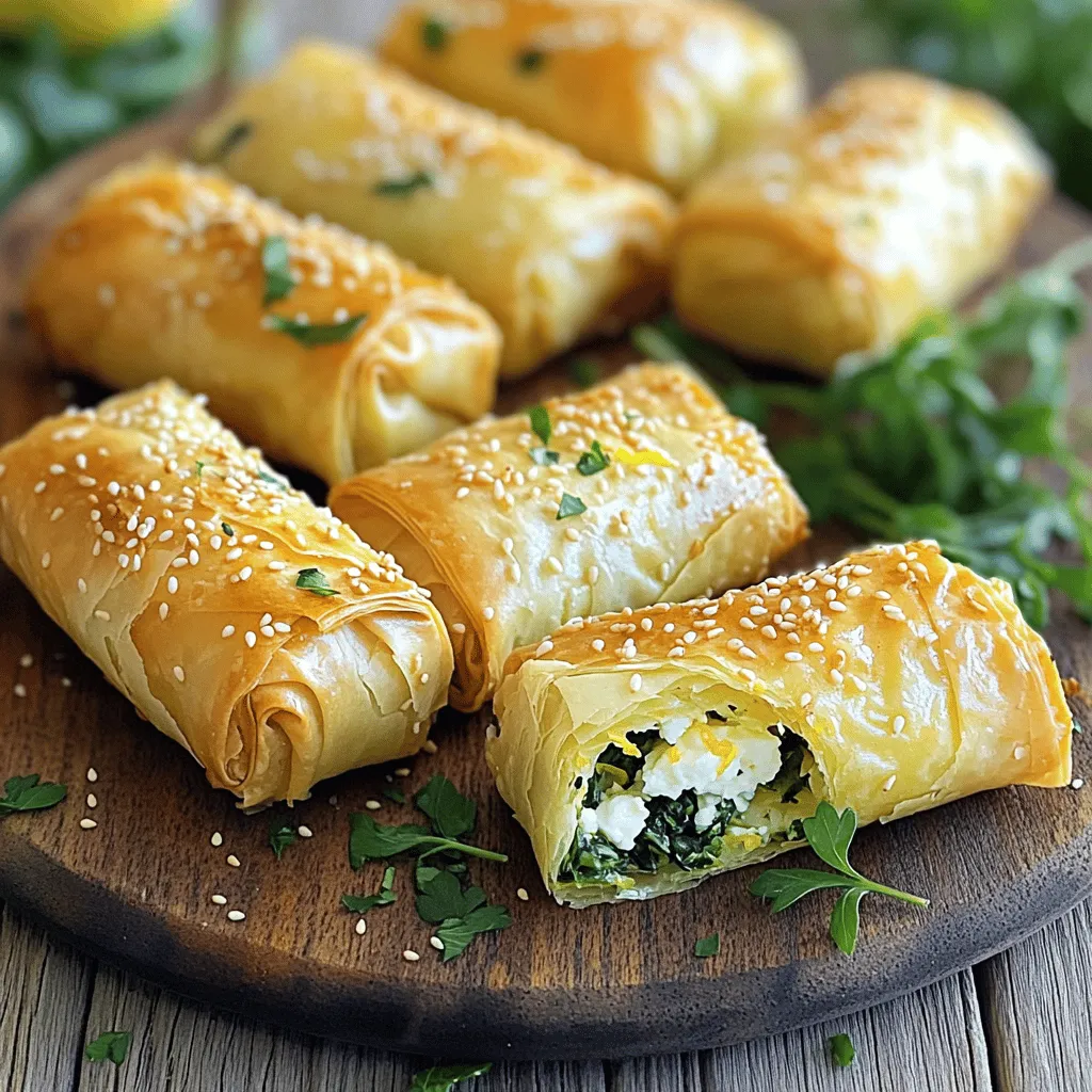 - 8 ounces feta cheese, crumbled - 1 cup spinach, finely chopped - 1 tablespoon lemon zest Feta cheese gives these rolls a creamy and tangy flavor. I love using fresh spinach for color and nutrients. Lemon zest adds brightness to the filling, making it more aromatic. - 1 teaspoon dried oregano - 1 teaspoon garlic powder - Salt and pepper to taste Oregano brings in a hint of earthiness. Garlic powder adds depth and enhances the feta’s flavor. Adjust the salt and pepper to your liking for a personal touch. - 8 sheets of phyllo dough - 1/4 cup olive oil - Sesame seeds (for garnish) Phyllo dough creates a crispy outer layer. I brush it with olive oil to help it brown and crisp up in the oven. Sesame seeds add a nutty crunch to the rolls, making them even more delightful. For the full recipe, check out the detailed instructions! - Preheat your oven to 375°F (190°C) and line a baking sheet with parchment paper. This helps the rolls bake evenly and keeps them from sticking. - In a bowl, mix the crumbled feta cheese, chopped spinach, oregano, garlic powder, lemon zest, salt, and pepper. Stir well until all the ingredients combine. This mixture should be creamy and fragrant. - Take one sheet of phyllo dough and brush it lightly with olive oil. Then, place another sheet on top and brush it again. This gives the rolls a nice flaky texture. - Cut the layered phyllo dough into long strips, about 3 inches wide. Make sure the cuts are even for a better roll. - Spoon about 2 tablespoons of the feta mixture onto the edge of each strip. Fold the sides over the filling, then roll it up tightly. This keeps the filling secure inside. - Place the rolls seam-side down on the prepared baking sheet. Brush each roll with the beaten egg. This helps them turn golden brown. Then, sprinkle sesame seeds on top for added crunch. - Bake in the preheated oven for 20-25 minutes. Look for a golden brown color and a crispy texture. When done, remove them from the oven and let them cool for a few minutes. Enjoy warm for the best flavor! For more details on the recipe, check out the Full Recipe. To keep your phyllo dough from drying out, cover it with a damp cloth while you work. This will help maintain its moisture and make it easier to handle. If you feel the dough is getting dry, just spritz it lightly with water. For the best crispiness, set your oven to 375°F (190°C). This temperature allows the phyllo to cook evenly, giving you that golden brown color. You want to bake the rolls until they are crispy, about 20-25 minutes. Serve your oven-fried feta rolls with fresh salads or grilled vegetables. A simple Greek salad pairs nicely and adds a nice crunch. You can also offer a side of tzatziki sauce for dipping, which adds a cool contrast to the warm rolls. For gatherings, present the rolls on a large platter. You can sprinkle fresh herbs like parsley or dill on top. This not only adds color but also a fresh aroma that will entice your guests. {{image_2}} You can change the filling in many ways. Adding fresh herbs like dill or parsley gives a bright taste. Use about 1 tablespoon of chopped herbs per batch. They add a lovely scent and flavor. You can also try different cheeses. Goat cheese or ricotta work well in this recipe. They give a creamy texture. A blend of feta and cream cheese is another tasty option. Just keep the same amounts for the base recipe. If you need gluten-free options, look for gluten-free phyllo dough. Many brands offer this now. It bakes up just as crispy and tasty. For those who want vegetarian-friendly substitutes, try using tofu. Firm tofu blends nicely with spices. Just crumble it and mix it with your other ingredients. It’s a great way to keep the dish filling and delicious. If you want to skip the oven, try air frying. Set the air fryer to 375°F (190°C) and cook for 10-15 minutes. Keep an eye on them to avoid burning. When using a convection oven, adjust the baking time to 15-20 minutes. The fan cooks the rolls quicker and makes them extra crispy. This method is great for even cooking and browning. To keep your leftover oven fried feta rolls fresh, follow these steps: - Refrigeration: Place any leftover rolls in an airtight container. They will stay good for about 3 days in the fridge. Make sure they cool down before you seal them. - Freezing Baked Feta Rolls: If you want to store them longer, you can freeze the rolls. Wrap each roll in plastic wrap and then place them in a freezer bag. They can last up to 3 months in the freezer. When you’re ready to eat, thaw them in the fridge overnight. When it comes to reheating, you want to keep that crispy texture. Here are some great methods: - Oven: Preheat your oven to 350°F (175°C). Place the rolls on a baking sheet and heat for about 10-15 minutes. This method keeps them crispy. - Air Fryer: If you have an air fryer, set it to 350°F (175°C). Heat for about 5-8 minutes. It’s quick and helps restore crunchiness. - Microwave (Not Recommended): You can use the microwave, but the rolls may become soggy. If you're in a hurry, heat them for just 30 seconds. For busy days, you can prepare the rolls ahead of time. Just keep them in the fridge before baking. When you’re ready, pop them in the oven or air fryer. Enjoy the crispy goodness with minimal effort! How long do oven fried feta rolls last in the fridge? Oven fried feta rolls last about 3 to 4 days in the fridge. Store them in an airtight container. This keeps them fresh and tasty for your next snack or meal. Can I make this dish ahead of time? Yes, you can make these rolls ahead of time. Prepare the rolls, then cover and chill them. Bake them later for a quick and easy meal or appetizer. What can I use instead of spinach? You can use kale or Swiss chard instead of spinach. Both options add great flavor and nutrients. If you want a milder taste, try using finely chopped broccoli or zucchini. How to make the rolls vegan-friendly? To make the rolls vegan, replace the feta with a plant-based cheese. You can also use flaxseed meal mixed with water as a binding agent instead of the egg. Can I use regular dough instead of phyllo? Yes, you can use regular dough. Puff pastry works well and gives a nice flaky texture. Just be sure to adjust the baking time since puff pastry may cook faster. What should I do if my phyllo dough tears? If your phyllo dough tears, don’t worry! Just layer another sheet on top to patch it. Brush it with olive oil to keep it nice and crisp while baking. You now know the key steps to make tasty oven-fried feta rolls. We covered the main ingredients, spices, and dough needed for this dish. You learned how to prepare, assemble, and bake the rolls to perfection. We also explored helpful tips, variations, and storage information for leftovers. Enjoying this dish with your favorite sides can make it even better. Try out new fillings or different cooking methods for fun twists. These rolls are sure to impress friends and family at your next gathering.