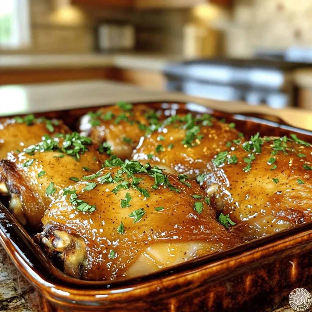 To make delicious honey mustard chicken thighs, you'll need these key items: - 6 bone-in, skin-on chicken thighs - 1/4 cup honey - 1/4 cup Dijon mustard - 2 tablespoons olive oil - 2 cloves garlic, minced - 1 teaspoon dried thyme - 1 teaspoon paprika - Salt and black pepper to taste These ingredients work together to create a rich glaze that makes the chicken juicy and full of flavor. You can add extra items to make your dish even better: - 1 tablespoon apple cider vinegar for a tangy kick - 1 teaspoon chili powder for a hint of heat - Fresh lemon juice for some brightness These optional ingredients will elevate the dish and add more depth to the taste. Garnishing makes your meal look and taste even better. Here are some ideas: - Fresh parsley, chopped - Lemon wedges for a zesty touch - Sliced green onions for added crunch These garnishes not only add color but also bring fresh flavors to the table. For the complete mix of flavors, check out the Full Recipe. Start by gathering your chicken thighs. You need six bone-in, skin-on thighs for this dish. Rinse the chicken under cold water and pat it dry with a paper towel. Drying the chicken helps the skin get crispy when cooked. Next, sprinkle a little salt and black pepper on both sides. This step adds a nice base flavor to the chicken. Now, let's make the marinade. In a mixing bowl, combine the following ingredients: - 1/4 cup honey - 1/4 cup Dijon mustard - 2 tablespoons olive oil - 2 cloves garlic, minced - 1 teaspoon dried thyme - 1 teaspoon paprika - Salt and black pepper to taste Whisk these ingredients together until they form a smooth mixture. This honey mustard marinade gives the chicken a sweet and tangy flavor. After mixing the marinade, it’s time to marinate the chicken. Place the seasoned chicken thighs in a large resealable plastic bag or a shallow dish. Pour the honey mustard marinade over the chicken. Make sure every piece is coated well. Seal the bag or cover the dish and let it sit in the fridge for at least 30 minutes. For even better flavor, marinate it for up to four hours. When you're ready to cook, preheat your oven to 400°F (200°C). Line a baking dish with parchment paper for easy cleanup. Take the chicken out of the fridge and place the thighs skin-side up in the dish. Drizzle any leftover marinade on top. Bake in the oven for 35-40 minutes. Check that the internal temperature reaches 165°F (74°C). The chicken skin should look golden and crispy. Once done, let the chicken rest for five minutes. This helps keep it juicy. Before serving, sprinkle some freshly chopped parsley on top for a nice touch. For the full recipe, refer to the earlier section. Enjoy your delicious honey mustard chicken thighs! To get crispy skin, start with dry chicken thighs. Use a paper towel to pat them dry. This helps remove moisture and allows the skin to crisp up. Season the skin with salt and pepper before cooking. Salt draws out moisture and helps the skin crisp. Bake at a high temperature, around 400°F (200°C). This heat creates a nice golden crust. You can also broil them for a few minutes at the end for extra crunch. Marinating is key to a tasty dish. Use the honey mustard marinade from the recipe. Let the chicken marinate for at least 30 minutes, but longer is better. You can even marinate overnight for rich flavor. Make sure to coat every piece well. Place the chicken in a resealable bag or shallow dish. This way, the marinade sticks better. If you have time, flip the chicken halfway through marinating for even more flavor. You can cook honey mustard chicken thighs in different ways. Baking is simple and hands-off. Just follow the recipe. Grilling adds a smoky flavor. Preheat your grill to medium-high heat. Cook the chicken for about 6-7 minutes per side. Check the internal temperature. It should reach 165°F (74°C). Both methods yield delicious results. Choose based on your mood or the weather. {{image_2}} You can switch up your mustard for fun flavors. Try whole grain mustard for a nice crunch. If you want a spicy kick, use spicy brown mustard. Honey mustard adds a sweet touch, while yellow mustard gives a classic taste. Each choice changes the dish, so feel free to experiment and find your favorite. Adding veggies to your honey mustard chicken makes it even better. Toss in some carrots, bell peppers, or green beans. These add color and flavor. You can roast them in the same pan as the chicken. Just cut them into even pieces. They will soak up the yummy sauce and be tender and delicious. Serve honey mustard chicken thighs with sides you love. Creamy mashed potatoes or fluffy rice work well. You can also add a fresh salad for a crunch. For extra flavor, drizzle some of the leftover sauce over your sides. This makes the meal even tastier. If you want to impress guests, garnish with fresh parsley. It adds a nice pop of color and flavor. For the full recipe, check out the complete guide on making Honey Mustard Chicken Thighs! After you cook the honey mustard chicken thighs, let them cool down. Place them on a plate to speed up cooling. Once they are at room temperature, store them in an airtight container. This keeps them fresh and safe to eat later. Make sure to eat leftovers within three days for the best taste. When you want to reheat your chicken, use the oven for the best results. Preheat your oven to 350°F (175°C). Place the chicken thighs on a baking sheet and cover them with foil. This keeps them moist while they warm up. Heat for about 15 to 20 minutes or until they reach 165°F (74°C) in the center. You can also use a microwave, but the oven gives you a better texture. If you have extra chicken thighs, you can freeze them. First, let them cool completely. Then, wrap each thigh in plastic wrap. After wrapping, place them in a freezer bag. Be sure to squeeze out the air to avoid freezer burn. Frozen chicken can last up to three months. When ready to eat, thaw it in the fridge overnight. Then, reheat as mentioned above. This way, you can enjoy a delicious meal anytime! For the full recipe, check the section above. You can serve Honey Mustard Chicken Thighs with many sides. Here are some great options: - Roasted vegetables, like carrots and broccoli. - A fresh green salad with a light vinaigrette. - Creamy mashed potatoes or garlic mashed potatoes. - Fluffy rice or quinoa to soak up the sauce. - Steamed green beans or asparagus for a crunchy touch. These sides balance the rich flavor of the chicken. They add color, texture, and nutrition to your meal. Yes, you can use boneless chicken thighs. Boneless thighs cook faster than bone-in ones. Just adjust the baking time to 25-30 minutes. Check for an internal temperature of 165°F (74°C). Boneless thighs still stay juicy and absorb the honey mustard flavor well. For the best flavor, marinate the chicken for at least 30 minutes. You can also marinate it for up to 4 hours. The longer you marinate, the better the taste. Just keep it in the fridge during this time. This allows the flavors to soak in deeply. The honey and mustard create a sweet and tangy glaze that makes every bite delicious. To make honey mustard chicken thighs, you need key ingredients and simple steps. I shared tips for crispy skin and flavorful marination. You can try variations and serve it with your favorite sides. Remember, storing and reheating these thighs keeps the dish fresh. Explore different mustards and add veggies for extra taste. This recipe is easy to adapt. Enjoy making this delicious meal your way!