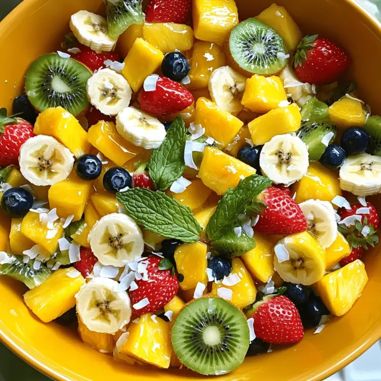 For a bright and tasty tropical fruit salad, use these fruits: - 1 ripe mango, diced - 1 cup pineapple chunks - 1 banana, sliced - 1 kiwi, peeled and sliced - 1/2 cup strawberries, halved - 1/2 cup blueberries These fruits bring sweetness and color. They mix well and create a fun texture. Each fruit adds its own flavor, making every bite special. To enhance the salad, include: - 1/4 cup shredded coconut (unsweetened) - 2 tablespoons honey (or maple syrup) - 1 tablespoon fresh lime juice The honey or maple syrup adds sweetness. Lime juice gives a zesty kick. Shredded coconut offers a nice chewiness. For a lovely finish, add: - Fresh mint leaves Mint leaves add a touch of green and a fresh scent. They make the salad look appealing and inviting. You can find the full recipe for this delightful dish to impress your family or friends. To start, gather all your fruits. You need a ripe mango, pineapple, banana, kiwi, strawberries, and blueberries. Dice the mango into small cubes. Cut the pineapple into chunks. Slice the banana and kiwi. Halve the strawberries. Add all the cut fruits into a large mixing bowl. This mix gives you a vibrant look and taste. Next, you will make the honey-lime dressing. In a small bowl, add two tablespoons of honey. If you prefer, use maple syrup instead. Squeeze in one tablespoon of fresh lime juice. Whisk these together until they blend well. The sweet and tart flavors will brighten the fruit. Now it's time to combine everything. Drizzle the honey-lime dressing over the fruit in the large mixing bowl. Toss the fruit gently to coat each piece evenly. Be careful not to mash the fruit. Add in a quarter cup of unsweetened shredded coconut. Give it one last gentle toss. Let the salad sit for about ten minutes. This waiting time helps all the flavors come together. Before serving, garnish with fresh mint leaves for a lovely touch. You can find the full recipe for this delightful dish above. When choosing tropical fruits, look for ripe and fresh options. A ripe mango should feel slightly soft when you press it. For the pineapple, check for a sweet smell. Make sure the banana is yellow with a few brown spots. Kiwi should be firm but yield slightly to pressure. Fresh strawberries should be bright red and plump. Don't forget about blueberries; they should be deep blue and firm. To boost the flavors in your fruit salad, use a mix of sweet and tart fruits. The honey-lime dressing adds sweetness and zing. You can use lime zest for extra flavor. A pinch of sea salt can enhance sweetness too. Consider adding a dash of vanilla extract for depth. Fresh mint leaves not only add color but also a refreshing taste. Make your fruit salad look stunning with a few simple tricks. Use a clear bowl to show off the colorful fruits. Layer the fruits for a vibrant look. Garnish the top with mint leaves and a sprinkle of coconut. Serve the salad in individual cups for a fun touch. You can also create fruit skewers for easy eating. For the full recipe, check out the Tropical Paradise Fruit Salad. {{image_2}} If you can't find certain tropical fruits, don't worry! You can swap them without losing flavor. For mango, use peach or pear. Instead of pineapple, try chunks of apple or pear. If kiwi is hard to find, consider using green grapes. Use any berry if strawberries or blueberries are not available. Create your own mix with whatever fruits you like! To make your fruit salad even more exciting, add extra ingredients. Chopped nuts like almonds or walnuts can add crunch. You can also mix in some seeds, such as chia or flaxseeds, for a health boost. Try adding a dollop of yogurt or a sprinkle of granola. Each addition will change the texture and taste, making it unique! If you have specific dietary needs, you can adjust this recipe easily. For a vegan option, use maple syrup instead of honey. If you're gluten-free, this recipe is already safe! For lower sugar, skip the sweetener or reduce the amount. You can also focus on low-carb fruits like berries. This way, you can enjoy the salad without worry. For the full recipe, check out Tropical Paradise Fruit Salad! To keep your tropical fruit salad fresh, use a clean, airtight container. This helps prevent air exposure that can cause browning. Store your salad in the fridge, away from strong-smelling foods. This keeps the flavors bright and fresh. If you have leftover fruit salad, try to eat it within a few days for the best taste. When stored properly, tropical fruit salad lasts about 3 to 5 days in the fridge. After this time, the fruits may lose their crunch. They might also become mushy and less appealing. Always check for signs of spoilage, like off smells or a slimy texture. If you see these signs, it's best to throw it away. Freezing tropical fruit salad is possible but not ideal. Some fruits, like bananas and mangoes, can get mushy when thawed. If you want to freeze it, separate the fruits first. Freeze each type in airtight bags. You can mix them later for a tasty smoothie. Remember, fresh is always best for this salad. To enjoy it at its peak, try the full recipe soon after making it. The best fruits for a tropical fruit salad are ones that are sweet and juicy. You can use mango, pineapple, banana, kiwi, strawberries, and blueberries. These fruits mix well and create a colorful dish. Choose ripe and fresh fruits for the best taste. You can also add papaya or passion fruit for extra flavor. Each fruit brings a unique taste and texture, making your salad delightful. Yes, you can make tropical fruit salad ahead of time. I recommend preparing it no more than a few hours before serving. This keeps the fruit fresh and bright. If you make it too early, the fruits may brown and lose their crunch. To store it, cover the bowl tightly with plastic wrap. Keep it in the fridge until you're ready to serve. Adding the honey-lime dressing just before serving keeps the salad fresh. Tropical fruits are not just tasty; they offer many health benefits. They are rich in vitamins, minerals, and antioxidants. For example, mangoes are high in vitamin C, which boosts your immune system. Pineapples contain bromelain, which aids digestion. Bananas provide potassium, good for heart health. Kiwis are full of fiber and help with digestion. Eating a mix of these fruits can improve overall health and wellness. Enjoying a tropical fruit salad is a delicious way to get your daily nutrients. For the full recipe, check out Tropical Paradise Fruit Salad. In this blog post, we explored tropical fruit salads, including ingredients, steps, and tips. You learned how to pick the best fruits and make a tasty honey-lime dressing. The ideas for garnishes and variations help you customize your salad. Proper storage ensures freshness and long-lasting flavor. Tropical fruit salads are fun and healthy. Enjoy the vibrant colors and sweet tastes. Try making this dish for your next meal or gathering!