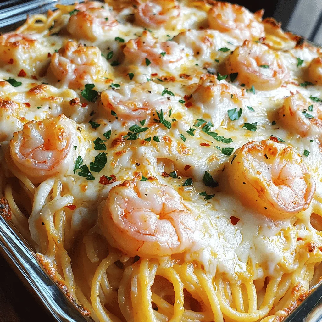 - 8 ounces of spaghetti or linguine - 1 pound large shrimp, peeled and deveined - 4 tablespoons unsalted butter - 4 tablespoons olive oil - 4 cloves garlic, minced - 1 teaspoon red pepper flakes (adjust to taste) - 1 lemon, zested and juiced - 1/2 cup chicken broth - 1/2 cup diced tomatoes (canned or fresh) - 1 cup grated mozzarella cheese - 1/2 cup grated Parmesan cheese - Salt and pepper to taste - Fresh parsley, chopped (for garnish) For a fun twist, you can add some optional ingredients. Consider adding spinach for a pop of color. You might find artichoke hearts or sun-dried tomatoes give it a nice touch. To make this dish, you'll need some basic cookware. Here’s what I recommend: - A large pot for boiling pasta - A skillet for sautéing shrimp and garlic - A greased baking dish, about 9x13 inches in size Having these tools ready will make your cooking experience smooth. You’ll be amazed at how easy it is to whip up this Shrimp Scampi Pasta Bake. For the full recipe, check out the details later in the article. 1. Preheat the Oven: Start by preheating your oven to 375°F (190°C). This step is key for baking. 2. Cook the Pasta: In a big pot, fill it with salted water and bring it to a boil. Add 8 ounces of spaghetti or linguine. Cook until it is al dente, as the pasta will bake more later. Drain and set it aside. 3. Sautéing the Shrimp and Garlic: In a large skillet, melt 4 tablespoons of unsalted butter with 4 tablespoons of olive oil over medium heat. Add 4 minced garlic cloves and 1 teaspoon of red pepper flakes. Stir and sauté for about 1 minute until fragrant. 4. Add Shrimp: Now, raise the heat to medium-high. Add 1 pound of peeled and deveined shrimp to the skillet. Season with salt and pepper. Cook for about 2 to 3 minutes until the shrimp turns pink and opaque. 1. Mixing Shrimp with Sauce and Pasta: Stir in 1/2 cup of chicken broth, 1/2 cup of diced tomatoes, the lemon juice, and zest. Let this mixture simmer for another 2 minutes to combine the flavors well. Then, gently toss in the cooked pasta, ensuring it mixes well with the shrimp and sauce. 2. Transferring to the Baking Dish: Grease a baking dish and transfer the shrimp and pasta mix into it. Spread it out evenly. Top this with 1 cup of grated mozzarella cheese and 1/2 cup of grated Parmesan cheese. 1. Baking Time and Temperature: Place the baking dish in the preheated oven. Bake for about 20 minutes. Look for the cheese to be bubbly and golden on top. 2. Tips for Achieving a Crispy Top: For a crispier top, you can broil it for an additional 2-3 minutes at the end. Keep a close eye on it to avoid burning. This Shrimp Scampi Pasta Bake is a winner for dinner, and you can find the full recipe above! To make your Shrimp Scampi Pasta Bake truly shine, consider these simple tips. - Variations for flavor enhancement: You can add different herbs for extra taste. Fresh basil or thyme pairs well with shrimp. For a twist, try sun-dried tomatoes or artichokes. They boost flavor and add texture. You might like to mix in some sautéed spinach or broccoli for color and nutrition. - Cooking techniques for tender shrimp: Cooking shrimp takes just a few minutes. If you overcook them, they get tough. Cook them until they turn pink and opaque. This usually takes about 2-3 minutes. Always remove them from heat as soon as they are done. This keeps them juicy and tender. When serving your Shrimp Scampi Pasta Bake, think about sides that complement the dish. - Best sides and pairings: A fresh green salad works great. It adds crunch and balances the dish. Garlic bread is another favorite. It’s perfect for soaking up the tasty sauce. If you want something warm, serve it with steamed vegetables. - Ideal for special occasions or weeknight dinners: This dish is versatile. It fits well for a cozy family dinner or a fancy gathering. The bake looks beautiful and feels special. Your guests will love it, and your family will too! {{image_2}} If you need to make this dish fit your diet, don’t worry! There are many easy swaps for the Shrimp Scampi Pasta Bake. - Gluten-free pasta options: You can use gluten-free spaghetti or linguine. Brands like Barilla or Banza offer great taste. They cook similarly to regular pasta. - Dairy-free cheese alternatives: For a dairy-free version, try vegan mozzarella or cashew cheese. These melt well and give a nice flavor. Want to spice things up? Here are some fun ideas to add more flavor and nutrients. - Additional herbs and spices to try: Fresh basil, oregano, or thyme can brighten the dish. Try adding a pinch of smoked paprika for a smoky kick. - Adding vegetables for extra nutrition: You can toss in spinach, bell peppers, or zucchini. Sauté them with the shrimp. This adds color and makes the dish even healthier. For the full recipe, check out the Shrimp Scampi Pasta Bake . To store your Shrimp Scampi Pasta Bake, use an airtight container. This keeps the dish fresh. Make sure it cools to room temperature first. If you plan to eat it within three days, store it in the fridge. Use glass or plastic containers that seal well. For best results, reheat in the oven to keep the cheese nice and melty. When reheating, cover the dish with foil. This helps trap moisture and keep the pasta from drying out. Heat it at 350°F (175°C) for about 15-20 minutes. Check that it is warm all the way through. You can also reheat it in the microwave, but it may not stay as crisp. If you want to freeze your Shrimp Scampi Pasta Bake, it’s easy! First, let the dish cool completely. Then, cut it into portions. Wrap each portion tightly in plastic wrap. After that, place them in a freezer-safe bag or container. This prevents freezer burn and keeps the taste fresh. For best quality, eat the frozen portions within three months. When you're ready to eat, take a portion out of the freezer. Thaw it in the fridge overnight. To reheat, bake it at 350°F (175°C) for 25-30 minutes. Check that it is hot all through before serving. Enjoy your delicious Shrimp Scampi Pasta Bake again! Can I use frozen shrimp for this recipe? Yes, you can use frozen shrimp. Just thaw them first before cooking. It saves time and still tastes great. What type of pasta is best for Shrimp Scampi Pasta Bake? I recommend using spaghetti or linguine. They hold the sauce well and add nice texture. How can I prevent the pasta from getting soggy? To keep pasta firm, cook it until al dente. Drain it and mix it with the sauce quickly. This helps it absorb flavor without getting mushy. Is this recipe suitable for a low-carb diet? This recipe is not low-carb due to the pasta. You can use zucchini noodles or spaghetti squash as a low-carb substitute. What can I substitute for shrimp if I don't have any? If you don't have shrimp, you can use chicken or scallops. They both work well with the sauce and keep the dish tasty. How long can I keep leftovers in the fridge? You can keep leftovers in the fridge for about three days. Store them in a sealed container to maintain freshness. Can I prepare this dish in advance? Yes, you can prepare it ahead of time. Just assemble everything, cover it, and refrigerate. Bake it when you are ready to serve. For the full recipe, check the detailed steps above. Shrimp Scampi Pasta Bake is easy and fun to make. We covered the main ingredients, kitchen tools, and step-by-step instructions. You learned helpful tips for flavor and serving suggestions. Variations for different diets and storage options are key for any cook. Remember, this dish suits special nights and simple dinners alike. Get creative with flavors and enjoy your meal. Follow these steps, and you’ll impress everyone at the table!