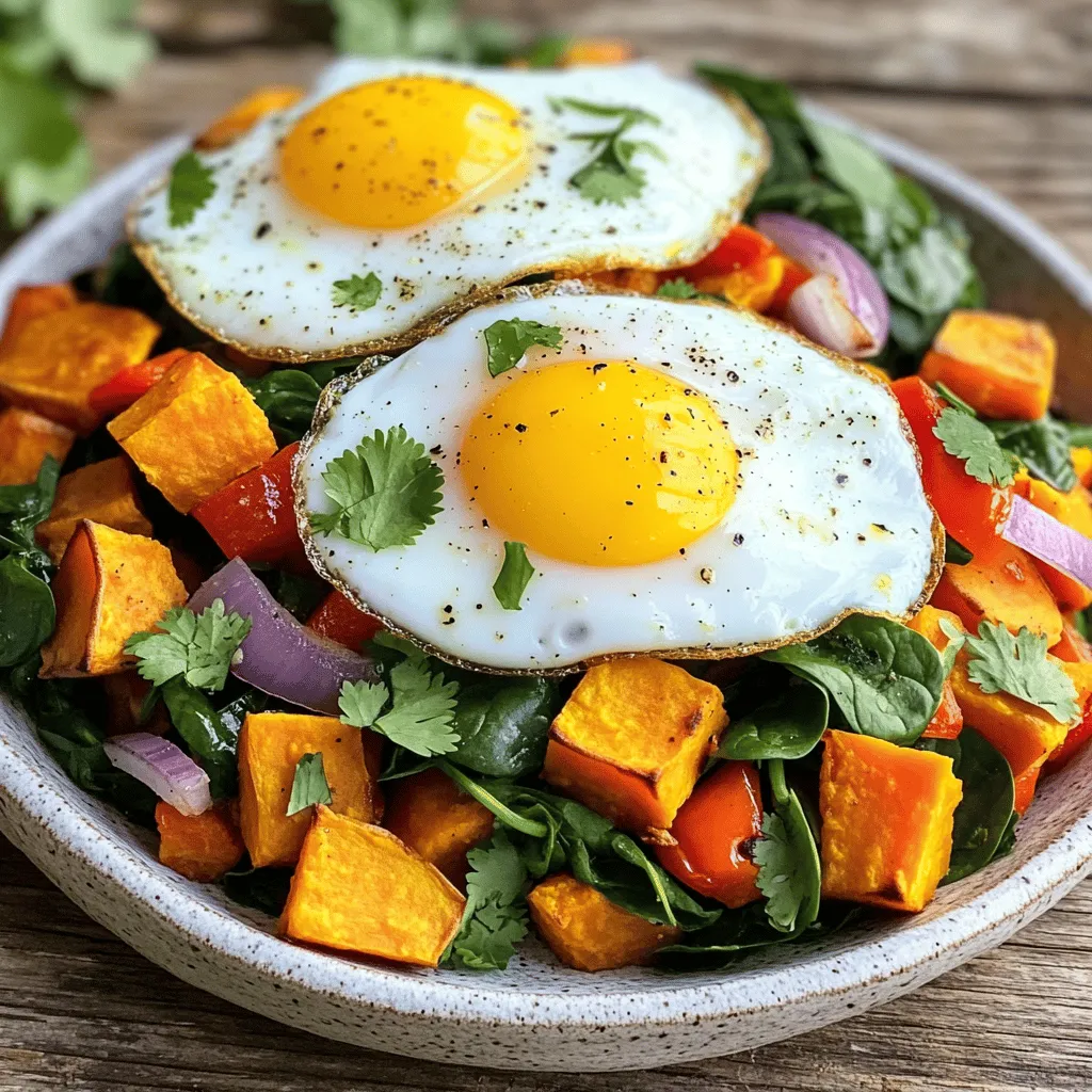 To make savory sweet potato hash, gather the following fresh ingredients. Each one adds flavor and nutrients to your meal. - Sweet potatoes - Bell pepper - Red onion - Garlic - Spices and seasonings - Olive oil - Spinach - Eggs - Garnish options Sweet potatoes are the star of this dish. Their natural sweetness and bright color make every bite special. Bell peppers add a crisp crunch, while red onion gives it a nice bite. Garlic brings a warm, rich flavor that ties it all together. For spices, I use smoked paprika, cumin, and chili powder. These spices create a deep, savory taste. Olive oil helps cook the veggies and keeps them from sticking. Fresh spinach adds nutrients and a pop of green to the dish. You can top each serving with eggs cooked your way. I love sunny side up eggs for a runny yolk. You can also use fresh herbs like cilantro or parsley as a garnish. They add a fresh taste and a nice touch to the plate. For the full recipe, check out the linked instructions. This hash is fun to make and even better to eat! 1. Skillet heating and initial potato cooking First, take a large skillet and heat 2 tablespoons of olive oil over medium heat. This helps the oil coat the pan well. Next, add the diced sweet potatoes with a pinch of salt. Cook them for about 10 to 15 minutes. Stir occasionally. You want them to soften and brown slightly. 2. Adding vegetables and seasonings Then, stir in the chopped red onion and bell pepper. Cook for another 5 minutes. This will make the vegetables tender. After that, add minced garlic, smoked paprika, cumin, and chili powder. Stir well and cook for an additional minute. This will bring out the fragrant smell. Lastly, toss in the chopped spinach. Cook just until wilted, for about 2 minutes. Season with salt and pepper to taste. 3. Cooking eggs separately In a separate skillet, heat the remaining tablespoon of olive oil over medium heat. Crack the eggs into the skillet. Cook them to your liking, whether sunny side up or over easy. - Optimal cooking temperatures Always use medium heat for cooking the sweet potatoes. This helps them cook evenly without burning. - Ensuring even cooking Stir the hash often. This ensures all the vegetables cook at the same rate. It also helps to brown each piece nicely. - Plating the hash and eggs To serve, divide the sweet potato hash among plates. Top each serving with a cooked egg. - Suggested garnishing For extra flavor, garnish with fresh cilantro or parsley. This adds a bright touch to your dish. For the full recipe, check out the details provided earlier. If you want to switch things up, you can replace sweet potatoes. Try using butternut squash or regular potatoes instead. Both will give a different flavor but still taste great. You can also add different vegetables to your hash. Zucchini, carrots, or mushrooms work well. These options add color and nutrients, making your meal even better. When cooking eggs, keep it simple. Use medium heat to avoid burning. Crack the eggs gently to keep the yolks whole. Cook them sunny side up for a runny yolk or over easy for a firmer one. To get the perfect texture for your hash, cook the sweet potatoes until they soften. Stir often to ensure even cooking. The goal is a crispy outside with a tender inside. This gives you that delightful crunch in each bite. {{image_2}} You can easily change the taste of your savory sweet potato hash. Adding cheese can make it creamy and rich. Here are some cheese options: - Feta cheese for a tangy taste - Cheddar cheese for a classic flavor - Goat cheese for a smooth texture You can also play with herbs and spices. Try adding fresh herbs like basil or thyme. They add brightness to the dish. For more warmth, you can sprinkle in some cayenne pepper or oregano. These changes will create a new experience each time you make the hash. If you follow a vegan or vegetarian diet, you can adapt this dish easily. Skip the eggs and add more veggies like mushrooms or zucchini. You can also add some plant-based protein, such as black beans or chickpeas. This keeps the meal filling and nutritious. For gluten-free options, this recipe is already safe! Sweet potatoes and veggies are naturally gluten-free. Just make sure any added spices are also gluten-free. This way, everyone can enjoy this tasty meal. You can find the full recipe to start making your own savory sweet potato hash! To keep your savory sweet potato hash fresh, store any leftovers in the fridge. Place the hash in an airtight container. This helps maintain flavor and texture. Make sure the container seals well to avoid moisture loss. Leftover hash can last about 3 to 5 days in the fridge. When it's time to enjoy your hash again, you can reheat it easily. The best way is to use a skillet. Heat a small amount of olive oil over medium heat. Add the hash and stir occasionally until it's warmed through. You can also use a microwave. Place it in a microwave-safe bowl, cover it, and heat for about 1 to 2 minutes. Stir halfway to ensure even warmth. How long does the sweet potato hash last in the fridge? The sweet potato hash lasts about 3 to 5 days in the fridge. Store it in an airtight container. This keeps it fresh and tasty. Can I make this dish ahead of time? Yes, you can make this dish ahead of time. Cook the hash and store it in the fridge. Just reheat it before serving. What can I serve with savory sweet potato hash? You can serve the hash with eggs on top for a full meal. It pairs well with avocado slices or a fresh salad. You might also enjoy it with toast or as a side for grilled meats. Check out the Full Recipe for more ideas! This blog covered all steps to make a tasty sweet potato hash. We looked at ingredients like sweet potatoes, spinach, and eggs. I shared tips for cooking, serving, and storing your dish. You can mix things up with flavors and dietary needs. It’s all about making this meal fit you. Now, you have the tools needed to create a delicious hash. Enjoy cooking and sharing it with others!