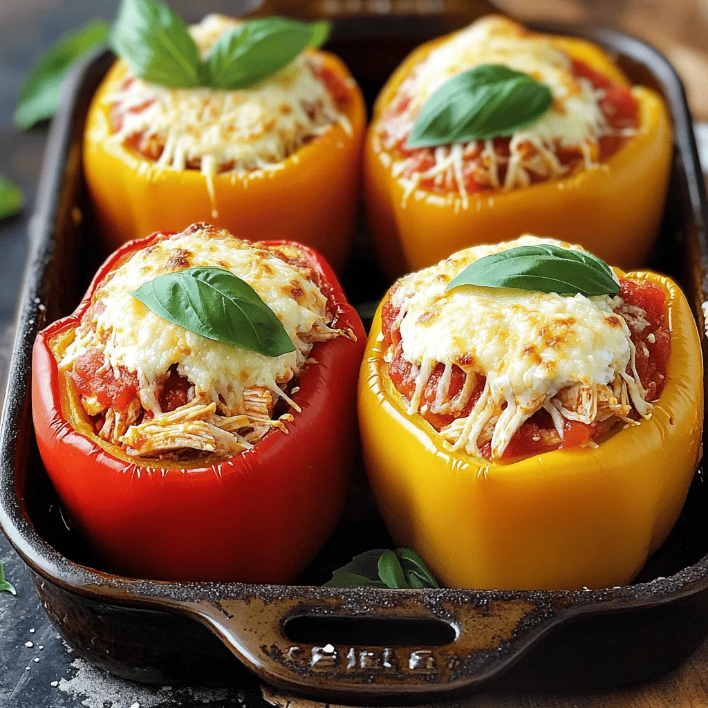 For Chicken Parmesan Stuffed Peppers, gather these ingredients: - 4 large bell peppers (any color) - 2 cups cooked chicken, shredded - 1 cup marinara sauce - 1 cup ricotta cheese - 1 cup shredded mozzarella cheese - 1/2 cup grated Parmesan cheese - 1 teaspoon garlic powder - 1 teaspoon Italian seasoning - Salt and pepper to taste - Fresh basil leaves for garnish (optional) If you need to swap some ingredients, here are a few ideas: - Use ground turkey instead of shredded chicken for a lighter option. - Swap ricotta cheese for cottage cheese for a lower-fat choice. - Try a different sauce, like pesto, for a fun twist. - If you are dairy-free, use vegan cheese options for the mozzarella and Parmesan. - For a spicy kick, add red pepper flakes to the filling. Fresh ingredients make your dish taste better. Here’s how to choose: - Bell Peppers: Pick peppers that are firm and shiny. Avoid any with soft spots or wrinkles. - Chicken: Use freshly cooked chicken. If you buy pre-cooked, check the date for freshness. - Cheese: Choose cheese that is still moist. Check the expiration date. - Marinara Sauce: Go for a brand with simple ingredients. This ensures a fresh flavor. - Herbs: If you can, buy fresh basil. It gives a nice, vibrant taste. First, set your oven to 375°F (190°C). This heat will help cook the peppers well. While the oven warms up, you can start getting the peppers ready. This step is important for even cooking. Take your four large bell peppers. Cut off the tops and scoop out the seeds and membranes. This makes room for the tasty filling. Lightly brush the outside with olive oil. It adds flavor and helps them cook. Place the peppers upright in a baking dish. This way, they won’t tip over. Next, grab a large mixing bowl. Combine 2 cups of shredded chicken, 1 cup of marinara sauce, and 1 cup of ricotta cheese. Add half of the shredded mozzarella and the grated Parmesan cheese. Sprinkle in 1 teaspoon of garlic powder and 1 teaspoon of Italian seasoning. Don’t forget salt and pepper to taste. Mix everything until well combined. The filling should look creamy and smell great. Now, it’s time to stuff the peppers. Spoon the chicken mixture into each pepper until they are full. Don’t pack it too tightly; let the filling breathe. Top each pepper with the rest of the mozzarella cheese for that melty goodness. Cover the dish with aluminum foil and bake for 25 minutes. After 25 minutes, remove the foil. Bake for an extra 10-15 minutes. You want the cheese to be golden and bubbly. Once done, take them out and let them cool a bit. If you like, garnish with fresh basil leaves before serving. Enjoy your Chicken Parmesan Stuffed Peppers! Don’t forget to check the Full Recipe for more details. When cooking chicken, go for fresh or high-quality frozen options. Cook it until it reaches 165°F (75°C). This ensures it is safe to eat. Use a meat thermometer for the best results. Shred the chicken after it cools. This helps it mix well with other ingredients in your stuffed peppers. Choose large, firm bell peppers for stuffing. Remove the tops and seeds carefully to make room for the filling. Brush the outside of the peppers with olive oil. This adds flavor and helps them cook evenly. Fill each pepper tightly with the chicken mixture. This prevents gaps and keeps the filling from falling out. For a golden cheese topping, layer your mozzarella evenly on top of the stuffed peppers. Bake them covered for the first part of cooking. This helps the cheese melt slowly. Remove the cover for the last 10-15 minutes of baking. This step allows the cheese to bubble and turn golden brown. Enjoy the crispy, cheesy goodness that will impress everyone. For a full recipe, check out the [Full Recipe]. {{image_2}} To make Chicken Parmesan stuffed peppers vegetarian, swap the chicken for cooked quinoa or lentils. Both options add great protein. You can combine these with the same marinara sauce and cheese for flavor. If you want a vegan version, use plant-based cheese and skip the ricotta. A mix of sautéed mushrooms and spinach also works well as a filling. This keeps your peppers tasty and satisfying without meat. You can switch up the protein in your stuffed peppers. Instead of chicken, use turkey or ground beef. If you prefer seafood, shrimp or crab meat can be great. Just remember to adjust cooking times if you use raw meat. Pre-cooked options like rotisserie chicken also save time. The key is to keep the filling moist and flavorful. Get creative with your flavors! Add sautéed onions or bell peppers to the filling. Chopped olives, sun-dried tomatoes, or even artichokes bring a unique twist. For extra spice, consider adding crushed red pepper flakes to the mix. Fresh herbs, like parsley or oregano, can enhance the taste. Experimenting with different seasonings makes every batch of stuffed peppers special. You can check out the Full Recipe for inspiration on how to mix these flavors. After you enjoy your Chicken Parmesan stuffed peppers, let them cool down. Place any leftovers in an airtight container. Store them in the fridge for up to three days. Make sure to keep them covered to prevent drying out. To reheat your stuffed peppers, preheat your oven to 350°F (175°C). Place the peppers on a baking sheet. Cover them with foil to keep them moist. Heat for about 15 to 20 minutes or until warmed through. You can also microwave them for quicker results. Just cover them with a damp paper towel and heat for 2 to 3 minutes. You can freeze stuffed peppers for later. Wrap each pepper tightly in plastic wrap. Place them in a freezer-safe bag. They can last up to three months in the freezer. To thaw, move them to the fridge overnight. Reheat them in the oven or microwave as mentioned above. Enjoy your delicious meal anytime! Stuffed peppers will last about 3 to 5 days in the fridge. Always store them in an airtight container. This keeps them fresh and tasty. If they start to smell or look off, it's best to throw them away. Yes, you can use different types of cheese! Feel free to mix and match. Cheddar, gouda, or even feta work great. They add new flavors to your stuffed peppers. Just make sure to keep the cheese amounts similar to the recipe for the best results. You can serve many things with Chicken Parmesan Stuffed Peppers. A simple side salad pairs well. Garlic bread is also a favorite and adds a nice crunch. You could even serve some pasta with marinara sauce. Each option will complement the peppers nicely. For more ideas, check the Full Recipe for inspiration. This blog post covered everything you need for tasty stuffed peppers. I shared tips on choosing fresh ingredients, step-by-step cooking instructions, and useful tricks for success. We discussed tasty variations, storage methods, and answered your common questions. Remember, you can mix and match ingredients for your own twist. Enjoy creating your delicious stuffed peppers, and don’t forget to share your results!