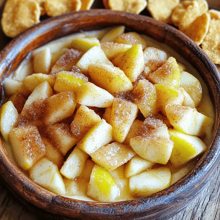 - 2 large apples (Granny Smith or Honeycrisp), peeled, cored, and diced - 1 tablespoon lemon juice - 1/4 cup brown sugar - 1 teaspoon ground cinnamon - 1/2 teaspoon nutmeg - 1 tablespoon butter - 1 cup cream cheese, softened - 1/2 cup powdered sugar - 1 teaspoon vanilla extract For the apple pie dip, I love using Granny Smith or Honeycrisp apples. Their balance of sweet and tart flavors shines through. You will also need brown sugar, which adds depth and sweetness. Spices like cinnamon and nutmeg give the dip that classic apple pie taste. Cream cheese adds a rich and creamy texture, while powdered sugar sweetens it just right. - 4 large flour tortillas - 2 tablespoons sugar - 1 teaspoon ground cinnamon (for topping) - Melted butter Cinnamon chips are simple to make. Just grab flour tortillas and cut them into triangles. Brush them with melted butter to help the cinnamon-sugar mix stick. Sprinkle the sugar and cinnamon on top, and they will bake up to crispy perfection. You can also add optional toppings like a drizzle of honey for extra sweetness. Get ready to dip! You can find the full recipe if you want to make this tasty treat. First, you need to toss your diced apples with lemon juice, brown sugar, and spices. This step adds flavor and keeps the apples fresh. Let the apples sit for about ten minutes. This time allows the sugars to soak in and makes them juicy. Next, melt butter in a skillet over medium heat. Add the apple mixture to the pan. Cook the apples for five to seven minutes, stirring often. You want them soft but not mushy. Once done, remove them from heat and let them cool a bit. Now, it's time to make the creamy base. In a bowl, beat the softened cream cheese with an electric mixer. Gradually add the powdered sugar and vanilla extract while mixing. This will create a smooth and creamy texture. After that, gently fold the cooled apple mixture into the cream cheese. Be careful not to stir too hard; you want it mixed but still chunky. Once combined, place this dip into a serving bowl. Let's prepare those tasty cinnamon chips! Start by preheating your oven to 350°F (175°C). Take your flour tortillas and cut them into triangles. Spread the triangles out on a baking sheet. Brush each piece lightly with melted butter. In a small bowl, mix sugar and cinnamon together. Sprinkle this mixture over the tortillas for a sweet touch. Now, it’s time to bake! Place your baking sheet in the preheated oven. Bake the chips for about eight to ten minutes. Keep an eye on them to avoid burning. They should turn crisp and golden brown. If you want them extra crispy, leave them in for a minute longer, but check often. When the chips are ready and the dip is cooled, it’s time to serve! Arrange the dip in the center of a platter and place the cinnamon chips around it. For a fun twist, you can add some fruit slices or nuts alongside for dipping. This makes it colorful and appealing. Enjoy this sweet treat with friends or family! For the complete recipe, check out the Full Recipe. To choose the best apples, I recommend using Granny Smith or Honeycrisp. These apples give a nice balance of tart and sweet. If you prefer a sweeter dip, you can adjust the sugar. Start with the recipe's amount and taste it. Add more sugar if needed. For crispy cinnamon chips, keep the oven at 350°F (175°C). Bake them until they are golden. Watch them closely; they can burn fast. If you want a different method, try frying the chips. Heat oil in a pan and fry the triangles until crispy. You can add chopped nuts or a drizzle of caramel for extra texture. It makes the dip even more fun! For flavor twists, try adding salted caramel or even chocolate chips. These small changes can make your dip unique and tasty. {{image_2}} You can make this dip healthier with a few easy swaps. - Substituting cream cheese with Greek yogurt: Greek yogurt is creamy and tangy. It adds protein while cutting calories. Just use the same amount to keep flavors balanced. - Using whole wheat tortillas for chips: Whole wheat tortillas offer more fiber and nutrients. They also give a nice nutty flavor to the cinnamon chips. Don't be afraid to play with flavors when making this dip. - Incorporating raisins or cranberries: Dried fruits add a sweet and chewy texture. They pair well with the apples and spices. - Adding different spices such as ginger: A bit of ginger gives your dip a warm kick. It adds a unique twist to the classic apple pie taste. This dip can fit any occasion. Here are some fun ideas. - Kid-friendly variations: For kids, serve with colorful fruit slices or animal-shaped cookies. This makes the dip fun and playful. - Presentation ideas for holidays or gatherings: Use festive bowls or platters. Add a sprinkle of cinnamon on top for a pretty finish. You can even shape the dip like a pumpkin for Halloween! Try out these variations to make your apple pie dip even more exciting. Remember, cooking is all about having fun and experimenting! For the full recipe, check out the detailed steps to create this delicious treat. To keep your leftover apple pie dip fresh, place it in an airtight container. Store it in the fridge for up to four days. This way, the flavors stay nice and strong. When you want to enjoy it again, simply reheat it in the microwave. Warm it in short bursts, stirring in between. This helps keep the dip creamy and tasty. To keep your cinnamon chips crispy, store them in a sealed bag or container. Avoid moisture to prevent sogginess. They stay fresh for about three days at room temperature. If you want them to last longer, consider freezing them. Yes, you can freeze both the dip and the chips. For the dip, scoop it into a freezer-safe container. It can last up to three months in the freezer. When you’re ready to eat, thaw it in the fridge overnight. Then, reheat as mentioned before. For the chips, place them in a freezer bag. When you want crispy chips again, bake them straight from the freezer. This keeps them crunchy and delicious. Yes, you can use other apple types. Granny Smith apples are tart and crisp. Honeycrisp apples are sweet and juicy. You might also try Fuji or Gala apples for a sweeter dip. Mixing different apples adds depth to the flavor. Test out your favorites and see what you like best! You can prepare the dip one day in advance. Mix the apple and cream cheese parts separately. Store them in airtight containers in the fridge. Just combine them before serving. For the chips, I suggest making them fresh. They taste best when warm and crisp. If you want, you can cut the tortillas ahead of time. If you want different dippers, try apple slices or graham crackers. Pretzels add a nice crunch, too! You could also use fruit like strawberries or bananas. For a savory touch, try cheese cubes or pita chips. Choose what you love to dip and enjoy! In this blog post, we explored how to make a delicious Apple Pie Dip and crunchy cinnamon chips. We discussed key ingredients, step-by-step instructions, and tips for perfecting your dish. Remember to choose the right apples and adjust sweetness to your liking. You can add fun twists or healthier options too. Store any leftovers properly to enjoy later. Whether for a party or a cozy night in, this treat is sure to impress. Happy dipping!
