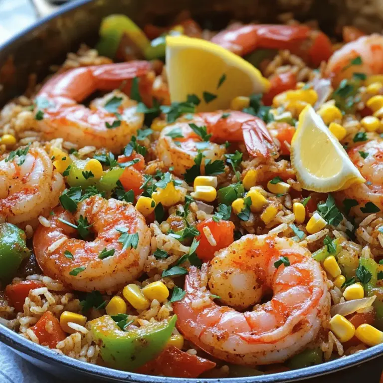 - 1 pound large shrimp, peeled and deveined - 1 cup long-grain rice - 2 cups chicken broth - 1 bell pepper (red or green), diced - 1 small onion, finely chopped - 3 cloves garlic, minced - 1/2 cup corn kernels (fresh or frozen) - 1/2 cup diced tomatoes (canned or fresh) The shrimp in this dish adds a sweet and juicy flavor. I always choose large shrimp for a hearty bite. The rice helps soak up all the tasty juices. Use long-grain rice for the best texture. Bell peppers and onions give the dish a fresh crunch. Garlic adds a nice aroma and depth. - 2 tablespoons Cajun seasoning - 2 tablespoons olive oil - Fresh parsley, chopped (for garnish) Cajun seasoning is key for that bold and spicy kick. I love using a mix from my favorite brand, but you can make your own too. Olive oil is perfect for cooking without sticking. Fresh parsley adds color and brightness when you serve. - Salt and pepper to taste - Lemon wedges (for serving) Salt and pepper enhance all the flavors. Don't forget the lemon wedges for a tangy twist. A squeeze of lemon at the end really brightens the dish and makes it pop. You can find the full recipe [here](Full Recipe) for detailed steps! Start with the onions and bell peppers. Heat olive oil in a large skillet over medium heat. Add the chopped onion and bell pepper. Sauté them for about 3-4 minutes until they soften. The smell will fill your kitchen! Next, add minced garlic. Cook it for another minute until it smells great. This mix builds a strong flavor base for your dish. Now it’s time for the shrimp. Add them to the skillet along with the Cajun seasoning. Cook the shrimp for about 2-3 minutes until they turn pink and opaque. Be careful not to overcook them! Once done, remove the shrimp from the skillet and set them aside. This keeps them juicy. In the same skillet, add the rice. Toast it for 1-2 minutes, stirring often. This step adds a nice nutty flavor. Once the rice is slightly golden, pour in the chicken broth. Add diced tomatoes and corn. Bring this mix to a boil. After boiling, reduce the heat to low, cover, and let it simmer for about 15-20 minutes. The rice should be tender, and the liquid should be absorbed. After the rice is cooked, return the shrimp to the skillet. Gently fold the shrimp into the rice mix. Cook for another 2-3 minutes to heat the shrimp through. This allows all the flavors to meld together nicely. Season with salt and pepper to taste. You can find the full recipe linked above for exact measurements and times. Enjoy your delicious Cajun shrimp and rice skillet! To make the best Cajun shrimp and rice, you need the right seasonings. Start with the Cajun seasoning. If you like more heat, add a pinch of cayenne. For a milder dish, cut down on the seasoning. Taste as you go. This way, you can balance the spices to your liking. Using a skillet works best for this dish. It helps the shrimp cook evenly and brown nicely. A pot can trap too much steam. This can make your rice mushy. Keep the heat at medium to avoid burning. Stir often to prevent sticking. Serve your Cajun shrimp and rice right from the skillet. This adds a casual vibe to your meal. For sides, a crisp salad or garlic bread pairs well. You can also add sliced avocado for creaminess. For presentation, sprinkle fresh parsley on top and serve with lemon wedges for a fresh touch. Check the [Full Recipe] for more tips on making this dish shine. {{image_2}} You can switch up the rice if you want. Quinoa or cauliflower rice works well. They add their own flavor and texture. For proteins, shrimp is great, but chicken or sausage also shines in this dish. Chicken thighs or andouille sausage give a nice twist to your skillet. Want a milder taste? Use less Cajun seasoning. You can also add a dash of sugar to balance heat. For medium spice, stick to the recipe. If you crave heat, add more Cajun seasoning or some cayenne pepper. You can even toss in jalapeños for an extra kick. This recipe can easily fit gluten-free diets. Just check that your broth is gluten-free. For a vegan option, swap shrimp for chickpeas or tofu. Use vegetable broth instead of chicken broth. These changes let everyone enjoy this dish without worry. To keep your Cajun shrimp and rice fresh, cool it fast. Place the skillet on a cool surface. Stir the dish to help it cool down quickly. After about 30 minutes, transfer it to a container. Use a shallow container to allow air to circulate. Glass or plastic containers work well. Make sure to cover the container tightly with a lid or plastic wrap. This keeps out air and moisture. To freeze portions, let the dish cool completely. Divide it into single servings. Use freezer-safe bags or containers. Remove as much air as possible from bags to prevent freezer burn. When you want to eat it, move the portion from the freezer to the fridge. Give it time to thaw overnight. For reheating, place it in the microwave or on the stove. Add a splash of water to keep it moist. In the fridge, Cajun shrimp and rice lasts up to three days. If you store it properly, it may last longer. Look for signs of spoilage. If you see mold or a sour smell, it’s time to throw it away. Always trust your senses. Enjoy your Cajun shrimp and rice while it's fresh! For the full recipe, check out the details provided above. Yes, you can use frozen shrimp. Thaw them in cold water for quick results. Place the shrimp in a bowl of cold water for 10-15 minutes. Change the water if it gets warm. Pat the shrimp dry with a paper towel before cooking. This helps the seasoning stick better. Pair this dish with simple sides. Here are some great options: - Steamed broccoli for a healthy crunch - Garlic bread to soak up sauce - Coleslaw for a fresh, crunchy contrast - Corn on the cob to enhance the Southern vibe To tone down the heat, you can adjust the Cajun seasoning. Use half the amount for a milder taste. Another option is to add more rice or broth. This will dilute the spices. You can also include more corn or diced tomatoes to balance the heat. Reheat leftovers gently to keep texture and flavor. Use a skillet over low heat. Add a splash of chicken broth to keep it moist. Stir occasionally until warmed through. You can also microwave it in a covered bowl. Add a little water to prevent drying out. We covered the key parts of making Cajun shrimp and rice. You learned about main ingredients, cooking steps, and variations. Perfecting the flavor involves adjusting seasonings and choosing your preferred spices. Always follow proper storage guidelines to keep leftovers fresh. Remember, you can customize this dish to suit your needs. Try different proteins or spice levels! Enjoy the process, and share this tasty dish with family and friends. With these tips, you’re ready to cook a flavorful meal!