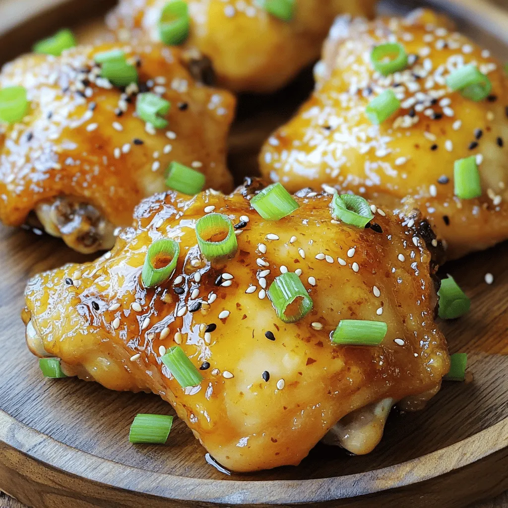 - 4 boneless, skinless chicken thighs - 1/3 cup honey - 3 tablespoons soy sauce (low sodium preferred) - 4 cloves garlic, minced - 1 tablespoon fresh ginger, grated - 1 teaspoon sesame oil - 2 green onions, chopped (for garnish) - 2 tablespoons sesame seeds (for garnish) - Salt and pepper to taste - Choose fresh, high-quality honey for the best flavor. - Use low sodium soy sauce to control salt levels. - Fresh garlic and ginger add a great taste. These ingredients create a dish that is sweet, savory, and full of flavor. You can easily find them at any grocery store. Fresh ingredients make a big difference in taste. Always look for the best quality to ensure your meal shines. For the full cooking experience, check out the Full Recipe. To start, mix the honey, soy sauce, minced garlic, and grated ginger in a bowl. Stir until it blends well. This mix is your marinade. Marinating chicken is key. It helps the meat soak up flavors. It also makes the chicken juicy and tender. I recommend marinating for at least 30 minutes. If you have time, let it sit longer for more taste. Next, heat olive oil in a large skillet over medium-high heat. Take the chicken thighs and season them with salt and pepper. Once the oil is hot, add the chicken to the skillet. Sear each side for about 4-5 minutes. You want a nice golden brown color. If you use chicken breasts or drumsticks, adjust the cooking time. Breasts take less time, while drumsticks take longer. Always check that your chicken is fully cooked. Now, pour the honey garlic marinade over the chicken in the skillet. Lower the heat to medium. Cook for another 5-7 minutes. Baste the chicken with the sauce as it cooks. This helps thicken the sauce and adds flavor. If you want, drizzle sesame oil over the chicken and stir it in. For a pretty presentation, transfer the chicken to a plate. Garnish with chopped green onions and sesame seeds. This makes your dish look great and adds extra flavor. For the full recipe, check out the details above! To make sure your chicken is tender and juicy, use bone-in pieces. They cook evenly and stay moist. If you use boneless thighs, watch the cooking time closely. Sear the chicken in a hot skillet with olive oil. This step gives it a nice golden color. For the best sear, don't overcrowd the pan. Cook in batches if needed. Each piece should touch the pan directly. Flip the chicken only once to get that perfect crust. One big mistake is overcooking the chicken. This can make it dry and tough. Use a meat thermometer to check doneness. The internal temperature should reach 165°F. Another mistake is skipping the marinade step. The honey garlic mix adds flavor and tenderness. Let the chicken sit in the marinade for at least 30 minutes. This makes a huge difference in taste. To boost the flavor, try adding red pepper flakes for heat. You can also mix in fresh herbs like cilantro or basil for a fresh twist. Pair your honey garlic chicken with easy sides. Rice, steamed broccoli, or a simple salad work great. These sides balance the sweetness of the chicken. You can find the Full Recipe for all the details on how to perfect this dish. {{image_2}} You can switch chicken thighs for chicken breasts or tofu. Chicken breasts are leaner, so they cook faster. Tofu absorbs flavors well but needs a little longer to marinate. Adjust cooking time for chicken breasts to about 3-4 minutes per side. For tofu, sear it for about 5-7 minutes per side to get a nice crust. If you love spice, add chili flakes to the marinade. This gives the dish a nice kick. You can also add citrus flavors like lime or lemon. Their brightness adds a fresh twist that balances the sweetness of honey. Just a squeeze before serving works wonders. Explore Asian-inspired variations by adding hoisin sauce or rice vinegar. These ingredients create a tangy and savory flavor. You can also try using different herbs like cilantro or basil. For a Mediterranean twist, mix honey with balsamic vinegar and serve with olives. Each change gives you a new dish while keeping that honey garlic goodness. To keep honey garlic chicken fresh, place it in an airtight container. Make sure to cool it down first. Refrigerate it within two hours after cooking. This helps avoid bacteria growth. The chicken can last about three to four days in the fridge. For the best taste, store the chicken with its sauce. This keeps the flavors intact. Avoid using plastic wrap if possible. Glass containers work great for keeping the meal fresh. You can reheat honey garlic chicken in two ways: the oven or the microwave. If you use the oven, set it to 350°F (175°C). Place the chicken in a baking dish with a little sauce. Cover it with foil to keep it moist. Heat for about 15 to 20 minutes. If you prefer the microwave, use a microwave-safe plate. Add a splash of water to keep it juicy. Heat in short bursts, checking every minute. This will help avoid overcooking. To keep the sauce flavor strong while reheating, add a bit of fresh honey or soy sauce. This can refresh the taste and keep it delicious. Freezing honey garlic chicken is a smart option for meal prep. Allow the chicken to cool, then place it in a freezer-safe bag or container. Remove as much air as possible before sealing. This helps prevent freezer burn. You can freeze it for up to three months. When you're ready to eat, thaw it overnight in the fridge. For quick thawing, place the sealed bag in cold water for a couple of hours. Once thawed, reheat it using the oven or microwave. Make sure to check the internal temperature. It should reach 165°F (74°C) before serving. Enjoy this easy and tasty dish anytime! For the full recipe, check out [Full Recipe]. You can pair honey garlic chicken with many tasty side dishes. Here are some ideas: - Steamed broccoli - Fried rice - Garlic mashed potatoes - Stir-fried vegetables - Simple green salad These sides add color and flavor. They also balance the sweet and savory notes of the chicken. To check if your chicken is cooked, use a meat thermometer. The internal temperature should reach 165°F (75°C). You can also look for these signs: - The juices run clear. - The meat is no longer pink inside. - The chicken feels firm to the touch. These methods ensure your chicken is safe to eat and delicious. Yes, you can easily make a vegetarian version. Instead of chicken, use tofu or tempeh. Here’s how to do it: - Press tofu to remove excess water. - Cut it into cubes and marinate as you would chicken. - Sear it in olive oil until golden. This gives you a tasty dish that keeps the same great flavors. You can store honey garlic chicken leftovers in the fridge for up to 4 days. Keep it in an airtight container. If you want to keep it longer, freeze it for up to 3 months. Just thaw in the fridge before reheating. This way, you can enjoy your meal later without losing flavor. This blog post covered the ingredients and steps to create tasty honey garlic chicken. You learned how to prepare the marinade, cook the chicken, and add the final touches. I also shared tips to keep your chicken juicy and avoid common mistakes. In the end, this dish is versatile and fun. You can try different proteins and flavors. Enjoy this meal, and impress your family and friends with your cooking skills. Happy cooking!