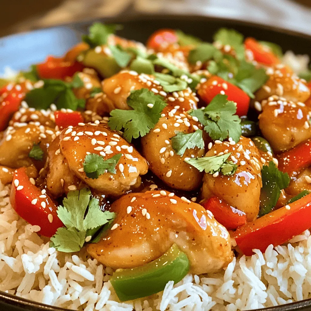 - 500g chicken thighs, boneless and skinless - 1/2 cup sweet chili sauce - 2 tablespoons soy sauce - 1 tablespoon sesame oil - 2 cloves garlic, minced - 1 teaspoon fresh ginger, grated - 1 tablespoon cornstarch - 1/4 cup water - 1/2 red bell pepper, sliced - 1/2 green bell pepper, sliced - 2 green onions, chopped - Sesame seeds for garnish - Fresh cilantro for garnish When I make Irresistible Sweet Chili Chicken, I love how simple yet bold it is. The chicken thighs bring a juicy flavor that pairs well with the sweet and savory sauce. Sweet chili sauce gives it a unique kick, while soy sauce adds depth. Sesame oil brings a nutty flavor that binds it all together. For the additional ingredients, garlic and ginger add freshness and warmth. They really help brighten the dish. Cornstarch is key for thickening the sauce and making it cling to the chicken. The bell peppers add a pop of color and a bit of crunch, too. To make the dish even more appealing, I love garnishing it with green onions, sesame seeds, and fresh cilantro. This not only looks great but also adds layers of flavor. If you want to make this dish at home, check out the Full Recipe for step-by-step details. To start, you need to make the marinade. In a mixing bowl, combine: - 1/2 cup sweet chili sauce - 2 tablespoons soy sauce - 1 tablespoon sesame oil - 2 cloves garlic, minced - 1 teaspoon fresh ginger, grated Mix these ingredients well to form a flavorful sauce. Taste the marinade and adjust it if needed. You can add more chili sauce for heat or soy sauce for saltiness. Next, let’s prepare the chicken. Cut 500g of boneless, skinless chicken thighs into small, bite-sized pieces. Add the chicken to the marinade and stir it around to coat every piece. Cover the bowl and refrigerate it for at least 30 minutes. If you have time, let it marinate for up to 2 hours. This step really boosts the flavor. Now, it’s time to cook! Heat 1 tablespoon of vegetable oil in a large skillet over medium-high heat. Add the marinated chicken (save the marinade for later) to the skillet. Sauté the chicken for about 6-8 minutes, or until it is browned and cooked through. After the chicken is cooked, add: - 1/2 red bell pepper, sliced - 1/2 green bell pepper, sliced Stir-fry these for 2-3 minutes. You want them to stay crisp and colorful. To make the sauce thick and glossy, reduce the heat to medium. Pour in the reserved marinade and bring it to a simmer. In a small bowl, mix 1 tablespoon of cornstarch with 1/4 cup of water to create a slurry. Stir this into the sauce and cook for 2 more minutes, until the sauce thickens. Once done, remove from heat and garnish with chopped green onions, sesame seeds, and fresh cilantro. Your irresistible sweet chili chicken is now ready to enjoy! For the full recipe, check out the details above. Marinade duration Marinating the chicken is key for great taste. I suggest marinating for at least 30 minutes. For best results, let it sit for up to 2 hours. This allows the chicken to soak up all the yummy flavors. Substituting ingredients You can swap sweet chili sauce with other sauces. Try teriyaki or even hoisin for a twist. If you want less heat, use a milder sauce. You can also use low-sodium soy sauce if you prefer. Best cooking methods I love using a large skillet or wok. They heat evenly and cook the chicken well. Sautéing gives a nice brown color and keeps the chicken juicy. You can also grill the chicken for a smoky flavor. Avoiding tough chicken To keep chicken tender, don’t overcook it. Cook until it’s just done. Use a meat thermometer to check. Aim for an internal temperature of 165°F. This ensures it's cooked but still moist. Serving suggestions Serve your Sweet Chili Chicken over jasmine rice or quinoa. This adds texture and balances the flavors. You can also use lettuce wraps for a fun twist. Garnishing tips Garnish with chopped green onions and sesame seeds. Fresh cilantro adds a pop of color and flavor. Drizzle with extra sauce for a shiny finish. This makes your dish look even more inviting. {{image_2}} To add heat, consider using chili flakes. Sprinkle them on the chicken before cooking. You can also add hot sauce to the marinade. Sriracha works well for a kick. Tailor the spice level to your taste. Remember, a little heat goes a long way. If you want a vegetarian dish, use tofu or seitan. Both options soak up flavors well. For tofu, press it first to remove excess water. This helps it absorb the marinade better. Adjust the marinade for a lighter taste, if needed. You can reduce the soy sauce for less salt. Pair your Sweet Chili Chicken with jasmine rice. It balances the flavors nicely. Quinoa is another great side option. For meal prep, store portions in airtight containers. This dish keeps well in the fridge. You can also serve it cold in salads. For the full recipe, check out the main article. To store leftovers, let the chicken cool first. Place it in an airtight container. This keeps the chicken fresh for up to three days. Using glass or BPA-free plastic containers works best. These materials help keep flavors intact. If you want to freeze the chicken, do it within two hours of cooking. Place it in freezer-safe bags or containers. Remove as much air as possible to avoid freezer burn. Sweet chili chicken can last up to three months in the freezer. To thaw, move it to the fridge overnight. This keeps the texture nice. For reheating, I suggest using the stove or microwave. On the stove, heat over low to medium heat. Add a splash of water or broth to keep it moist. In the microwave, cover the dish with a microwave-safe lid. This helps avoid sogginess. Heat in short bursts, stirring in between, until warmed through. You can marinate chicken for 30 minutes to 2 hours. This time frame allows the chicken to soak up all the great flavors from the marinade. If you marinate it for too long, the meat can become mushy. So, I recommend sticking to this range for the best results. Yes, you can! While I love using thighs, you can try chicken breasts or drumsticks. Chicken breasts will cook faster, while drumsticks will add more flavor. Just adjust the cooking time to ensure they are cooked through. Sweet chili chicken pairs well with jasmine rice or quinoa. You can also add steamed broccoli or a fresh salad on the side for a balanced meal. If you want to spice it up, try serving it with a tangy cucumber salad. Definitely! You can marinate the chicken a day ahead. Just keep it in the fridge until you are ready to cook. You can also cook the chicken and store it in the fridge for up to three days. When reheating, make sure it’s heated through to enjoy the best flavors. For the full recipe, check it out here: [Full Recipe]. You've learned how to make sweet chili chicken using simple ingredients and steps. From marinating chicken thighs to adding tasty bell peppers, this dish is fun to make. Don't forget the garnishes; they add flavor and color. You can try different variations, like making it spicy or switching to tofu. Proper storage keeps your leftovers fresh and tasty. With these tips, you can enjoy a delicious meal anytime. Keep experimenting and find your perfect recipe!