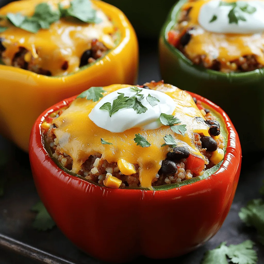 Taco stuffed bell peppers combine bright flavors with healthy ingredients. They are simple to make and fun to eat. This dish is great for a weeknight dinner or a cozy gathering. You can follow the full recipe for detailed steps. To make taco stuffed bell peppers, you will need: - 4 large bell peppers (any color) - 1 lb ground turkey or beef - 1 cup cooked rice (white or brown) - 1 can (15 oz) black beans, rinsed and drained - 1 cup corn (frozen or canned) - 1 packet taco seasoning - 1 cup diced tomatoes (fresh or canned) - 1 cup shredded cheese (cheddar or Mexican blend) - 2 tablespoons olive oil - Salt and pepper to taste - Fresh cilantro, chopped (for garnish) - Sour cream or Greek yogurt (for serving) You can swap ingredients to fit your taste or needs. Here are some ideas: - Use quinoa instead of rice for a healthier twist. - Swap ground turkey for chicken or even plant-based meat. - Try different beans, like pinto or kidney beans. - Use different cheese types, like pepper jack for a kick. - Replace sour cream with avocado or guacamole for a creamy touch. First, gather your bell peppers. I like using large ones for this recipe. Cut off the tops and remove the seeds. This makes space for the filling. Brush both the inside and outside with olive oil. Sprinkle a little salt and pepper for flavor. Place the peppers upright in a baking dish. This helps them stay steady while cooking. Next, heat the rest of the olive oil in a skillet. Add your ground turkey or beef. Cook it for about 5 to 7 minutes until it is browned. Stir in the taco seasoning, diced tomatoes, cooked rice, black beans, and corn. Mix everything well and let it simmer for about 5 minutes. This helps the flavors blend. Once heated through, remove the skillet from the heat. Then, stir in half of the shredded cheese until it melts into the filling. Now, it’s time to fill the peppers. Spoon the taco mixture into each bell pepper. Pack it in well so they are full. Top each pepper with the rest of the cheese. Cover the baking dish with aluminum foil. Bake in your preheated oven for 30 minutes. After that, remove the foil and bake for another 10 to 15 minutes. The peppers should be tender, and the cheese will be bubbly and golden. Let the peppers cool for a few minutes. Finally, garnish with fresh cilantro and serve with sour cream or Greek yogurt on the side. For the full recipe, check out the section on ingredients. Enjoy your Taco Stuffed Bell Peppers! To get the best bell peppers, choose ones that feel firm. They should have bright colors. Cut the tops off and remove the seeds. Brush the insides with olive oil. Sprinkle salt and pepper for flavor. Baking them covered helps them cook evenly. After 30 minutes, remove the foil. This gives the tops of the peppers a nice color. I love adding extra flavor to my taco mix. Try some fresh lime juice for a zesty kick. You can also add chopped onions or garlic to the meat. Fresh herbs like cilantro make a big difference. If you want heat, add jalapeños or spicy salsa. You can mix in some diced avocado for creaminess, too. One common mistake? Not cooking the filling enough. Make sure it’s hot before stuffing the peppers. Avoid overcooking the peppers, too. They should be tender but not mushy. If you stuff them too loosely, the filling can fall out. Lastly, don’t skip the cheese on top. It adds a wonderful flavor and keeps everything together. For more details, check out the Full Recipe. {{image_2}} You can easily make this dish vegetarian or vegan. Replace the meat with cooked lentils, quinoa, or a mix of mushrooms and zucchini. These options add great texture and flavor. For a vegan version, skip the cheese or use a dairy-free cheese. You can also add more veggies like spinach or bell pepper tops to fill the peppers. Change up the protein to fit your taste. Ground chicken or pork works well instead of beef or turkey. You can also use shredded rotisserie chicken for a quick option. If you're feeling adventurous, try using fish like tuna or salmon. Each protein gives a unique flavor to the dish. Adjust the heat level based on your preference. For a mild version, use sweet bell peppers and skip spicy seasonings. If you love heat, add chopped jalapeños or use spicy taco seasoning. You can also mix in some hot sauce or cayenne pepper. This way, everyone can enjoy taco stuffed bell peppers at any heat level! Find the full recipe for taco stuffed bell peppers and start cooking today! To keep your taco stuffed bell peppers fresh, let them cool first. Place the leftovers in an airtight container. They can stay in the fridge for up to four days. Make sure to keep any toppings, like sour cream, separate. Reheat the stuffed peppers in the oven for the best taste. Preheat your oven to 350°F (175°C). Place the peppers in a baking dish and cover with foil. Heat for about 20 minutes until hot. You can also use a microwave if you're in a hurry. Just place one pepper on a microwave-safe plate and heat for 2-3 minutes. You can freeze taco stuffed bell peppers for later meals. Wrap each pepper tightly in plastic wrap, then place them in a freezer bag. They can last in the freezer for up to three months. When you're ready to eat, thaw them overnight in the fridge. Then, reheat as mentioned above. Enjoy this easy meal anytime! Yes, you can use different meats. Ground chicken or pork work well too. You could also try plant-based meat for a veggie option. Each will give a unique flavor to your Taco Stuffed Bell Peppers. To make Taco Stuffed Bell Peppers gluten-free, use gluten-free taco seasoning. Check ingredient labels on beans and rice. Most canned beans and rice are naturally gluten-free. This way, everyone can enjoy the dish! Serve your Taco Stuffed Bell Peppers with simple sides. A fresh salad pairs nicely. You could also add tortilla chips or guacamole. These sides will round out your meal and add extra crunch! A serving of Taco Stuffed Bell Peppers has about 300-400 calories. This can change based on the meat and cheese you use. For a lighter option, skip the cheese or use less meat. Enjoy! This blog post covered how to make tasty taco stuffed peppers. I shared key ingredients and gave you a full recipe overview. You learned about preparation and cooking steps, plus tips for the best results. We explored variations to suit your taste and storage info for leftovers. Taco stuffed peppers are fun to make and enjoy. You can mix flavors and adjust the recipe for your needs. Now, you'll have a delicious meal ready anytime you want!
