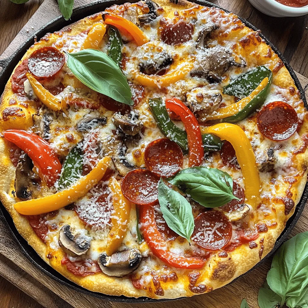 To make the best cast iron pizza, you need a few key ingredients. Here’s what you’ll need: - 2 cups all-purpose flour - 1 teaspoon instant yeast - ¾ teaspoon salt - 1 teaspoon sugar - ¾ cup warm water (about 110°F) - 2 tablespoons olive oil - 1 cup pizza sauce (store-bought or homemade) - 2 cups shredded mozzarella cheese - Toppings of your choice (pepperoni, bell peppers, mushrooms, olives, etc.) - Fresh basil leaves for garnish - Parmesan cheese for topping Using high-quality ingredients makes a big difference. Choose fresh mozzarella for a creamy texture. Opt for a good olive oil to enhance the flavor. If you can, use homemade pizza sauce. It’s easy and tastes better. The toppings can make or break your pizza. Here are some popular choices: - Classic: Pepperoni and mozzarella - Veggie Delight: Bell peppers, onions, and mushrooms - Meat Lovers: Sausage, bacon, and ham - Margherita: Fresh basil, mozzarella, and tomatoes Feel free to get creative with your own toppings. Try adding different cheeses or unique veggies. You can also make a white pizza with ricotta cheese and spinach. The sky's the limit! To make the dough, start by mixing these dry ingredients in a large bowl: - 2 cups all-purpose flour - 1 teaspoon instant yeast - ¾ teaspoon salt - 1 teaspoon sugar Next, add warm water slowly. Use about ¾ cup at 110°F. Mix until you see a rough dough form. This dough will be sticky but manageable. Now, turn the dough onto a floured surface. Knead it for 5-7 minutes. You want it smooth and elastic. When done, it should bounce back when you press it. Lightly grease the bowl with olive oil. Place the dough back in the bowl. Cover it with a damp cloth. Let it rise in a warm spot for about 1 hour. The dough should double in size. While the dough rises, preheat your oven to 475°F (245°C). Place a 10-12 inch cast iron skillet in the oven. This will help create a crispy crust. Once the dough has risen, punch it down. Transfer it to a floured surface. Roll or stretch the dough to fit your skillet. It should be a bit larger than the pan. Carefully take the hot skillet from the oven. Drizzle olive oil into the pan. Place the dough inside and press it into the edges. Now, spread pizza sauce on the dough. Leave a small border for the crust. Top it with shredded mozzarella cheese and your favorite toppings. Return the skillet to the oven. Bake for 12-15 minutes. The cheese should be bubbly and golden. The crust should be crispy and firm. Once the pizza is done, remove it from the oven. Sprinkle grated Parmesan on top, and add fresh basil leaves for garnish. Let it cool for a few minutes before slicing. Serve the pizza slices on a wooden cutting board. Add a small bowl of extra pizza sauce on the side for dipping. This will make it look great and taste even better! Seasoning your cast iron skillet is key. Seasoning creates a non-stick surface and adds flavor. To season, coat the skillet with a thin layer of vegetable oil. Place it upside down in a hot oven for an hour. Let it cool and repeat this step often. This keeps your skillet in top shape. Daily maintenance is simple. After cooking, clean the skillet while it's warm. Use hot water and a stiff brush. Avoid soap and never soak it. Dry it right away to prevent rust. If you see rust, scrub it off and re-season. If your dough sticks to the skillet, it may not be hot enough. Always preheat your skillet before adding dough. You can also use more oil to create a barrier. This helps the crust release easily. For uneven cooking, check your oven temperature. An oven thermometer can help verify it. If one side cooks faster, rotate the skillet halfway through baking. This ensures every slice gets that perfect crisp. Adding herbs and spices can boost your pizza's taste. Try oregano, basil, or crushed red pepper for a kick. You can also mix fresh garlic into the sauce for deeper flavor. Infused oils can elevate your pizza as well. Drizzle garlic or chili-infused oil on top before serving. This adds a burst of flavor and makes your pizza shine. Experiment with different oils to find your favorite mix. {{image_2}} You can make many different kinds of pizza using a cast iron skillet. Three popular styles are deep-dish, thin crust, and stuffed pizza. Each style has its own unique cooking method. - Deep-Dish Pizza: This style uses more dough. You make a thicker crust, which holds lots of toppings and sauce. The crust cooks slowly, making it soft inside and crispy outside. - Thin Crust Pizza: For this style, you roll out the dough very thin. It cooks fast, creating a crispy base. The toppings are light, allowing the crust to shine. - Stuffed Pizza: This type has dough on the bottom and top. You place toppings in between the layers. It bakes like a pie, giving a fun twist to the classic pizza. The cooking layer changes with different styles. A deep-dish pizza needs more time to cook than a thin crust. Make sure to adjust your baking time based on the style you choose. You can still enjoy pizza if you have dietary needs. Gluten-free and vegan options allow everyone to join in. - Gluten-Free Dough Options: You can use almond flour, rice flour, or gluten-free all-purpose flour to make dough. These flours create a different texture but are just as tasty! - Vegan Cheese and Topping Ideas: Use cashew cheese or store-bought vegan cheese for a creamy touch. Top with veggies like bell peppers, mushrooms, or spinach for added flavor and nutrition. These alternatives make pizza enjoyable for all diets. Using seasonal ingredients makes your pizza fresh and exciting! You can change your toppings with the seasons. - Using Seasonal Vegetables for Toppings: In spring, try asparagus and artichokes. Summer is great for tomatoes and zucchini. Fall can include pumpkins and squash. Winter brings hearty greens and root vegetables. - Holiday-Themed Pizzas: Get creative during the holidays. For Halloween, use black olives and orange peppers. For Christmas, top with red and green peppers, or add festive herbs like rosemary. These seasonal recipes keep your cast iron pizza fun and fresh all year long. For the full recipe, click [Full Recipe]. To keep your leftover pizza fresh, wrap each slice in plastic wrap. This helps keep moisture in and prevents the pizza from drying out. You can also use aluminum foil if you prefer. Make sure to store the wrapped slices in an airtight container. Place the container in the fridge. Use your leftovers within three days for the best taste. When you’re ready to eat, reheating is key. To reheat, place the slices in a skillet on low heat. Cover the skillet with a lid to help the cheese melt. Heat for about 5 to 7 minutes. This method keeps the crust crispy and the cheese gooey. You can also use the oven. Preheat the oven to 350°F. Place the slices on a baking sheet for 10 minutes. Yes, you can freeze cast iron pizza! Freezing is great if you have extra slices. First, let the pizza cool completely. Then, wrap each slice tightly in plastic wrap. After that, place them in a freezer bag. Remove as much air as you can to prevent freezer burn. You can freeze pizza for up to two months without losing flavor. When you’re ready to eat, thaw the slices in the fridge overnight. If you’re short on time, you can also use the microwave. Heat on low power for a few minutes. After thawing, reheat like before in a skillet or oven for the best texture. Enjoying your delicious pizza later is easy with these simple steps! The best cast iron pan for pizza is one that is heavy and has good heat retention. I recommend using a 10 to 12-inch skillet. Some great brands include Lodge, Camp Chef, and Le Creuset. Lodge is a great choice for most home cooks. Their skillets are affordable and very durable. Camp Chef offers wider pans, which are great for larger pizzas. Le Creuset is a premium choice, known for its quality and color options. You can cook pizza in a non-seasoned cast iron pan, but the results may not be great. A non-seasoned pan may stick to the dough, making it hard to remove. The crust might not get that nice crispiness we love. Seasoning helps create a non-stick surface and adds flavor. I suggest seasoning your pan before cooking pizza for best results. Bake your pizza in a cast iron skillet for 12 to 15 minutes. Preheat your oven to 475°F (245°C) first. This high temperature helps the crust become crispy. Keep an eye on the cheese; it should be bubbly and golden. If the edges brown too fast, you can place a piece of foil over the pan. This helps ensure even cooking and the perfect crust. For more details, you can check the Full Recipe. I covered everything you need to craft the best cast iron pizza. From key ingredients to step-by-step baking tips, you now have the know-how. Toppings, dough, and techniques can elevate your pizza game. Remember to season your skillet and maintain it well for long-lasting use. Whether you go for deep-dish or gluten-free options, enjoy the journey of creating your perfect slice. Keep these tips in mind, and you'll make delicious pizza every time. Your kitchen is now the place for tasty creations!