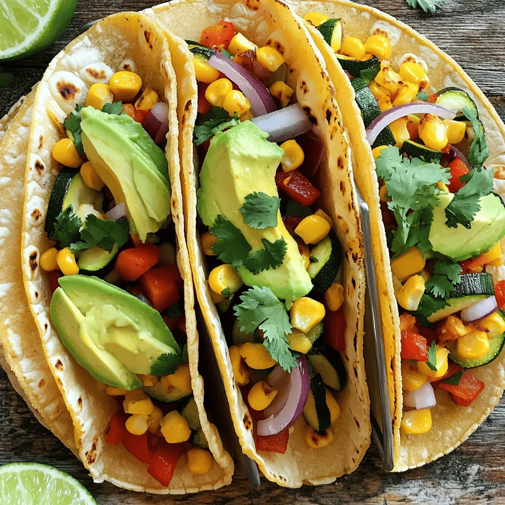 For these zesty roasted veggie tacos, you need a few fresh ingredients. Here’s the list: - Medium zucchini - Red and yellow bell peppers - Red onion - Corn kernels - Olive oil - Seasonings: chili powder, cumin, smoked paprika, salt, pepper - Corn tortillas - Avocado - Fresh cilantro - Lime wedges Each ingredient plays an important role in making your tacos flavorful and healthy. The zucchini adds a nice crunch, while bell peppers bring sweetness. Red onion gives a sharp bite, and corn adds a bit of sweetness too. Olive oil helps to roast the veggies well, giving them a golden color. Seasonings like chili powder and cumin add warmth and depth. Smoked paprika gives a hint of smokiness that makes your tacos more exciting. The corn tortillas provide a soft base for your fillings. Topping with avocado and cilantro adds creaminess and freshness, while lime wedges give a zesty finish. For the full recipe, you can check the instructions above. Enjoy making these vibrant tacos! Start by preheating your oven to 425°F (220°C). This high heat helps the veggies roast well and get a nice color. Next, grab your fresh vegetables. Dice the zucchini, red bell pepper, and yellow bell pepper. Slice the red onion. Combine all these in a large mixing bowl with the corn kernels. This mix forms the tasty base of your tacos. Drizzle 2 tablespoons of olive oil over the veggies. Add 1 teaspoon each of chili powder, cumin, and smoked paprika. Season with salt and pepper to taste. Toss the mixture until every piece is coated. Spread the veggies evenly on a baking sheet lined with parchment paper. Roast them in the oven for about 20-25 minutes. You want them tender and slightly caramelized. While the veggies roast, warm your corn tortillas. Heat a dry skillet over medium heat. Place each tortilla in for about 30 seconds per side until soft. This step makes them easier to fold. When the veggies finish roasting, take them out of the oven. Now, it's time to build your tacos! Place a generous portion of roasted vegetables on each tortilla. Top them with fresh avocado slices and a sprinkle of cilantro. Serve your tacos with lime wedges on the side. Squeeze lime juice over the top for an extra burst of flavor. Enjoy this colorful, healthy meal! For the full recipe, refer to the section above. Roasting veggies is all about timing. I recommend roasting your veggies for 20-25 minutes at 425°F (220°C). Check them halfway through. If they look dry, add a bit more olive oil. You want them tender and slightly caramelized for a great flavor. Warm tortillas make all the difference. Heat a dry skillet over medium heat. Place the tortillas in for about 30 seconds on each side. This softens them and brings out their flavor. You can also wrap them in a damp paper towel and microwave for 15 seconds. Both methods work well! For extra flavor, try adding lime juice to the veggies before roasting. You can also mix in some garlic powder or a pinch of cayenne pepper. Fresh herbs, like cilantro, add brightness too. Top your tacos with avocado slices for creaminess and balance. Make your tacos look inviting! Layer the roasted veggies in the center of each tortilla. Add avocado slices and sprinkle cilantro on top. Serve with lime wedges on the side. This not only adds color but also lets guests add their own zest. For the full recipe, check out the details above! {{image_2}} You can easily add protein to your zesty roasted veggie tacos. Grilled chicken, shrimp, or black beans work well. Just cook your choice of protein alongside the veggies. This adds flavor and makes the meal heartier. If you prefer plant-based options, try lentils or tempeh. They soak up spices beautifully. If you have dietary needs, you can adjust the ingredients. For gluten-free tacos, use corn tortillas. You can swap olive oil for avocado oil if needed. If you’re vegan, skip the avocado and add more veggies. Use cashew cream instead of dairy-based toppings for a rich taste. You can also replace corn with diced sweet potatoes for a different texture. Toppings can take your tacos to another level. Try adding salsa, hot sauce, or a drizzle of tahini. Fresh lime juice brightens the flavors. For crunch, add shredded cabbage or radishes. You can also sprinkle some feta or cotija cheese on top for a salty bite. Fresh herbs like cilantro or parsley add freshness and color. For the full recipe, refer to the Zesty Roasted Veggie Tacos section above. After enjoying your zesty roasted veggie tacos, store leftovers in an airtight container. This keeps them fresh for up to three days in the fridge. Make sure to separate the tortillas from the veggies to avoid sogginess. Place any uneaten toppings, like avocado and cilantro, in separate containers. This helps maintain their flavor and texture. To reheat your leftovers, start by warming the veggies in a skillet over medium heat. Stir them for about five minutes until they are hot. You can also microwave the veggies in short bursts, stirring in between. For the tortillas, heat them in a dry skillet for about 30 seconds on each side. This brings back their soft texture and flavor. If you want to freeze the roasted veggies, let them cool first. Then, place them in a freezer-safe bag or container. They can last up to three months in the freezer. When ready to use, thaw them in the fridge overnight. For the corn tortillas, wrap them in foil and freeze them as well. You can use them directly from the freezer, warming them on a skillet. For the full recipe, check out the complete details above! To add spice, use jalapeños or hot sauce. Chopped chili peppers also work well. You can mix in more chili powder or cayenne pepper. Just adjust to your taste for the perfect kick. Yes! Feel free to swap in any veggies you like. Broccoli, cauliflower, or sweet potatoes are great options. Just remember to cut them small for even roasting. This lets all the flavors blend well. Toppings can really make your tacos pop! Try diced tomatoes, shredded lettuce, or black beans. Fresh salsa, cheese, or a drizzle of sour cream can add flavor. Don't forget the lime juice for a zesty finish! To avoid breaking, warm the tortillas before use. Heat them in a dry skillet for about 30 seconds each side. You can also wrap them in a damp cloth and microwave for a few seconds. This makes them soft and easy to fold. Absolutely! These tacos are great for meal prep. Roast the veggies ahead of time and store in the fridge. You can then assemble your tacos fresh when you are ready to eat. This saves time and keeps them tasty. For the full recipe, check out the earlier section. This blog post covered everything you need for tasty roasted veggie tacos. We went through the key ingredients, like zucchini, bells peppers, and spices. Then, I showed you step-by-step instructions on how to prep and cook the veggies. We even shared some tips to get the best flavor and store leftovers. Roasted veggie tacos are easy, fun, and tasty. You can mix and match ingredients to suit your taste. Now, it's time for you to try this recipe and enjoy every bite. Happy cooking!
