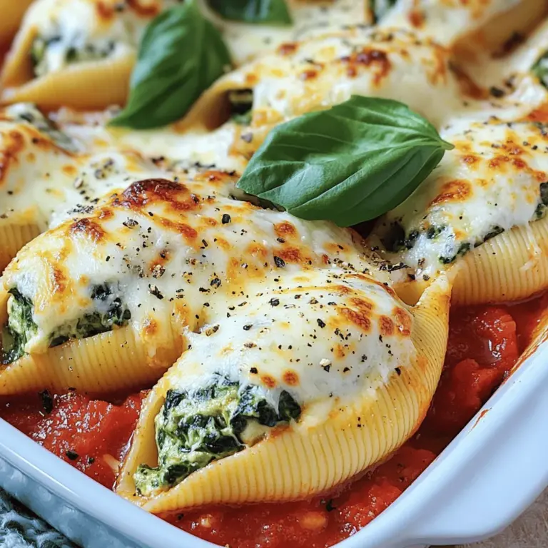 - 12 jumbo pasta shells - 2 cups fresh spinach, chopped - 1 cup ricotta cheese - 1 cup mozzarella cheese, shredded - ½ cup Parmesan cheese, grated - 1 egg, beaten - 2 cloves garlic, minced - 1 teaspoon Italian seasoning - 1 jar (24 oz) marinara sauce - Salt and pepper to taste - Fresh basil, for garnish (optional) To make cheesy spinach stuffed shells, you need simple ingredients. Start with jumbo pasta shells. They serve as the big, tasty base. Fresh spinach adds flavor and nutrients. You will also need three types of cheese: ricotta, mozzarella, and Parmesan. Each cheese brings a unique taste and texture. The beaten egg binds everything together for a nice filling. Garlic gives a rich flavor, while Italian seasoning adds warmth. Marinara sauce is key for topping and baking. Finally, salt and pepper help round out the flavors. Fresh basil makes a lovely garnish, adding color and a fresh taste. - Selecting fresh ingredients: Choose bright green spinach. The leaves should be crisp and firm. Look for pasta that is sturdy and free from cracks. Fresh cheeses should be creamy and full of flavor. - Choosing the right cheeses: For the best taste, use whole milk mozzarella. It melts beautifully. Fresh ricotta gives a light and fluffy texture. Grated Parmesan adds a salty bite. Using quality cheeses makes a big difference in flavor. For more details on how to make these delicious cheesy spinach stuffed shells, check out the Full Recipe. 1. Preheat the Oven and Prepare Pasta Shells Start by preheating your oven to 375°F (190°C). This helps the dish cook evenly. Next, cook the jumbo pasta shells according to the package instructions. Aim for al dente, which means they should still have a little bite. Once cooked, drain the shells and set them aside to cool. 2. Sauté Garlic and Spinach In a large skillet, heat a splash of olive oil over medium heat. Add the minced garlic and sauté for about one minute until it smells great. Then, add the chopped spinach. Cook the spinach until it wilts, which takes about 2-3 minutes. After that, remove the skillet from the heat and let it cool slightly. 1. Mixing Cheeses and Seasoning In a mixing bowl, combine the ricotta cheese, shredded mozzarella cheese, and grated Parmesan cheese. Add the beaten egg, Italian seasoning, and the cooled spinach mixture. Season with salt and pepper to taste. Mix everything until it’s well combined. This creamy filling will make the shells so delicious. 1. Assembling the Stuffed Shells Start by spreading a thin layer of marinara sauce on the bottom of a 9x13 inch baking dish. This helps prevent the shells from sticking. Next, take each cooked shell and fill it with the cheese and spinach mixture. Place the stuffed shells in the baking dish in a single layer. 2. Baking Times and Temperatures Once all the shells are stuffed, pour the remaining marinara sauce over the top. Make sure every shell is covered. For extra cheesiness, sprinkle a little more mozzarella cheese on top. Cover the baking dish with aluminum foil and bake for 25 minutes. After that, remove the foil and bake for an additional 10-15 minutes until the cheese is bubbly and golden. Let it cool for a few minutes before serving. Enjoy your cheesy spinach stuffed shells! For the full recipe, check out the complete guide. To cook your pasta shells perfectly, follow the package instructions. Use plenty of water and salt. This adds flavor to the pasta. Cook them until they are al dente, which means firm to the bite. Drain the shells and let them cool. This helps you handle them without breaking. For the best cheesy topping, use a mix of mozzarella and Parmesan. Sprinkle a little extra mozzarella on top before baking. This creates a golden, bubbly crust. Cover your dish with foil for the first part of baking. This keeps the moisture in. Remove the foil later to let the cheese brown. Cheesy spinach stuffed shells pair well with a simple salad or garlic bread. A fresh green salad with a light vinaigrette keeps it light. Garlic bread adds a crunchy texture that everyone loves. When serving, arrange the stuffed shells in a nice dish. Pour marinara sauce over the shells for a pop of color. Garnish with fresh basil for a touch of green. This makes the dish look fresh and inviting. For a fun twist, serve with a sprinkle of red pepper flakes for heat. You can find the full recipe for more details on making this dish. {{image_2}} You can switch up the cheese in this dish. Instead of ricotta, try cottage cheese for a lighter option. For a bolder taste, use feta cheese or goat cheese. Each choice brings a unique flavor to the stuffed shells. Adding protein can make this dish heartier. Cooked chicken or shrimp works well in the filling. Just chop them up and mix them in with the cheese and spinach. This not only adds protein but also makes the meal more filling. If you need a gluten-free version, use gluten-free pasta shells. Many brands offer great alternatives that taste just as good. Just follow the cooking instructions on the package for best results. For a vegan option, you can replace the cheese. Use cashew cheese or tofu blended with nutritional yeast. This gives you a creamy filling without dairy. You can also skip the egg or use a flaxseed mixture as a binder. These options keep the dish delicious while meeting dietary needs. To keep your cheesy spinach stuffed shells fresh, store them properly. After serving, let the shells cool for about 30 minutes. Place them in an airtight container. They will last in the fridge for up to three days. If you want to save them for later, freezing is a good option. Use a freezer-safe container or a heavy-duty freezer bag. Label it with the date. You can freeze the stuffed shells for up to three months. Reheating is simple and keeps the taste great. I recommend using the oven for best results. Preheat your oven to 350°F (175°C). Place the shells in an oven-safe dish. Add a splash of marinara sauce to keep them moist. Cover the dish with foil to prevent drying out. Heat for about 20 minutes or until warm. You can also use the microwave if you are short on time. Heat for 2-3 minutes, but check often. Enjoy your meal without losing texture or flavor! How do I make cheesy spinach stuffed shells from scratch? You start by cooking jumbo pasta shells. You can find them in any grocery store. While they cook, sauté garlic in a pan and add fresh spinach. Once wilted, mix the spinach with ricotta, mozzarella, Parmesan, a beaten egg, and Italian seasoning. Stuff each shell with this cheesy mixture. Then, layer marinara sauce in a baking dish, arrange the stuffed shells, and pour more sauce on top. Finally, bake until bubbly. For the full recipe, you can check the recipe card. Can I prepare cheesy spinach stuffed shells ahead of time? Yes, you can prepare them ahead. Stuff the shells and place them in a baking dish. Cover with cling wrap and store in the fridge. You can bake them the next day. This makes meal prep easy and saves time. What sides go well with cheesy spinach stuffed shells? Cheesy spinach stuffed shells pair nicely with a simple salad. A fresh green salad with a light vinaigrette works well. Garlic bread is another great choice. It helps soak up all that delicious sauce. You can also serve steamed vegetables on the side for a balanced meal. In this post, we explored how to create delicious cheesy spinach stuffed shells. We went over the ingredients, preparation steps, and baking process needed for a perfect dish. You learned key tips for quality ingredients, cooking techniques, and serving suggestions. Variations allowed for flexibility, catering to different diets. Overall, this dish is simple yet satisfying. Enjoy your cooking adventure and impress your family with these tasty shells!