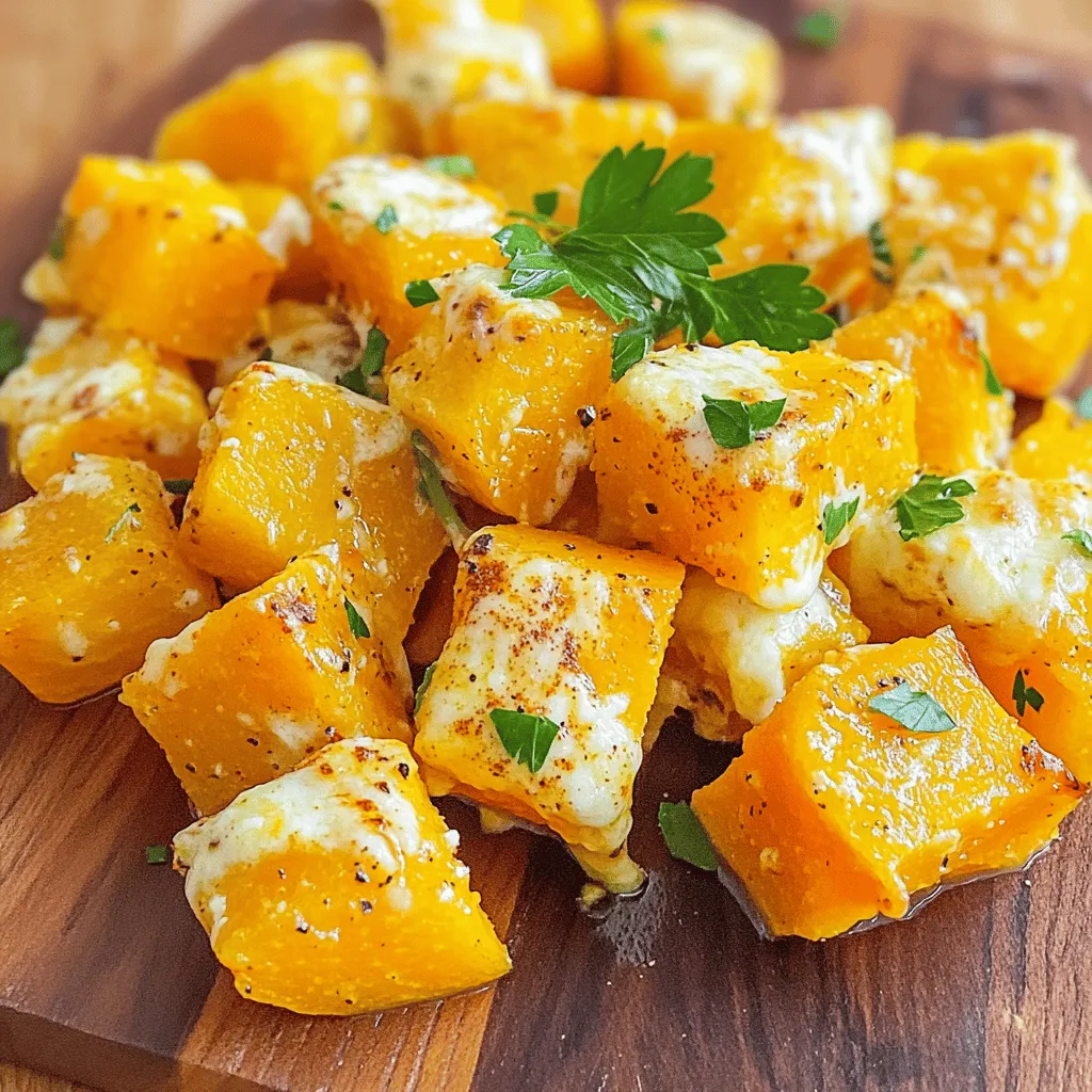 - 2 medium butternut squash, peeled and diced - 1/4 cup olive oil - 1 teaspoon garlic powder - 1 teaspoon dried thyme - 1/2 teaspoon smoked paprika - Salt and pepper to taste - 1 cup freshly grated Parmesan cheese - 2 tablespoons fresh parsley, chopped for garnish - Baking sheet - Parchment paper - Large mixing bowl - Cooking utensils (spatula, knife, etc.) Gather these ingredients to create a fun and tasty dish. Butternut squash adds a lovely sweetness. The olive oil helps the squash roast nicely. Garlic powder and thyme bring great flavor. Smoked paprika adds a hint of warmth. Don’t forget to season with salt and pepper. Freshly grated Parmesan cheese gives a rich, cheesy finish. Finally, parsley adds a pop of color. Use a baking sheet lined with parchment paper. This makes cleanup easy and prevents sticking. A large mixing bowl is key for tossing the squash with oil and spices. Simple cooking tools like a spatula and knife will help you prep quickly. With all these ingredients and tools ready, we can move on to making the dish. For the full recipe, check out the link. - Preheat the oven to 425°F (220°C). - In a large mixing bowl, combine the diced butternut squash, olive oil, garlic powder, dried thyme, smoked paprika, salt, and pepper. Toss until the squash is well coated. - Spread the seasoned squash evenly on a baking sheet lined with parchment paper. - Roast in the preheated oven for 25 minutes. This helps the squash become tender. - Remove the squash from the oven and sprinkle the grated Parmesan cheese evenly on top. - Return the baking sheet to the oven. Roast for an additional 10-15 minutes until the cheese turns golden and crispy. - Once done, remove from the oven and garnish with chopped parsley. - Serve it warm as a side dish or a tasty snack. You can pair it with roasted meats or a fresh salad. Try the Full Recipe for more details. To get the perfect texture, cut the squash into even pieces. This helps them cook at the same rate. Aim for 1-inch cubes for best results. Spread the cubes out on the baking sheet. If they touch, they will steam, not roast. This can make them soft instead of crispy. Experiment with different flavors to enhance your dish. Try adding a pinch of cayenne for heat or a dash of lemon juice for brightness. Taste your squash before serving. Adjust salt and spices as needed to fit your taste. Remember, the Parmesan will add saltiness too. I recommend using fresh, grated Parmesan for a bold flavor. Store-bought grated cheese may lack the same taste. If you want a dairy-free option, use nutritional yeast. It gives a cheesy flavor without dairy. You can also try Pecorino Romano for a stronger kick. {{image_2}} You can switch up the squash in this recipe. Acorn squash adds a sweet and nutty flavor. Spaghetti squash gives a fun, stringy texture. You could also mix in other veggies. Try carrots or Brussels sprouts for variety. Each option brings its own taste and style. To add crunch, toss in nuts or seeds. Chopped walnuts or pumpkin seeds work great. You can also play with herbs and spices. Try adding rosemary for a woodsy taste or chili flakes for heat. Each addition can change the dish's flavor profile. Get creative and find what you love! You can turn this dish into a salad. Just toss the roasted squash with fresh greens. Add some nuts and a light dressing for a full meal. Pair it with proteins, like chicken or tofu, for a hearty option. You can also serve it with grains, like quinoa or rice, for extra fiber. To keep your Parmesan roasted squash fresh, store leftovers in an airtight container. Make sure the squash is completely cooled before sealing it. This helps prevent moisture buildup, which can lead to sogginess. If you want to freeze the squash, place it in a freezer-safe bag. Squeeze out as much air as possible before sealing. You can keep it in the freezer for up to three months. When you want to enjoy your squash again, reheating it correctly is key. The best way is to use an oven. Preheat the oven to 350°F (175°C). Place the squash on a baking sheet and cover it loosely with foil. This keeps the moisture in and helps maintain texture. Heat for about 15-20 minutes, or until warmed through. You can also use a microwave, but this can make the squash soft. If you choose the microwave, heat in short bursts and stir in between. In the fridge, your leftovers will last about three to five days. Always check for signs of spoilage before eating. If you see mold or if the squash smells off, it's best to throw it away. The texture may also change over time, becoming mushy or watery. Enjoy your flavorful dish while it's fresh! For the full recipe, refer to the earlier section. Can I use different types of cheese? Yes, you can use other cheeses. Try using mozzarella or feta. Each cheese brings a unique taste. You can mix cheeses for depth in flavor. How do I adjust the recipe for a larger crowd? To serve more people, double or triple the ingredients. Just make sure your baking sheets can hold it all. Cook in batches if needed. Keep an eye on the cooking time, as it may vary. Is this dish suitable for meal prep? Absolutely! Parmesan roasted squash works great for meal prep. It stays tasty in the fridge for about four days. Just reheat in the oven for the best texture. Caloric content per serving Each serving of Parmesan roasted squash contains about 200 calories. The exact number may vary based on the amount of cheese used. Health benefits of butternut squash Butternut squash is rich in vitamins A and C. It also has fiber, which is great for digestion. Plus, it contains antioxidants that help fight disease. What to do if the squash is too soft? If your squash turns out too soft, it might have cooked too long. Next time, reduce the roasting time. You can also increase the temperature slightly for a crispier texture. How can I make this dish vegan? To make it vegan, skip the Parmesan cheese. Try using nutritional yeast instead. It gives a cheesy flavor without dairy. Add more spices to enhance the taste. In this post, we explored the delicious recipe for roasted butternut squash. We covered essential ingredients, needed equipment, and clear steps for preparation and roasting. Tips for perfect texture and seasoning also enhance the dish. You can try variations like different squashes or add nuts for crunch. Lastly, proper storage techniques keep leftovers fresh. This dish is not only tasty but offers healthy benefits too. I hope you enjoy making it as much as I do!