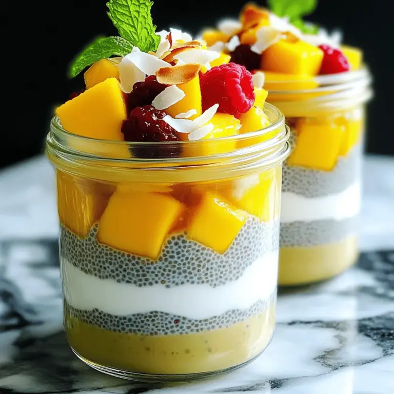 - 1 cup coconut milk - 1/4 cup chia seeds - 2 tablespoons maple syrup or honey - 1 teaspoon vanilla extract - Pinch of salt - Fresh fruit for topping - Toasted coconut flakes - Mixing bowl - Whisk - Plastic wrap or lid Coconut chia pudding is a great dish. It is simple and full of flavor. Let’s break down the ingredients. We start with coconut milk, which gives the pudding its rich taste. Chia seeds are the star of this dish. They soak up the liquid and turn creamy. Sweetness comes from maple syrup or honey. A dash of vanilla adds warmth, while a pinch of salt balances the flavors. For toppings, fresh fruit makes it pop. You can use mango, berries, or kiwi. Toasted coconut flakes add crunch. They also enhance the coconut flavor. Next, you’ll need some tools. A mixing bowl helps you combine everything. A whisk makes sure the chia seeds mix in well. Lastly, don’t forget plastic wrap or a lid. You need to cover the bowl while it sets. You can find the full recipe in the article to get started! - In a mixing bowl, combine the coconut milk, chia seeds, maple syrup (or honey), vanilla extract, and a pinch of salt. - Whisk the mixture thoroughly until the chia seeds are well distributed. This will help avoid clumps. - Cover the bowl with plastic wrap or a lid. - Refrigerate for at least 4 hours, or overnight, for the best results. This allows the chia seeds to absorb the liquid and expand, creating a creamy texture. - Once set, spoon the pudding into bowls or jars. - Top with fresh fruit like mango, berries, or kiwi. Optionally, sprinkle toasted coconut flakes for added flavor and crunch. For the full recipe, check out the details above! To make your chia pudding smooth, you need to ensure your chia seeds are well distributed. Mix the seeds into the coconut milk thoroughly. This step stops any clumping. After refrigerating, stir the pudding again before serving. This will break up any lumps that form. A good stir makes the texture creamy and enjoyable. You can add many flavors to your pudding. Try adding cocoa powder for a chocolate twist. You can also mix in almond extract for a nutty edge. If you want sweetness, use maple syrup, honey, or agave. Each sweetener gives a unique taste. Experiment to find what you love most! Serving coconut chia pudding can be fun! Use clear jars to show off the layers. It makes the dish look fancy and inviting. Add fresh fruit on top for color and texture. A sprig of mint can make it pop! These small touches can turn dessert into a work of art. {{image_2}} You can mix things up with your coconut chia pudding in fun ways. - Chocolate coconut chia pudding: Add 2 tablespoons of cocoa powder to the mix. Stir well. This gives a rich chocolate taste. It’s perfect for a sweet treat. - Tropical coconut chia pudding with pineapple: Toss in some crushed pineapple or fresh pineapple chunks. This adds a bright, fruity flavor. You’ll feel like you’re on a beach vacation! Coconut chia pudding is easy to tweak for special diets. - Vegan coconut chia pudding: The base recipe is already vegan! Just use maple syrup for sweetening. - Gluten-free options: This pudding is gluten-free! All the ingredients are safe for gluten-free diets. Enjoy without worry. You can change the toppings based on the season. - Summertime berries addition: In summer, add fresh berries like strawberries or blueberries. They add sweetness and color to your pudding. - Autumn spices variation: In fall, mix in cinnamon or nutmeg. This gives a warm, cozy flavor. It’s a great way to enjoy seasonal spices. For the full recipe, you can find all the details above! You can store coconut chia pudding in the fridge for up to five days. Make sure to keep it in a sealed container. This helps to prevent it from drying out or absorbing other odors. If you notice any separation, just stir it before serving. It’s best to enjoy it fresh, but it still tastes great after a few days. Yes, you can freeze coconut chia pudding! Just place it in an airtight container. It can stay fresh in the freezer for up to three months. When you’re ready to eat it, defrost it in the fridge overnight. You can also use the microwave, but do it slowly. Stir it every 30 seconds to keep the texture smooth. Leftover pudding can be a fun ingredient! You can mix it into smoothies for added creaminess. Try using it as a topping for oatmeal or pancakes. You can also layer it in parfaits with yogurt and fruit. This way, you enjoy it in new ways without waste. Coconut chia pudding is a creamy, nutritious treat made with chia seeds and coconut milk. Chia seeds are tiny, but they pack a big punch. They are rich in fiber, protein, and omega-3 fatty acids. Coconut milk adds a rich flavor and healthy fats, making this pudding both tasty and filling. This dish is great for breakfast or a snack. It’s vegan and gluten-free, perfect for many diets. Plus, you can customize it with your favorite toppings, like fresh fruit or nuts. Coconut chia pudding needs time to set. It usually takes about four hours in the fridge. For the best results, leave it overnight. This gives the chia seeds enough time to absorb the liquid and swell. When it’s done, the pudding should be thick and creamy. If you want a softer texture, reduce the setting time. Stir the pudding before serving to break up any clumps. Yes, you can use other types of milk. Almond milk, soy milk, or oat milk work well. Each milk gives a different flavor and texture. Almond milk is lighter, while soy milk is creamier. If you choose a milk without fat, the pudding will be less rich. Always choose unsweetened milk to keep the taste balanced. Experiment with different milks to find your favorite! This recipe is very healthy. Chia seeds are high in fiber, which helps digestion. They also keep you full longer, making them great for weight control. Coconut milk is rich in healthy fats that support heart health. Together, these ingredients create a balanced snack or meal. You can add fruit on top for extra vitamins. It’s a smart choice for a health boost! For the full recipe, check the earlier section. This blog post guides you through making coconut chia pudding. We reviewed core ingredients, including coconut milk, chia seeds, and sweeteners. I shared step-by-step instructions for prep, setting, and serving. You'll find tips for texture, flavor, and storage. Various options let you customize this dish to your liking. Enjoy experimenting with flavors and toppings. Coconut chia pudding is not just fun to make; it's tasty and healthy too!