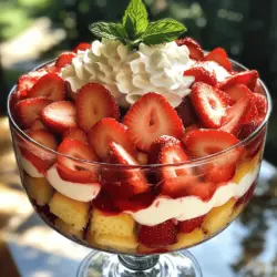 Fresh Ingredients Needed - 2 cups fresh strawberries, hulled and sliced - 1/4 cup granulated sugar - 1 teaspoon vanilla extract For this trifle, I love using fresh strawberries. They bring bright flavor and color. Start by hulling and slicing two cups of strawberries. Toss them with a quarter cup of granulated sugar. This helps to bring out their sweet juices. Add one teaspoon of vanilla extract for extra flavor. Let this mixture sit for about 15 to 20 minutes. This step is key for juicy strawberries. Dairy Ingredients - 1 cup heavy whipping cream - 1/4 cup powdered sugar - 1 teaspoon vanilla extract (for whipped cream) - 1 cup vanilla yogurt Next, let’s focus on the creamy layers. You need one cup of heavy whipping cream. This will make your trifle light and fluffy. Add in a quarter cup of powdered sugar to sweeten it up. Use one teaspoon of vanilla extract in the cream for a lovely taste. Then, grab one cup of vanilla yogurt. This adds a nice tang and creaminess. Other Ingredients - 8 ounces sponge cake, cut into cubes (store-bought or homemade) - Fresh mint leaves for garnish (optional) For the base, you need eight ounces of sponge cake, cut into cubes. You can use store-bought or make your own. This cake adds a soft texture. If you like, garnish your trifle with fresh mint leaves. They look pretty and add a fresh taste. This Strawberry Shortcake Trifle is all about fresh and delicious layers. Each bite is a sweet treat! For the full recipe, check out the details above. - Combine sliced strawberries and granulated sugar in a bowl. - Let them sit for 15-20 minutes to draw out juices. This step is key. The sugar brings out the sweet flavor of the strawberries. You will see the juicy syrup form. This syrup adds a wonderful taste to your trifle. - Beat heavy whipping cream, powdered sugar, and vanilla extract until soft peaks form. - Avoid overbeating for the best texture. Whipping the cream is fun and simple. Use a mixer to beat the cream until it thickens. Keep an eye on it. You want soft peaks, not stiff ones. This cream will add a light and fluffy layer to your trifle. - Start layering with sponge cake cubes. - Add layers of yogurt and macerated strawberries. - Finish with a layer of whipped cream. When layering, be creative. Start with sponge cake for a solid base. Then add yogurt for creaminess. Next, spoon in those juicy strawberries. Finally, add that fluffy whipped cream on top. Repeat these layers until your dish is full. - Cover and refrigerate for at least 1 hour. - Garnish with fresh mint leaves before serving. Chilling is crucial. It lets all the flavors blend together. When you are ready to serve, pick some fresh mint leaves. They add a nice touch and a pop of color. Enjoy your delicious strawberry shortcake trifle! For the full recipe, check out the instructions above. To make the best whipped cream, start with cold ingredients. Chill your mixing bowl and beaters too. Cold items help the cream whip up faster. Aim for soft peaks when you whip. This gives a light, airy feel. You can add flavors like almond or citrus zest for a twist. These flavors blend well with the trifle and add depth. The order of layers matters. Start with sponge cake cubes as the base. This layer soaks up juices and adds flavor. Next, spoon in the yogurt, followed by the strawberries. Finish with whipped cream on top. For even layers, use a spatula to spread ingredients. This keeps each layer distinct and beautiful. Trifles shine in clear dishes. Use a glass trifle bowl or individual cups for serving. This shows off the colorful layers. For portion sizes, aim for about a cup per serving. This lets guests enjoy without feeling too full. Serve immediately for the best experience. You can find the full recipe to guide you through this delicious treat! {{image_2}} You can switch out strawberries for other fruits. Seasonal fruits work great. Try peaches in summer or apples in fall. You can even mix different fruits. Combine blueberries, raspberries, or blackberries for a colorful treat. Each fruit adds its own flavor, making your trifle unique. For a lighter option, swap regular yogurt for Greek yogurt. Greek yogurt is thick and creamy but lower in sugar. You can also use low-sugar options for the whipped cream. This keeps the trifle tasty without all the extra sugar. This way, you can enjoy a sweet treat without the guilt. Want to elevate your trifle? Add a splash of vanilla or almond extract. Just a little can make a big difference. You can also use citrus zests. Lemon or orange zest brightens the flavors. For adult versions, try adding a splash of liqueur. A bit of amaretto or Grand Marnier can add depth to your dessert. Feel free to explore these variations while making your trifle. Each change can lead to new taste discoveries! For the complete recipe, refer to the Full Recipe. To keep your Strawberry Shortcake Trifle fresh, store it in the fridge. Cover the trifle with plastic wrap to prevent it from drying out. Leftover trifle lasts about 2 to 3 days in the fridge. Each ingredient has its own shelf life: - Strawberries: Best if eaten within 2 days for freshness. - Whipped Cream: Stays good for 2 to 3 days but may lose texture. - Sponge Cake: Lasts up to 5 days if stored properly. - Yogurt: Check the expiration date, but it should stay fresh for about a week. Can you freeze Strawberry Shortcake Trifle? I do not recommend it because freezing alters the texture. The whipped cream and strawberries can become watery when thawed. If you must freeze it, separate the layers. Freeze sponge cake and strawberries in airtight bags. To thaw, place them in the fridge overnight. Then, assemble the trifle right before serving. You can prepare components ahead of time. Slice the strawberries and make the whipped cream a day before your event. Store them in the fridge. Keep the sponge cake in an airtight container. Assemble the trifle just before serving. This keeps each layer fresh and makes for a stunning presentation. For the full recipe, check the details above. Yes, you can make this trifle ahead of time. I recommend preparing it within 24 hours of serving. This way, the flavors meld nicely. If you make it too early, the cake may become too soggy. So, keep it fresh and tasty. If you can't find sponge cake, try using ladyfingers or pound cake. For gluten-free options, use gluten-free cake or cookies. For a healthier twist, you can use angel food cake. Each option brings a different taste but works well in a trifle. The trifle stays fresh in the fridge for about 2-3 days. After that, the cake may start to lose its texture. If you see any liquid pooling at the bottom, it's best to eat it sooner. Always check for any signs of spoilage before enjoying. Yes, you can use frozen strawberries! Just thaw them first and drain any excess liquid. Frozen strawberries may be less firm, but they still taste great. If using fresh strawberries, they will give you a firmer texture and a brighter flavor. For the best results, go with what you love. This blog post covered how to make a delicious Strawberry Shortcake Trifle. You learned about fresh and dairy ingredients, along with their preparation. I shared step-by-step instructions for making and layering, plus tips to enhance your trifle. You can also try different fruit options or create healthier versions. Remember to store leftovers properly to enjoy later. Overall, this trifle is a fun treat for any gathering and opens doors to creative variations. Enjoy making this sweet dessert and impress your friends and family!