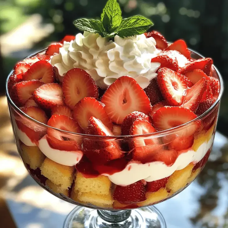 Fresh Ingredients Needed - 2 cups fresh strawberries, hulled and sliced - 1/4 cup granulated sugar - 1 teaspoon vanilla extract For this trifle, I love using fresh strawberries. They bring bright flavor and color. Start by hulling and slicing two cups of strawberries. Toss them with a quarter cup of granulated sugar. This helps to bring out their sweet juices. Add one teaspoon of vanilla extract for extra flavor. Let this mixture sit for about 15 to 20 minutes. This step is key for juicy strawberries. Dairy Ingredients - 1 cup heavy whipping cream - 1/4 cup powdered sugar - 1 teaspoon vanilla extract (for whipped cream) - 1 cup vanilla yogurt Next, let’s focus on the creamy layers. You need one cup of heavy whipping cream. This will make your trifle light and fluffy. Add in a quarter cup of powdered sugar to sweeten it up. Use one teaspoon of vanilla extract in the cream for a lovely taste. Then, grab one cup of vanilla yogurt. This adds a nice tang and creaminess. Other Ingredients - 8 ounces sponge cake, cut into cubes (store-bought or homemade) - Fresh mint leaves for garnish (optional) For the base, you need eight ounces of sponge cake, cut into cubes. You can use store-bought or make your own. This cake adds a soft texture. If you like, garnish your trifle with fresh mint leaves. They look pretty and add a fresh taste. This Strawberry Shortcake Trifle is all about fresh and delicious layers. Each bite is a sweet treat! For the full recipe, check out the details above. - Combine sliced strawberries and granulated sugar in a bowl. - Let them sit for 15-20 minutes to draw out juices. This step is key. The sugar brings out the sweet flavor of the strawberries. You will see the juicy syrup form. This syrup adds a wonderful taste to your trifle. - Beat heavy whipping cream, powdered sugar, and vanilla extract until soft peaks form. - Avoid overbeating for the best texture. Whipping the cream is fun and simple. Use a mixer to beat the cream until it thickens. Keep an eye on it. You want soft peaks, not stiff ones. This cream will add a light and fluffy layer to your trifle. - Start layering with sponge cake cubes. - Add layers of yogurt and macerated strawberries. - Finish with a layer of whipped cream. When layering, be creative. Start with sponge cake for a solid base. Then add yogurt for creaminess. Next, spoon in those juicy strawberries. Finally, add that fluffy whipped cream on top. Repeat these layers until your dish is full. - Cover and refrigerate for at least 1 hour. - Garnish with fresh mint leaves before serving. Chilling is crucial. It lets all the flavors blend together. When you are ready to serve, pick some fresh mint leaves. They add a nice touch and a pop of color. Enjoy your delicious strawberry shortcake trifle! For the full recipe, check out the instructions above. To make the best whipped cream, start with cold ingredients. Chill your mixing bowl and beaters too. Cold items help the cream whip up faster. Aim for soft peaks when you whip. This gives a light, airy feel. You can add flavors like almond or citrus zest for a twist. These flavors blend well with the trifle and add depth. The order of layers matters. Start with sponge cake cubes as the base. This layer soaks up juices and adds flavor. Next, spoon in the yogurt, followed by the strawberries. Finish with whipped cream on top. For even layers, use a spatula to spread ingredients. This keeps each layer distinct and beautiful. Trifles shine in clear dishes. Use a glass trifle bowl or individual cups for serving. This shows off the colorful layers. For portion sizes, aim for about a cup per serving. This lets guests enjoy without feeling too full. Serve immediately for the best experience. You can find the full recipe to guide you through this delicious treat! {{image_2}} You can switch out strawberries for other fruits. Seasonal fruits work great. Try peaches in summer or apples in fall. You can even mix different fruits. Combine blueberries, raspberries, or blackberries for a colorful treat. Each fruit adds its own flavor, making your trifle unique. For a lighter option, swap regular yogurt for Greek yogurt. Greek yogurt is thick and creamy but lower in sugar. You can also use low-sugar options for the whipped cream. This keeps the trifle tasty without all the extra sugar. This way, you can enjoy a sweet treat without the guilt. Want to elevate your trifle? Add a splash of vanilla or almond extract. Just a little can make a big difference. You can also use citrus zests. Lemon or orange zest brightens the flavors. For adult versions, try adding a splash of liqueur. A bit of amaretto or Grand Marnier can add depth to your dessert. Feel free to explore these variations while making your trifle. Each change can lead to new taste discoveries! For the complete recipe, refer to the Full Recipe. To keep your Strawberry Shortcake Trifle fresh, store it in the fridge. Cover the trifle with plastic wrap to prevent it from drying out. Leftover trifle lasts about 2 to 3 days in the fridge. Each ingredient has its own shelf life: - Strawberries: Best if eaten within 2 days for freshness. - Whipped Cream: Stays good for 2 to 3 days but may lose texture. - Sponge Cake: Lasts up to 5 days if stored properly. - Yogurt: Check the expiration date, but it should stay fresh for about a week. Can you freeze Strawberry Shortcake Trifle? I do not recommend it because freezing alters the texture. The whipped cream and strawberries can become watery when thawed. If you must freeze it, separate the layers. Freeze sponge cake and strawberries in airtight bags. To thaw, place them in the fridge overnight. Then, assemble the trifle right before serving. You can prepare components ahead of time. Slice the strawberries and make the whipped cream a day before your event. Store them in the fridge. Keep the sponge cake in an airtight container. Assemble the trifle just before serving. This keeps each layer fresh and makes for a stunning presentation. For the full recipe, check the details above. Yes, you can make this trifle ahead of time. I recommend preparing it within 24 hours of serving. This way, the flavors meld nicely. If you make it too early, the cake may become too soggy. So, keep it fresh and tasty. If you can't find sponge cake, try using ladyfingers or pound cake. For gluten-free options, use gluten-free cake or cookies. For a healthier twist, you can use angel food cake. Each option brings a different taste but works well in a trifle. The trifle stays fresh in the fridge for about 2-3 days. After that, the cake may start to lose its texture. If you see any liquid pooling at the bottom, it's best to eat it sooner. Always check for any signs of spoilage before enjoying. Yes, you can use frozen strawberries! Just thaw them first and drain any excess liquid. Frozen strawberries may be less firm, but they still taste great. If using fresh strawberries, they will give you a firmer texture and a brighter flavor. For the best results, go with what you love. This blog post covered how to make a delicious Strawberry Shortcake Trifle. You learned about fresh and dairy ingredients, along with their preparation. I shared step-by-step instructions for making and layering, plus tips to enhance your trifle. You can also try different fruit options or create healthier versions. Remember to store leftovers properly to enjoy later. Overall, this trifle is a fun treat for any gathering and opens doors to creative variations. Enjoy making this sweet dessert and impress your friends and family!