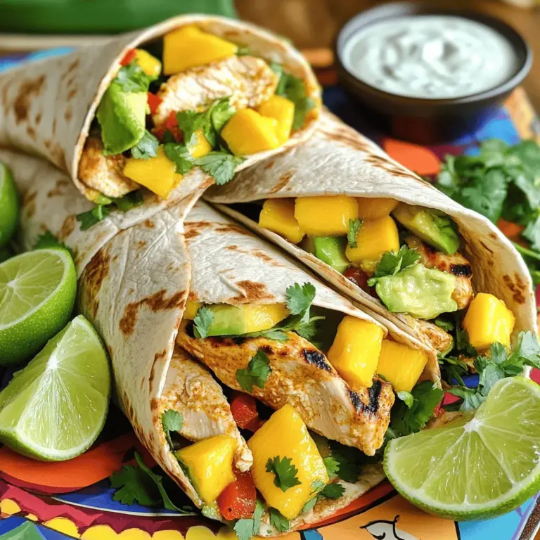 - 2 chicken breasts, grilled and sliced - 1 ripe mango, diced - 2 avocados, diced - 1 red bell pepper, julienned - 1 small red onion, finely chopped - 1 jalapeño, deseeded and minced (adjust for spice preference) - 1 tablespoon lime juice - 1 teaspoon ground cumin - 1/4 cup Greek yogurt (for a creamy sauce) - 1 tablespoon sriracha or your favorite hot sauce This recipe brings together fresh flavors and textures. The chicken provides protein. The ripe mango adds sweetness. The creamy avocado gives a rich mouthfeel. Each bite is a burst of flavor. The additional ingredients like red bell pepper and onion add crunch. Jalapeño offers a kick that you can adjust. If you like it spicy, add more jalapeño or sriracha. The seasonings are simple but effective. Lime juice brightens the dish. Ground cumin adds warmth. The Greek yogurt and sriracha create a creamy, spicy sauce. You can mix these ingredients in no time. This combination makes a fun and tasty wrap. You can enjoy it for lunch or dinner. For the full experience, check the Full Recipe. - First, season the chicken breasts with ground cumin, salt, and pepper. - Next, grill the chicken until cooked through. Once done, slice it into thin strips. - In a large bowl, combine the diced mango, avocado, red bell pepper, red onion, and jalapeño. - Drizzle with lime juice and mix gently. Add salt and pepper to taste. - In a small bowl, mix Greek yogurt with sriracha to create your spicy sauce. - Adjust the amount of sriracha based on how spicy you like it. - Lay a tortilla on a flat surface. Spread a spoonful of the spicy yogurt sauce in the center. - Add some chicken strips and top with the mango-avocado filling. - Slice each wrap in half diagonally for a nice presentation. - Garnish with extra cilantro and lime wedges. Serve with a small bowl of the spicy yogurt sauce for dipping. Make sure to check out the Full Recipe for more details! - Best ways to grill chicken To grill chicken well, start with medium heat. This keeps the chicken juicy. Use a meat thermometer to check for doneness; it should reach 165°F. Let it rest for a few minutes before slicing. This helps keep the juices inside. - Tips for cutting ingredients When cutting mango, slice around the pit. Be careful not to cut too deep. For avocados, cut them in half, twist, and remove the pit. Use a spoon to scoop out the flesh. Dice them into small pieces for easy mixing. - Spice adjustments for different heat levels If you want milder wraps, skip the jalapeño or use less. For more heat, add extra sriracha to the yogurt sauce. You can also try red pepper flakes for a different flavor kick. - Adding other ingredients for variation Feel free to mix in other fruits like pineapple or even berries. You can also add leafy greens like spinach or arugula for extra crunch. Each choice adds a unique twist to your wraps. - Nutritional benefits of main ingredients Chicken is high in protein, which helps build muscle. Mango adds vitamins A and C, great for your skin. Avocados provide healthy fats, good for your heart. Together, they make a balanced meal. - Possible substitutions for a lighter wrap If you're looking to cut calories, use grilled turkey instead of chicken. You can also swap Greek yogurt for a low-fat version. Whole wheat tortillas can replace regular ones for more fiber. {{image_2}} You can switch out chicken for grilled shrimp or tofu. Shrimp adds a nice seafood twist. Just grill until pink and firm. Tofu is great for a vegetarian option. Use firm tofu, press it, and grill until crispy. Both options work well with the other flavors. Feel free to change fruits or veggies based on your taste. Try peaches or pineapple for a different fruit flavor. For vegetables, consider using spinach or cucumbers. You can also use whole grain tortillas instead of regular ones. This adds fiber and a nutty taste. Experimenting with spices can take these wraps to new heights. Add smoked paprika for a smoky kick. A pinch of chili powder can also enhance heat. Try adding herbs like mint or basil for a fresh twist. You can even give it a global flair. Consider using curry powder for an Indian touch or chimichurri for a South American vibe. To keep your spicy mango avocado chicken wraps fresh, wrap them tightly in plastic. Place them in an airtight container. This method helps prevent them from drying out. You can store the wraps in the fridge for up to three days. After that, they may lose flavor and texture. If you want to save some wraps for later, you can freeze them. Wrap each wrap tightly in foil or plastic wrap. Place the wrapped wraps in a freezer-safe bag. They can last in the freezer for about one month. When you're ready to eat, thaw them in the fridge overnight. Reheat them in a skillet or microwave until warm. To make dinner quick, prepare some components ahead of time. You can grill the chicken and chop the veggies in advance. Store them separately in the fridge. When it’s time to eat, simply assemble the wraps. This way, you enjoy a tasty meal without a long cooking time on busy nights. For a full recipe, check the detailed instructions above. Yes, you can make these wraps in advance. To store ready-made wraps, wrap them tightly in plastic. Place them in the fridge for up to two days. This keeps them fresh and tasty. You can also prep components ahead of time. Grill the chicken and chop the veggies. Store them separately in airtight containers. This way, you can quickly assemble your wraps when you're ready to eat. These wraps pair well with many sides. Try serving them with a simple salad. A light cucumber salad adds a nice crunch. You can also serve tortilla chips with salsa for a fun twist. For drinks, consider iced tea or a refreshing lemonade. Both drinks complement the flavors in the wraps well. If you like something stronger, a light beer can also work nicely. If you need gluten-free options, use corn tortillas. They are a great substitute for wheat tortillas. Check the labels to ensure they're gluten-free. For dairy-free adaptations, skip the Greek yogurt. You can use avocado or a dairy-free yogurt instead. This keeps your wraps creamy and delicious without dairy. This blog post covered how to make delicious Spicy Mango Avocado Chicken Wraps. We explored main ingredients like chicken, mango, and avocado. Then, I shared step-by-step instructions to prepare, assemble, and serve these wraps. I also included tips for cooking, flavor enhancements, and variations. These wraps not only taste great, but they also offer healthy options. Try different flavors and ingredients to make them your own. With this guide, you can create tasty meals for any occasion. Enjoy the process and happy cooking!