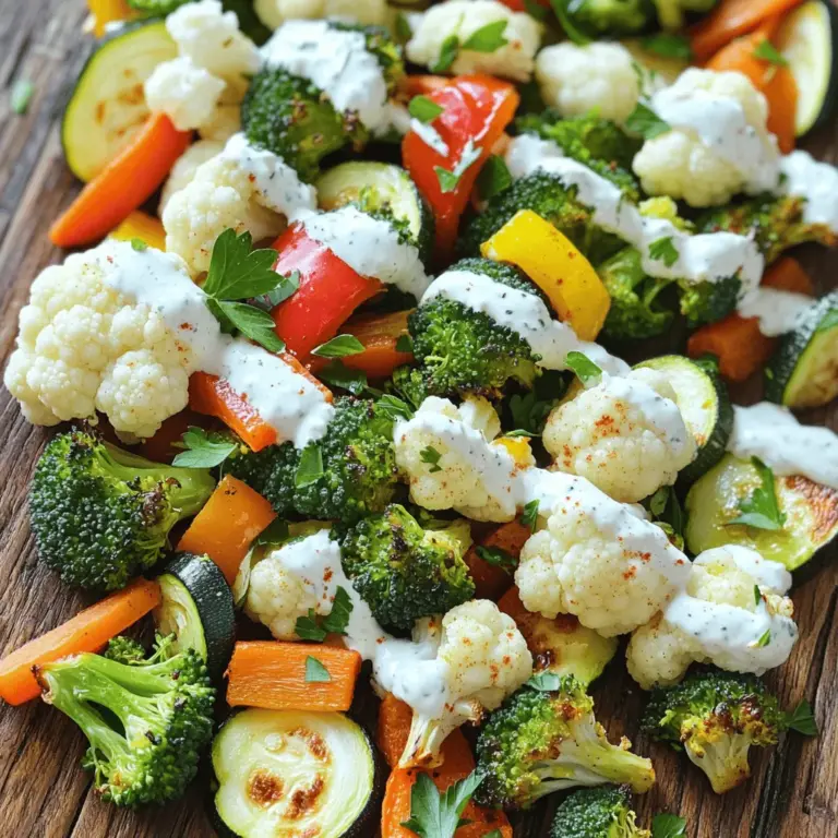 - 2 cups of broccoli florets - 2 cups of cauliflower florets - 1 bell pepper (any color), chopped - 3 tablespoons olive oil - 1 cup Greek yogurt - 2 tablespoons ranch seasoning mix - 1 medium zucchini, sliced - 1 medium carrot, sliced I love this mix of colors and textures. Fresh veggies are not just good for you; they add energy to your meals. Here’s what each ingredient brings to the table: - Broccoli and cauliflower: These are packed with vitamins. They add crunch and fiber to your dish. - Bell pepper: It brings a sweet flavor and bright color. You can use any color you like. - Zucchini: This veggie is soft when cooked. It absorbs flavors well. - Carrot: Carrots add a hint of sweetness. They also boost your vitamin A intake. The olive oil helps to roast the veggies, making them crisp and tasty. Greek yogurt gives a creamy texture to the ranch dip. The ranch seasoning mix adds that classic flavor we all love. You can find the full recipe at the end of this article. It's simple and fun to make! 1. Preheat your oven to 425°F (220°C). This helps the veggies cook evenly. 2. Line a large baking sheet with parchment paper. This makes cleanup easy. 3. In a large bowl, mix together the broccoli, cauliflower, bell pepper, zucchini, and carrot. This adds color and flavor. 1. Drizzle the olive oil over the veggies. It helps with roasting. 2. Sprinkle the garlic powder, onion powder, dried dill, salt, and pepper. These spices add great taste. 3. Toss the veggies until they are fully coated. This ensures every bite is tasty. 4. Spread the veggies in a single layer on the baking sheet. Give them space to roast well. 1. Roast the veggies in the oven for 25-30 minutes. Stir them halfway through. This helps them cook evenly and get golden. 2. While the veggies roast, prepare the ranch dip. Mix Greek yogurt, ranch seasoning mix, and lemon juice in a small bowl. This dip adds a zesty kick. 3. Adjust the dip’s seasoning to your taste. Make it as zesty as you like! 4. Once the veggies are done, take them out of the oven. Let them cool for a few minutes before serving. 5. Serve the warm veggies with the Greek yogurt ranch dip and sprinkle fresh parsley on top. Enjoy your meal! For the complete recipe, check out the [Full Recipe]. How to achieve caramelization Caramelization gives veggies a sweet flavor. To get it right, choose fresh, dry veggies. Cut them into uniform sizes for even cooking. Use enough olive oil to coat each piece, but not too much. This helps them brown nicely. Roast at a high temperature, like 425°F (220°C). Keep an eye on them. Stir halfway through to help them caramelize evenly. Ensuring even cooking To ensure even cooking, spread your veggies out in one layer on the baking sheet. If they are too crowded, they will steam instead of roast. Use a rimmed pan to catch any drips. Check them a few minutes before the time is up to avoid burning. If some veggies cook faster, remove them as needed. Homemade ranch seasoning options You can make your ranch seasoning at home. Combine garlic powder, onion powder, dried dill, and a pinch of salt. Adjust the amounts to fit your taste. You can also add some paprika for extra flavor. This gives you control over the spices and makes the dish unique. Alternative yogurt options While Greek yogurt is thick and creamy, you can try other yogurts too. Plain yogurt works well if you want a lighter dip. For a dairy-free option, use a cashew or almond yogurt. Each option will change the taste a bit, so choose what you love. Best ways to serve the dish Serve the roasted veggies warm. Drizzle the zesty Greek yogurt ranch dip over the top for extra flavor. Place fresh parsley on top for a pop of color. You can also serve the dip on the side for easy dipping. Pairing with proteins or grains These roasted veggies go well with many dishes. Pair them with grilled chicken or fish for a complete meal. They also taste great with quinoa or rice. The flavors blend well and create a balanced plate. Check out the Full Recipe for more ideas! {{image_2}} You can mix and match veggies for this dish. Use seasonal options like asparagus, Brussels sprouts, or sweet potatoes. These choices add color and flavor. You can also substitute veggies based on what you have at home. Try using eggplant, squash, or even green beans. Each veggie brings its own taste and texture. If you need gluten-free options, this recipe fits well. All the ingredients are naturally gluten-free. For a vegan twist, swap Greek yogurt for a plant-based yogurt. Choose one that has a similar texture. Use a vegan ranch seasoning mix, too. This keeps the dish tasty and satisfying. Want to kick up the flavor? Add fresh herbs like basil, thyme, or oregano. You can also sprinkle some chili flakes for heat. If you love tang, try adding balsamic vinegar before roasting. For toppings, consider crumbled feta or a drizzle of tahini. These add extra depth and excitement to your roasted veggies. For the full recipe, check the details above. After enjoying your zesty Greek yogurt ranch roasted veggies, store any leftovers in the fridge. Place them in an airtight container. This keeps them fresh and tasty. Make sure to eat them within three to four days for the best flavor. For the ranch dip, store it separately in a small container. This helps keep the dip thick and creamy. To reheat your roasted veggies, use the oven or a skillet. The oven helps keep them crispy. Preheat it to 350°F (175°C), and heat them for about 10-15 minutes. If using a skillet, heat on medium for about 5-7 minutes. Stir often to keep them from burning. This method keeps the taste and texture just right. You can freeze roasted veggies for later use. First, let them cool completely. Then, place them in a freezer-safe bag or container. Remove as much air as possible to prevent freezer burn. They will stay good for up to three months. When ready to eat, thaw them in the fridge overnight before reheating. This keeps the flavors fresh and delicious. To make roasted veggies crispy, follow these tips: - Use fresh vegetables, as they have more moisture. - Cut vegetables into equal sizes for even cooking. - Toss veggies in olive oil, but don’t overdo it. - Spread them out on the baking sheet. Crowded veggies steam instead of roasting. - Roast at a high temperature, like 425°F (220°C). - Stir them halfway through cooking for even browning. These steps help create a nice crunch on the outside. Yes, you can use frozen vegetables. However, they often have more water. This can make them soggy. To adjust: - Thaw and drain them before roasting. - Increase the roasting time by a few minutes. - Spread them out well on the baking sheet. This way, you will get better texture and flavor. Roasted veggies pair well with many dips. Here are some tasty options: - Hummus: Creamy and full of flavor. - Tzatziki: Refreshing and cool, it’s yogurt-based. - Spicy salsa: Adds a kick to every bite. - Guacamole: Rich and creamy, it’s a crowd favorite. Each dip brings its own flavor and complements the veggies well. Greek yogurt ranch is often healthier than regular ranch. Here’s how they compare: - Greek yogurt has more protein than regular ranch. - It typically has less fat and fewer calories. - Greek yogurt also has probiotics, good for digestion. While both dressings taste great, Greek yogurt ranch gives you a nutritious boost. For a full recipe, see the Zesty Greek Yogurt Ranch Roasted Veggies section. In this post, we covered a tasty roasted vegetable recipe. We talked about the main ingredients, like broccoli, cauliflower, and bell pepper. You learned how to prepare, season, and roast them for great flavor. I shared tips for perfect roasting and dressing variations. Remember, you can change the recipe with different veggies or diets. Enjoy these healthy dishes as sides or main meals. Now, you have the tools to make delicious roasted veggies whenever you want!