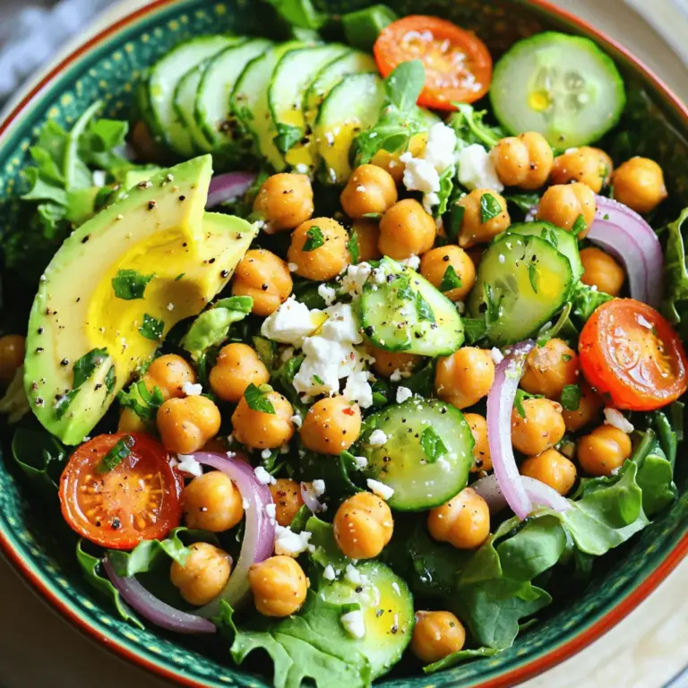 To create a tasty crispy chickpea salad, gather these ingredients: - 1 can (15 oz) chickpeas, drained and rinsed - 2 tablespoons olive oil - 1 teaspoon smoked paprika - 1 teaspoon garlic powder - Salt and pepper to taste - 4 cups mixed greens (such as spinach, arugula, and kale) - 1 cucumber, diced - 1 cup cherry tomatoes, halved - 1/2 red onion, thinly sliced - 1 avocado, sliced - 1/4 cup feta cheese (optional) - 2 tablespoons lemon juice - Fresh herbs (such as parsley or cilantro), for garnish You might want to add some of these optional ingredients for extra taste: - 1/2 teaspoon cumin for warmth - 1/4 cup olives for brininess - 1/4 cup nuts, like almonds or walnuts, for crunch - A dash of hot sauce for heat This salad is not just tasty; it’s also healthy. Here’s a quick look at its benefits: - Chickpeas provide protein and fiber. - Mixed greens are rich in vitamins and minerals. - Avocado adds healthy fats that keep you full. - Tomatoes are high in antioxidants, good for your skin. - Feta cheese adds calcium but can be omitted for fewer calories. For the full recipe, check out the [Full Recipe]. Start by preheating your oven to 400°F (200°C). Take one can of chickpeas, drain it, and rinse them under cold water. This helps remove the excess sodium and makes them healthier. In a bowl, toss the chickpeas with two tablespoons of olive oil. Then, add one teaspoon of smoked paprika and one teaspoon of garlic powder. Don’t forget to season with salt and pepper to taste. Mix well so every chickpea gets coated with the spices. While the chickpeas bake, prepare the salad base. In a large bowl, combine four cups of mixed greens. I like to use spinach, arugula, and kale for a nice mix. Next, add one diced cucumber, one cup of halved cherry tomatoes, and half a thinly sliced red onion. This mix adds crunch and flavor to your salad. You can also add sliced avocado for creaminess. Once 25 to 30 minutes have passed, check your chickpeas. They should be crispy and golden. Let them cool for a few minutes. Now, add the chickpeas to your salad base. Drizzle two tablespoons of lemon juice over the top. Toss everything gently to combine. If you want, sprinkle with feta cheese for extra flavor. Finish with fresh herbs like parsley or cilantro for a pop of color. Serve your Crispy Chickpea Salad right away for the best taste. For the full recipe, check the earlier section! To get the best crispy chickpeas, start by drying them well. Use a clean kitchen towel or paper towels to remove moisture. This helps them crisp up nicely. Next, coat them evenly with olive oil and spices. Spread them out on a baking sheet in one layer. This ensures they cook evenly. Bake at 400°F for about 25 to 30 minutes. Shake the pan halfway through to keep them from sticking. When they turn golden brown, they are ready to enjoy! For a fresh and bright dish, serve the salad right after mixing. The crunch of the crispy chickpeas and the crisp greens makes a great combo. You can add more toppings, like nuts or seeds, for extra texture. Fresh herbs, like parsley or cilantro, can enhance flavor too. If you want to keep it light, skip the cheese or go for a dairy-free option. This salad can be prepped ahead for busy days. You can bake the chickpeas and store them in an airtight container. They stay crispy for a few days. Prepare the salad base and keep it in the fridge. Just add the chickpeas just before serving to keep them crunchy. For a quick meal, you can mix it all together and enjoy! If you want more detailed steps, check out the Full Recipe. {{image_2}} You can add protein to your crispy chickpea salad for extra flavor and energy. If you like chicken, grill or roast it until it is juicy. Cut it into bite-sized pieces and mix it in. For a plant-based option, tofu works great. Press it to remove water, then cube and pan-fry until golden. Quinoa is another tasty choice. Cook it, fluff it, and fold it into the salad. Want to spice things up? Try making spicy chickpeas! Toss them with cayenne pepper or chili powder before baking. This will give your salad a nice kick. You can also add a splash of hot sauce after baking. This extra heat will make your salad stand out. Fresh produce can change your salad game based on the season. In spring, add tender asparagus or peas. In summer, fresh corn and bell peppers shine. Fall brings roasted sweet potatoes or apples. Winter is great for hearty kale or citrus fruits. Mixing in seasonal items makes your salad more vibrant and tasty. For the complete recipe, check out the Full Recipe. To keep your crispy chickpea salad fresh, store it in an airtight container. Place the salad and chickpeas in separate containers. This way, the chickpeas stay crispy. If you mix them, the salad may get soggy. Store leftovers in the fridge. Use them within three days for the best taste. If you want to enjoy the chickpeas crispy again, preheat your oven to 400°F (200°C). Spread the leftover chickpeas on a baking sheet. Heat for about 10 minutes. This brings back their crunch. Avoid microwaving them, as this makes them soft. Mixed greens last about three days in the fridge. Tomatoes and cucumbers stay fresh for about five days. The chickpeas can last up to a week if stored properly. Feta cheese should be used within five days after opening. Always check for signs of spoilage before eating. For the full recipe, check the recipe section. To make a vegan version, simply skip the feta cheese. Use fresh herbs to add flavor. You can also add more veggies like bell peppers or radishes. These swaps keep the dish tasty and colorful. Feel free to add your favorite dressing, too! Yes, you can use canned chickpeas! They are quick and easy. Just remember to drain and rinse them well. This helps remove excess sodium and makes them tastier. Using canned chickpeas saves time and gives you a great texture. If you don’t have avocado, try using hummus or tahini. These will give creaminess to your salad. You could also use diced mango or apple for a sweet twist. Each option adds a unique flavor that pairs well with the chickpeas. This blog post covers everything you need for a tasty Crispy Chickpea Salad. You learned about essential ingredients and fun variations. I shared tips for making your chickpeas crispy. You also got ideas for serving, prepping, and storing. In the end, this salad is not only healthy but also easy to make. Try new flavors and enjoy the crunch. With a little practice, you'll master this dish and impress your friends. Enjoy your cooking!