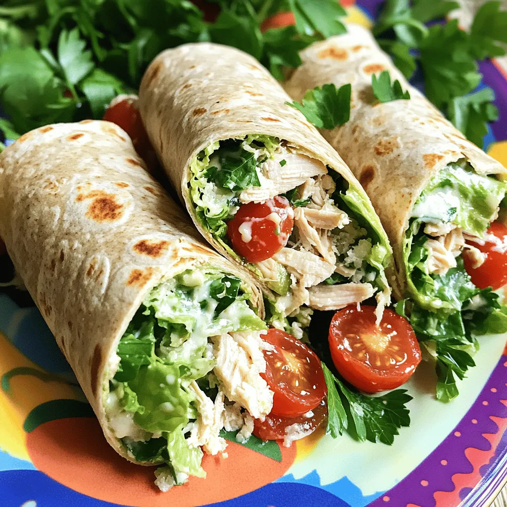 - 2 cups cooked chicken breast, shredded - 1 cup romaine lettuce, chopped - ½ cup cherry tomatoes, halved - ¼ cup grated Parmesan cheese - ¼ cup Caesar dressing - 4 large whole wheat tortillas - ¼ teaspoon garlic powder - Salt and pepper to taste - Fresh parsley, chopped You can customize your wrap with extra ingredients. Here are some ideas: - Spinach or kale for more greens - Avocado for creaminess - Bacon bits for extra crunch - Chickpeas for added protein If you want protein alternatives, try grilled turkey, shrimp, or tofu. They all work well! You can find the full recipe above for more details. To start, you want to combine the chicken, lettuce, tomatoes, and cheese. Grab a large bowl and add: - 2 cups cooked chicken breast, shredded - 1 cup romaine lettuce, chopped - ½ cup cherry tomatoes, halved - ¼ cup grated Parmesan cheese Next, mix the dressing with seasoning. In a small bowl, take: - ¼ cup Caesar dressing (homemade or store-bought) - ¼ teaspoon garlic powder - Salt and pepper to taste Stir these together. Adjust the seasoning based on your flavor preference. Now, let’s talk about assembling the wraps. Place one tortilla on a clean surface. Spoon a quarter of the chicken Caesar mixture onto the center of the tortilla. For folding and rolling, fold the sides of the tortilla in first. Then, roll it tightly from the bottom up. Repeat this with the remaining tortillas and filling. To grill the wraps, you can use a panini press or a skillet. Heat the wraps for 2-3 minutes on each side until golden brown. If you prefer, you can also microwave them for 30-60 seconds. This keeps them soft without adding crunch. For the full recipe, check out the detailed instructions provided earlier. Enjoy your tasty and healthy Chicken Caesar Wrap! To make your Chicken Caesar Wrap truly yours, adjust the seasoning. Taste as you go. If you love garlic, add more garlic powder. Like it spicy? Toss in some red pepper flakes. If you want a creamier wrap, use more Caesar dressing. For a homemade Caesar dressing, combine: - ¼ cup mayonnaise - 1 tablespoon lemon juice - 1 teaspoon Dijon mustard - 1 clove garlic, minced - ¼ cup grated Parmesan - Salt and pepper to taste Mix it all well for a fresh twist! Store your leftover wraps in an airtight container. They last about two days in the fridge. To keep them fresh, separate the dressing if possible. Reheat the wraps in a skillet on medium heat. This way, you keep the crunch. Heat for about 2-3 minutes on each side until warm. Avoid the microwave, as it can make them soggy. Pair your Chicken Caesar Wrap with a fresh side salad or sweet potato fries. These sides add color and flavor. For a stunning presentation, slice the wraps in half and arrange them on a bright plate. Drizzle extra Caesar dressing around the plate. Finish with a sprinkle of parsley for a pop of green. Enjoy your meal! {{image_2}} You can switch up the protein in your Chicken Caesar Wrap. Try using turkey or tofu for a different taste. Both options work well with the same fresh ingredients. For a vegetarian or vegan wrap, replace the chicken with grilled veggies or chickpeas. These swaps keep your meal healthy and delicious. To boost flavor, add spices like paprika or cumin. You can also try unique dressings, like a yogurt-based dressing or a spicy sriracha version. Don't forget to mix in extra vegetables, such as bell peppers, cucumbers, or avocado. These additions enhance taste and give your wrap a crunchy texture. Get creative with fusion ideas! For a Mediterranean twist, use feta cheese and olives. A Mexican style can include black beans and salsa. You can also explore different types of wraps. Try spinach or tomato tortillas for added color and flavor. Each variation makes the Chicken Caesar Wrap exciting and new! Prepared Chicken Caesar wraps stay fresh for about 3 to 4 days in the fridge. You can tell if they spoil by looking for any off smells or changes in texture. If the lettuce looks wilted or the chicken feels slimy, it's time to toss them out. To freeze your wraps, first, assemble them but do not grill. Wrap each one tightly in plastic wrap. Then, place them in a freezer-safe bag or container. For best results, eat them within 2 to 3 months. When you’re ready to eat, take one out and let it thaw in the fridge overnight. For reheating, you can grill or microwave them for a few minutes until warm. Use airtight containers to store wraps. Glass or BPA-free plastic containers work well. To prevent sogginess, place a paper towel inside to absorb extra moisture. This simple trick keeps your wraps fresh and tasty! For the best flavor, enjoy them as soon as possible after making. A Chicken Caesar Wrap is a tasty meal that combines chicken, lettuce, and Caesar dressing. It is wrapped in a whole wheat tortilla, making it easy to hold and eat. You fill it with shredded chicken, chopped romaine lettuce, cherry tomatoes, and Parmesan cheese. This wrap is a fun twist on the classic Caesar salad. Yes, you can prepare Chicken Caesar Wraps in advance. To do this, follow these steps: - Mix the chicken, lettuce, tomatoes, and cheese. - Prepare the Caesar dressing and store it separately. - Wrap the mixture in tortillas right before serving. This method keeps your wraps fresh and tasty. You can serve many side dishes with Chicken Caesar Wraps. Consider these options: - A light fruit salad for sweetness. - Crispy veggie sticks like carrots and cucumbers. - A small bowl of soup for warmth. - Iced tea or lemonade for drinks. These sides complement the wrap well. You can easily make your Chicken Caesar Wrap unique. Here are some ideas: - Add sliced avocado for creaminess. - Use grilled shrimp instead of chicken for a seafood twist. - Sprinkle chili flakes for some heat. - Throw in different veggies like bell peppers or cucumbers. Feel free to play with flavors! You can find Chicken Caesar Wraps at many places. Look for them at: - Local sandwich shops or cafes. - Grocery stores with a deli section. - Fast-casual restaurants that serve wraps. These spots often have tasty options ready to go. A Chicken Caesar Wrap is not just delicious; it can be healthy too! Here’s a quick look at the nutrition: - Calories: Around 400 per wrap. - Protein: About 30 grams. - Carbohydrates: Roughly 40 grams. - Fats: Around 15 grams. This meal provides a good mix of nutrients for your day. You can find the full recipe to enjoy this healthy meal! In this guide, I walked you through making Chicken Caesar Wraps from scratch. We covered key ingredients, step-by-step instructions, and tips for perfecting your wraps. You learned how to customize them and store leftovers effectively. These wraps are tasty, quick meals. They fit many diets and preferences. Enjoy experimenting with flavors and ingredients. I hope you find joy in making this dish. Your kitchen can be a fun place for tasty meals!