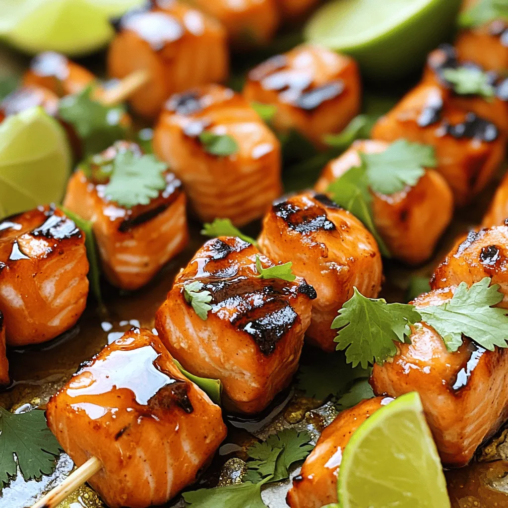 - 1 lb salmon fillet, cut into 1-inch cubes - 2 tablespoons honey - 2 tablespoons sriracha sauce - 1 tablespoon soy sauce - 1 tablespoon olive oil - 2 cloves garlic, minced - 1 tablespoon freshly grated ginger - Salt and pepper to taste - Fresh lime wedges for serving - Chopped fresh cilantro for garnish I love using fresh salmon for these skewers. You get a rich, buttery flavor. The honey and sriracha sauce bring a sweet and spicy kick. This combo is a game changer. The marinade is simple but packs a punch. Soy sauce adds umami, while garlic and ginger give warmth. I always use fresh ginger for best taste. Don’t forget the garnish! A squeeze of lime brightens the dish. Chopped cilantro adds color and freshness. For the full recipe, check out [Full Recipe]. You’ll find all the steps to make these tasty skewers. Enjoy cooking! To start, you need to whisk together your marinade. In a mixing bowl, combine: - 2 tablespoons honey - 2 tablespoons sriracha sauce - 1 tablespoon soy sauce - 1 tablespoon olive oil - 2 cloves garlic, minced - 1 tablespoon freshly grated ginger Mix these ingredients until they blend well. This marinade packs a punch! It balances sweet and spicy flavors perfectly. For a deeper taste, let the marinade sit for a few minutes before using it. This helps the flavors meld together. Next, season your salmon. Take 1 pound of salmon fillet and cut it into 1-inch cubes. Sprinkle a pinch of salt and pepper on the pieces. Then, add the salmon to your marinade. Make sure each cube is coated well. Cover the bowl and let it sit in the fridge. You should marinate for at least 30 minutes, but 1 hour is even better. This resting time allows the salmon to soak up all the delicious flavors. Now, it's time to grill! Preheat your grill or grill pan over medium-high heat. If you are using wooden skewers, soak them in water for about 30 minutes. This prevents them from burning while cooking. Once ready, thread the marinated salmon onto the skewers. Leave a little space between each piece. This space helps the salmon cook evenly. Place the skewers on the grill and cook for about 2-3 minutes on each side. You want to see nice grill marks and ensure the salmon is cooked through. For extra flavor, brush the skewers with some of the leftover marinade while grilling. After cooking, let the skewers rest for a couple of minutes. This helps them stay juicy. Serve with fresh lime wedges and garnish with chopped cilantro. The colors and flavors will make your meal pop! For the full recipe, check out the details above. Enjoy your cooking! To get the best salmon skewers, control the grill's temperature. A medium-high heat works best. You want the grill hot enough to give those nice grill marks and cook the salmon fast. Leave space between each salmon piece on the skewers. This helps them cook evenly. If they are too close, they may steam instead of grill. You can use extra marinade while grilling. Brush it on the skewers for more flavor. This keeps the salmon juicy and adds depth to the taste. Try pairing the skewers with rice or a fresh salad. A side of grilled veggies also works well. The crunch balances the soft salmon. When plating the skewers, arrange them neatly on a serving plate. Add lime wedges for a pop of color and zest. Chopped cilantro makes a beautiful garnish. It adds a fresh taste and makes the dish look great. For a complete meal, serve the skewers with a side of jasmine rice or a light cucumber salad. This adds freshness and makes the meal feel special. For the full recipe, check out the instructions above. {{image_2}} You can switch salmon for chicken. Chicken thighs or breasts work well. Just cut the chicken into cubes. Use the same marinade for tasty results. If you want a vegetarian option, try tofu. Firm tofu absorbs flavors well. Press it to remove excess moisture, then cut it into cubes. Marinate and grill just like the salmon. Get creative with sauces and spices. Try adding garlic powder or paprika for extra depth. You can also experiment with different hot sauces. Each one adds a unique kick. Adding vegetables to the skewers boosts nutrition and adds color. Bell peppers, zucchini, and cherry tomatoes are great choices. Cut them into bite-sized pieces and mix them with your protein. Oven-baking is a great option when grilling isn’t possible. Preheat your oven to 400°F (200°C). Place the skewers on a baking sheet lined with parchment paper. Bake for about 12-15 minutes, flipping halfway through. Broiling gives the skewers a nice char. Set your oven to broil and place the skewers on the top rack. Broil for 5-7 minutes, watching closely to prevent burning. This method works well for a quick cook! For the full recipe, check out the earlier section. To keep your Honey Sriracha Salmon Skewers fresh, follow these steps. First, let the skewers cool to room temperature. Next, place them in an airtight container. If you have extra marinade, you can drizzle it over the skewers. This will help keep them moist. Store the container in the fridge. Enjoy them within 2 to 3 days for the best taste. Freezing skewers is easy and helps with meal prep. Wrap the cooled skewers tightly in plastic wrap or aluminum foil. This prevents freezer burn. You can also use a freezer-safe bag. Remove as much air as possible before sealing. They can last in the freezer for up to 3 months. When you're ready to eat, just thaw them overnight in the fridge. Reheat your skewers in the oven for the best results. Preheat the oven to 350°F (175°C). Place the skewers on a baking sheet. Heat them for about 10 to 15 minutes or until warmed through. You can also use a microwave. However, be careful not to overcook them, as this can make the salmon dry. Enjoy your skewers with fresh lime wedges from the [Full Recipe]. To make your skewers spicier, add more sriracha sauce. You can also mix in chili flakes or cayenne pepper. Start with a small amount, then taste the marinade. Adjust to your heat level. This way, you make sure the flavor stays balanced. Yes, you can use frozen salmon. First, thaw the salmon in the fridge overnight. If you're in a hurry, place it in a sealed bag and submerge it in cold water. This takes about an hour. After thawing, pat the salmon dry and cut it into cubes. Make sure to marinate it well for the best flavor. These skewers pair well with many sides. Consider serving them with: - Steamed rice or quinoa - A fresh green salad - Grilled vegetables like zucchini or bell peppers - A refreshing cucumber salad For drinks, try iced tea or a light white wine. These choices complement the sweet and spicy taste of the skewers. For the full recipe, check out the details above! This blog post shared how to make delicious Honey Sriracha Salmon Skewers. We covered the key ingredients, the marinade, and tips for grilling. You learned about variations, storage, and serving ideas. To sum up, this dish is tasty and easy to customize. You can enjoy it with friends and family. Get creative with flavors and share your skewers at your next gathering.