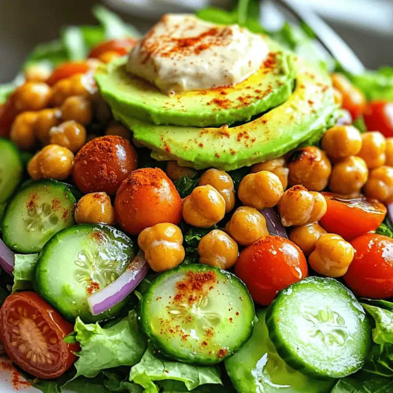 - 1 can (15 oz) chickpeas, drained and rinsed - 2 tablespoons olive oil - 1 teaspoon smoked paprika - 1/2 teaspoon garlic powder - Salt and black pepper to taste - 4 cups mixed greens (arugula, spinach, and romaine) - 1 cup cherry tomatoes, halved - 1 cucumber, diced - 1/4 red onion, thinly sliced - 1 avocado, sliced - Juice of 1 lemon - 2 tablespoons tahini - 1 tablespoon maple syrup - Feta cheese - Nuts or seeds for crunch - Fresh herbs like parsley or cilantro - Baking sheet - Mixing bowls - Whisk The ingredients for this crispy chickpea salad create a vibrant dish full of flavor. Chickpeas bring protein and fiber. Olive oil and spices add depth. The mixed greens provide crispness and color. Tomatoes, cucumber, and red onion brighten the salad. Avocado gives it a creamy touch. You can also add optional ingredients to boost flavor. Feta cheese adds saltiness. Nuts or seeds give a nice crunch. Fresh herbs can enhance the taste. To make this salad, you only need a few kitchen tools. A baking sheet helps roast the chickpeas. Mixing bowls are vital for tossing the salad. A whisk helps mix the dressing smoothly. For the full recipe, check out the details above! 1. Preheat the oven to 400°F (200°C). This step makes your chickpeas crispy. 2. Prepare your ingredients. Drain and rinse one can of chickpeas. 3. Season the chickpeas with two tablespoons of olive oil, one teaspoon of smoked paprika, and half a teaspoon of garlic powder. Add salt and black pepper to taste. Toss them well until they are fully coated. 1. Spread the seasoned chickpeas on a baking sheet. Make sure they are in a single layer for even cooking. 2. Roast the chickpeas for 25-30 minutes. They should be golden brown and crispy. Shake the pan halfway through to help them cook evenly. 1. Mix the salad base. In a large bowl, combine four cups of mixed greens, one cup of halved cherry tomatoes, one diced cucumber, and a quarter of a thinly sliced red onion. 2. Prepare the dressing. In a small bowl, whisk together the juice of one lemon, two tablespoons of tahini, and one tablespoon of maple syrup. Add salt and pepper as needed. If the dressing is too thick, add a teaspoon of water. 3. Combine everything. Once the chickpeas cool slightly, add them to the salad. Drizzle the tahini dressing over the top. Toss gently to mix. 4. Top with avocado slices for extra creaminess. Enjoy your fresh and flavorful crispy chickpea salad! For the full recipe, check out the Crispy Chickpea Salad section. To get crispy chickpeas, start by drying them well. Drain and rinse your canned chickpeas. Use a clean towel to pat them dry. This step is key. If they are wet, they won’t get crispy in the oven. Next, roast them right. Toss the dried chickpeas with olive oil and spices. Smoked paprika and garlic powder add great flavor. Spread them out on a baking sheet in a single layer. This helps them cook evenly. Bake at 400°F for 25 to 30 minutes. Shake the pan halfway through to ensure they crisp up nicely. For a perfect salad, pair the crispy chickpeas with fresh greens. I love using arugula, spinach, and romaine. Add cherry tomatoes for sweetness and diced cucumber for crunch. Thinly sliced red onion gives a nice kick, too. For a pop of color, top your salad with sliced avocado. It adds creaminess and balances the dish. Drizzle the salad with tahini dressing for extra flavor. To present your salad, arrange the ingredients in a large bowl. This makes it look vibrant and inviting. Chickpeas are packed with protein and fiber. They help you feel full and satisfied. Mixed greens provide vitamins and minerals, boosting your health. This salad is not only tasty but also good for you. Each serving has about 300 calories, depending on the toppings. It’s a filling meal that won’t weigh you down. Enjoy this crispy chickpea salad as a lunch or dinner option. You’ll feel great after eating it! {{image_2}} You can change the flavor of your crispy chickpea salad with different dressings. A light vinaigrette adds a tangy touch. Mix olive oil and vinegar for a quick option. For a creamier taste, try a yogurt-based dressing. Just mix plain yogurt with some lemon juice and herbs. Both choices work well with the salad's crunch. Seasonal ingredients make this salad even more exciting. In summer, add juicy watermelon or sweet corn for a refreshing twist. The sweetness pairs nicely with the chickpeas. In winter, roasted veggies like sweet potatoes lend warmth and heartiness. They add color and flavor, making the salad feel cozy. If you want extra protein, consider adding grilled chicken or tofu. Grilled chicken gives a savory flavor and is great for a filling meal. Tofu, especially when marinated, can soak up flavors well. Both choices boost the nutrition and make the salad more satisfying. You can mix and match these additions based on your taste preferences. For the full recipe, check out the Crispy Chickpea Salad section above. To keep your crispy chickpea salad fresh, store each part separately. Place the roasted chickpeas in an airtight container. Keep the salad in another container. The dressing should also go in a separate jar. This method helps maintain the crispiness of the chickpeas and the freshness of the greens. When stored properly, the chickpeas last for about three days. The mixed greens stay fresh for two days. The dressing can last up to a week in the fridge. Remember to check for any signs of spoilage before eating. To reheat the chickpeas, use an oven or air fryer. Heat them at 350°F (175°C) for about 5-10 minutes. This step keeps them crispy. Avoid using a microwave, as it can make them soft. Enjoy your salad with fresh, crunchy chickpeas. For the full recipe, check out the Crispy Chickpea Salad section. Yes, you can use dried chickpeas. First, soak the chickpeas in water overnight. Drain and rinse them the next day. Then, cook them in a pot with plenty of water. Bring it to a boil, then simmer for about 1 to 1.5 hours. Check for tenderness, and be sure to drain them well. This process gives you a fresh taste and a great texture. Using dried chickpeas can elevate your crispy chickpea salad. To make this salad vegan, simply use plant-based dressings. Try a lemon vinaigrette with olive oil, lemon juice, salt, and pepper. You can also blend avocado with garlic and lemon for a creamy dressing. For toppings, add seeds like pumpkin or sunflower for crunch. Fresh herbs like cilantro or parsley can add flavor too. These options keep the salad vibrant and tasty without any animal products. If you need a tahini substitute, try sunflower seed butter or almond butter. Both options provide a creamy texture. You can also make a simple dressing with just olive oil and lemon juice. If you want a nut-free option, use Greek yogurt mixed with lemon. These alternatives keep the flavor profile rich and allow everyone to enjoy this delicious salad. Yes, this salad is gluten-free! All the ingredients, like chickpeas, greens, and veggies, are naturally gluten-free. This makes it a great choice for those with gluten sensitivities. Always check labels on packaged items, like dressings, to ensure they are gluten-free. Enjoy your crispy chickpea salad worry-free! This blog post showed how to make a tasty chickpea salad. We covered the main ingredients, preparation steps, and tips for crispy chickpeas. I highlighted healthy options and ways to mix things up, too. Now, you can make this easy salad at home! Remember to have fun with different flavors and textures. Enjoy this dish as a hearty meal or a fresh side. With a few simple steps, you’ll impress yourself and others. Happy cooking!