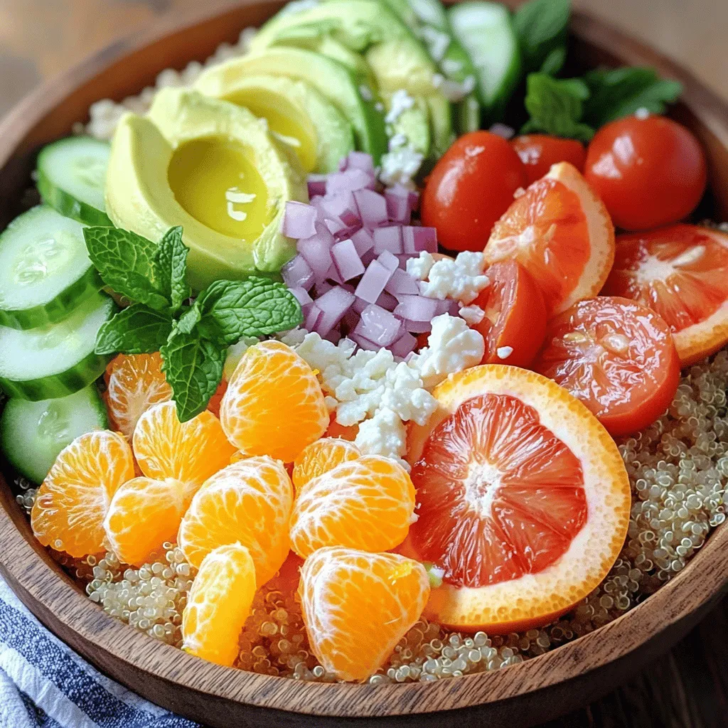 This power bowl is bright and fresh. Here are the key ingredients: - 1 cup quinoa, rinsed - 2 cups vegetable broth (or water) - 1 orange, segmented - 1 grapefruit, segmented - 1 avocado, diced - 1 cup cherry tomatoes, halved - 1 small cucumber, diced - 1/4 cup red onion, finely chopped - 1/4 cup fresh mint leaves, chopped - 1/4 cup feta cheese, crumbled (optional) - 2 tablespoons olive oil - 2 tablespoons lemon juice - Salt and pepper to taste Each ingredient brings its own taste and nutrition. Quinoa is a great source of protein. Citrus fruits add freshness and zing. Avocado gives a creamy texture. Cherry tomatoes and cucumber offer crunch. Mint leaves add a refreshing touch. This bowl is not only tasty but also healthy. Quinoa has protein and fiber. It keeps you full longer. The fruits provide vitamins and hydration. Citrus fruits, like orange and grapefruit, are good for your skin. Avocado offers healthy fats, helping heart health. Overall, this dish is balanced and nutritious. You can swap ingredients to fit your taste. Use brown rice or farro instead of quinoa. If you don’t like citrus, try berries or apples. You can add nuts for crunch or extra protein like grilled chicken or chickpeas. If you want a vegan option, skip the feta cheese. This bowl is easy to customize for your needs. Find the full recipe to make it your own! First, gather your ingredients. You need one cup of quinoa and two cups of vegetable broth or water. Rinse the quinoa well to remove any bitter flavor. In a medium saucepan, combine the rinsed quinoa and the broth. Bring it to a boil over medium heat. Once it boils, reduce the heat to low. Cover the pot and let it simmer for about 15 minutes. The quinoa will absorb all the liquid and become fluffy. After 15 minutes, turn off the heat and let it sit, covered, for five more minutes. Fluff the quinoa with a fork. This step adds air and makes it light. Now that the quinoa is ready, it's time to add fresh ingredients. In a large mixing bowl, combine the fluffed quinoa with the segments of one orange and one grapefruit. Next, add one diced avocado, one cup of halved cherry tomatoes, one diced cucumber, and a quarter cup of finely chopped red onion. These ingredients bring color and flavor to the bowl. Finally, toss in a quarter cup of fresh mint leaves. Mint adds a refreshing taste that pairs well with citrus. Mix all the ingredients gently to avoid smashing the avocado. For the dressing, take a small bowl and add two tablespoons of olive oil and two tablespoons of lemon juice. Sprinkle in some salt and pepper to taste. Whisk these ingredients together until they blend well. This dressing adds a tangy zest to your power bowl. Drizzle the dressing over the quinoa mixture. Toss everything together gently until all the ingredients are coated. If you like, sprinkle a quarter cup of crumbled feta cheese on top for extra flavor. You can now serve this bowl chilled or at room temperature. For more details, check the Full Recipe. To get fluffy quinoa, rinse it well before cooking. Rinsing removes the bitter coating called saponin. Use a 2:1 ratio of liquid to quinoa. For this recipe, I use vegetable broth. Bring the liquid to a boil, then lower the heat. Cover the pot and let it simmer for 15 minutes. After that, let it sit covered for 5 more minutes. This resting time helps the quinoa absorb any remaining liquid. Finally, fluff it gently with a fork. This makes your quinoa light and airy. Adding a mix of flavors makes your bowl exciting. Fresh herbs are key. I love using mint; it gives a bright taste. For a zesty kick, add lemon juice and olive oil. You can also sprinkle some crumbled feta cheese on top. It adds creaminess and saltiness. Feel free to experiment by adding nuts or seeds for crunch. A pinch of salt and pepper brings everything together. Mix well to make sure all flavors blend nicely. Serve your Summer Citrus Quinoa Power Bowl in colorful bowls. This dish looks great at any table. You can serve it chilled or at room temperature. It pairs well with grilled chicken or fish for a heartier meal. If you want a lighter option, enjoy it solo. This bowl is perfect for lunch or dinner. For a fun twist, try layering it in a jar for a picnic. Check out the Full Recipe for more tips on creating the perfect meal! {{image_2}} You can easily boost the protein in your Summer Citrus Quinoa Power Bowl. Chicken works great. Simply grill or bake it, then slice it. Chickpeas are another easy option. They add fiber and protein. Just rinse canned chickpeas and mix them in. For a plant-based choice, try black beans or tofu. They add heartiness and flavor. Feel free to switch up the veggies based on what is fresh. Bell peppers add crunch and color. Zucchini is another great pick; just dice it small. If you like greens, add kale or spinach for extra nutrients. Carrots also lend a nice sweetness. Use whatever you find at the local market. While olive oil and lemon juice taste great, you can try other dressings. A honey-mustard dressing adds a sweet kick. For a spicy twist, add sriracha to yogurt. You could also make a creamy avocado dressing by blending avocado with lime juice. Each dressing gives a new vibe to your bowl. Don't hesitate to experiment! For the full recipe, check out the complete instructions above. To keep your Summer Citrus Quinoa Power Bowl fresh, store it in an airtight container. This helps prevent air from spoiling the flavors. You can keep it in the fridge for up to three days. If you have leftovers, I recommend separating the dressing. This keeps the veggies crisp and the quinoa fluffy. If you want to warm up your bowl, use the microwave. Place it in a microwave-safe dish. Heat it for 30 seconds. Stir, then heat for another 30 seconds if needed. Be careful not to overheat it. This can make the quinoa mushy. You can also enjoy it cold, which is refreshing on hot days. Fresh ingredients like avocado and tomatoes have a shorter shelf life. Avocados can last one to two days once cut. Tomatoes can stay fresh for about three to five days. For best taste, use them soon after purchase. Keep an eye on them to avoid spoilage. Fresh herbs like mint usually last about a week in the fridge. Yes, you can easily make this bowl vegan. Just leave out the feta cheese. This dish is still full of flavor without it. You can also swap the vegetable broth for water if needed. To customize this bowl, adjust the ingredients based on your needs. If you are gluten-free, quinoa is a great choice. You can also skip the avocado if you have a sensitivity. For nut allergies, ensure the dressing is nut-free. Always check labels for hidden allergens. Quinoa is a great source of protein and fiber. It has all nine essential amino acids. This makes it a complete protein. Citrus fruits like oranges and grapefruits are high in vitamin C. They also boost your immune system and aid digestion. Together, they create a healthy and tasty meal. You can find the full recipe [here](#). This blog post shared how to make a Summer Citrus Quinoa Power Bowl. We covered key ingredients, cooking steps, and tips for a great dish. You learned about protein swaps and how to store leftovers. Now, you can enjoy a tasty, healthy meal that fits your needs. Try different flavors and make this dish your own. Enjoy the fresh taste and great nutrition it offers!