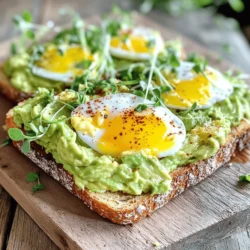 To make a great avocado egg toast, you'll need: - 2 ripe avocados - 4 slices of whole-grain bread - 4 large eggs - 1 tablespoon olive oil - 1 teaspoon lemon juice - Salt to taste - Freshly ground black pepper to taste These ingredients create a tasty and filling meal. The avocados give creaminess, while the eggs add protein. You can boost your toast's taste with: - 1/2 teaspoon red pepper flakes (optional) - Microgreens or fresh herbs for garnish Red pepper flakes add a nice kick. Microgreens or herbs enhance the look and taste. - Avocados: Packed with healthy fats, fiber, and vitamins. They support heart health and keep you full. - Eggs: A great source of protein and essential nutrients. They help build muscle and maintain energy. - Whole-grain bread: Offers fiber and keeps your digestion in check. It also provides lasting energy. - Olive oil: Contains healthy fats and antioxidants, good for heart health. - Lemon juice: Adds flavor and vitamin C, supporting your immune system. Using these ingredients makes your meal not just tasty but also nutritious. For the full recipe, check out the Avocado Egg Toast Delight. To make avocado egg toast, start by toasting four slices of whole-grain bread. Aim for a nice, golden brown color. While the bread toasts, cut two ripe avocados in half. Remove the pit and scoop the green flesh into a bowl. Add one teaspoon of lemon juice, salt, and pepper to taste. Mash the avocado until it’s creamy but still has some chunks. Spread this mixture generously over the toasted bread. For the eggs, heat one tablespoon of olive oil in a non-stick skillet over medium heat. Crack four large eggs into the skillet. Cook them until the whites are set and the yolks stay slightly runny, about four to five minutes. If you prefer firmer yolks, cook them a bit longer. This will give your toast a nice, rich flavor. To serve, place the toast on a white plate or wooden board for a nice look. Top each slice with a cooked egg. For extra flavor, sprinkle red pepper flakes on top. Garnish with microgreens or fresh herbs. This adds color and a fresh taste. You can learn more about this dish by checking the Full Recipe. Enjoy your beautiful, tasty creation! To find ripe avocados, look for smooth, dark skin. Gently squeeze the avocado; it should feel soft but not mushy. If it’s hard, it’s not ready yet. If it feels too soft, it might be overripe. The key to great toast is choosing the right bread. Whole-grain bread adds flavor and nutrition. Toast the bread until it's golden brown for a nice crunch. Use a toaster or an oven for even results. Keep an eye on it to avoid burning. One mistake is mashing the avocado too much. You want it creamy but with some chunks. Don’t skip the lemon juice; it adds flavor and keeps the avocado from browning. When cooking eggs, be careful not to overcook them. Runny yolks are perfect for drizzling over the toast. {{image_2}} You can really dress up avocado egg toast with fun toppings. Here are some ideas: - Tomato slices add a fresh burst. - Radishes give a nice crunch. - Feta cheese brings a salty flavor. - Smoked salmon adds a rich taste. - Sriracha or hot sauce gives a spicy kick. Mix and match these toppings to find your favorite combo. They can change the whole dish! The type of bread you choose can change your toast experience. Here are some great options: - Sourdough has a tangy flavor. - Rye bread adds depth. - Gluten-free bread works for those with allergies. - Pita gives a fun twist. - Bagels can make it a hearty meal. Experiment with different breads to find what suits you best. You can easily adapt avocado egg toast for different diets. Here are some modifications: - For vegan options, skip the egg and use tofu instead. - For gluten-free, choose gluten-free bread. - If you're low-carb, try using large lettuce leaves as a base. - For a paleo option, use sweet potatoes instead of bread. These swaps keep the dish tasty while meeting your dietary needs. Check out the Full Recipe for more details! To keep your ingredients fresh, store avocados and eggs correctly. - Avocados: If you have leftover avocado, keep the pit in. Wrap it tightly in plastic wrap. Store it in the fridge. Use it within a day or two. - Eggs: If you have cooked eggs left, place them in an airtight container. They can last for up to 3 days in the fridge. Reheating toast can be tricky. You want it to stay crispy. - Oven method: Preheat your oven to 350°F (175°C). Place the toast on a baking sheet. Heat for about 5-7 minutes. - Toaster method: You can pop the toast back into the toaster. Just toast it on a low setting until warm. Freezing is a great way to save this tasty meal. Here’s how: - Toast: You can freeze the toast slices. Wrap them in foil or plastic wrap. Use them within a month for best taste. - Avocado: For freezing avocado, mash it first. Mix in lemon juice to stop browning. Place it in a freezer-safe bag. Use within 3 months. Try these tips to enjoy your Avocado Egg Toast later! For the full recipe, check out the [Full Recipe]. The best bread for avocado egg toast is whole-grain bread. It has a hearty texture and adds fiber. Sourdough bread is also great for its tangy flavor. Choose a bread that you enjoy, as it can change the dish's taste. You can prepare parts of avocado egg toast in advance. Toast the bread and cook the eggs ahead, but avoid mashing the avocado too soon. The avocado can brown quickly. Instead, mash it right before serving for the best flavor and look. To make your avocado egg toast healthier, use whole-grain bread. Add more veggies like spinach or tomatoes. You can also use poached eggs instead of fried to cut down on oil. Use less salt and add fresh herbs for more flavor without extra calories. You can find a detailed recipe for avocado egg toast in the Full Recipe section. Avocado egg toast is simple yet packed with flavor and nutrients. We covered essential ingredients, cooking steps, and tips to perfect your dish. I shared various topping ideas and ways to adapt it for different diets. Storing leftovers can keep your meals fresh. Remember, with the right choices, you can enjoy tasty meals while staying healthy. Use this guide to enjoy avocado egg toast that satisfies your taste and your body.
