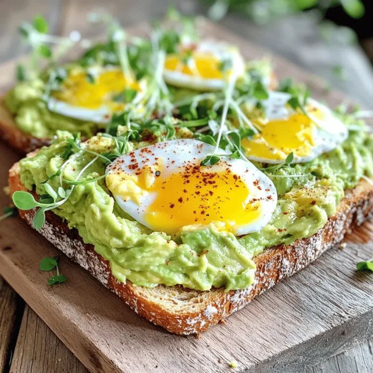 To make a great avocado egg toast, you'll need: - 2 ripe avocados - 4 slices of whole-grain bread - 4 large eggs - 1 tablespoon olive oil - 1 teaspoon lemon juice - Salt to taste - Freshly ground black pepper to taste These ingredients create a tasty and filling meal. The avocados give creaminess, while the eggs add protein. You can boost your toast's taste with: - 1/2 teaspoon red pepper flakes (optional) - Microgreens or fresh herbs for garnish Red pepper flakes add a nice kick. Microgreens or herbs enhance the look and taste. - Avocados: Packed with healthy fats, fiber, and vitamins. They support heart health and keep you full. - Eggs: A great source of protein and essential nutrients. They help build muscle and maintain energy. - Whole-grain bread: Offers fiber and keeps your digestion in check. It also provides lasting energy. - Olive oil: Contains healthy fats and antioxidants, good for heart health. - Lemon juice: Adds flavor and vitamin C, supporting your immune system. Using these ingredients makes your meal not just tasty but also nutritious. For the full recipe, check out the Avocado Egg Toast Delight. To make avocado egg toast, start by toasting four slices of whole-grain bread. Aim for a nice, golden brown color. While the bread toasts, cut two ripe avocados in half. Remove the pit and scoop the green flesh into a bowl. Add one teaspoon of lemon juice, salt, and pepper to taste. Mash the avocado until it’s creamy but still has some chunks. Spread this mixture generously over the toasted bread. For the eggs, heat one tablespoon of olive oil in a non-stick skillet over medium heat. Crack four large eggs into the skillet. Cook them until the whites are set and the yolks stay slightly runny, about four to five minutes. If you prefer firmer yolks, cook them a bit longer. This will give your toast a nice, rich flavor. To serve, place the toast on a white plate or wooden board for a nice look. Top each slice with a cooked egg. For extra flavor, sprinkle red pepper flakes on top. Garnish with microgreens or fresh herbs. This adds color and a fresh taste. You can learn more about this dish by checking the Full Recipe. Enjoy your beautiful, tasty creation! To find ripe avocados, look for smooth, dark skin. Gently squeeze the avocado; it should feel soft but not mushy. If it’s hard, it’s not ready yet. If it feels too soft, it might be overripe. The key to great toast is choosing the right bread. Whole-grain bread adds flavor and nutrition. Toast the bread until it's golden brown for a nice crunch. Use a toaster or an oven for even results. Keep an eye on it to avoid burning. One mistake is mashing the avocado too much. You want it creamy but with some chunks. Don’t skip the lemon juice; it adds flavor and keeps the avocado from browning. When cooking eggs, be careful not to overcook them. Runny yolks are perfect for drizzling over the toast. {{image_2}} You can really dress up avocado egg toast with fun toppings. Here are some ideas: - Tomato slices add a fresh burst. - Radishes give a nice crunch. - Feta cheese brings a salty flavor. - Smoked salmon adds a rich taste. - Sriracha or hot sauce gives a spicy kick. Mix and match these toppings to find your favorite combo. They can change the whole dish! The type of bread you choose can change your toast experience. Here are some great options: - Sourdough has a tangy flavor. - Rye bread adds depth. - Gluten-free bread works for those with allergies. - Pita gives a fun twist. - Bagels can make it a hearty meal. Experiment with different breads to find what suits you best. You can easily adapt avocado egg toast for different diets. Here are some modifications: - For vegan options, skip the egg and use tofu instead. - For gluten-free, choose gluten-free bread. - If you're low-carb, try using large lettuce leaves as a base. - For a paleo option, use sweet potatoes instead of bread. These swaps keep the dish tasty while meeting your dietary needs. Check out the Full Recipe for more details! To keep your ingredients fresh, store avocados and eggs correctly. - Avocados: If you have leftover avocado, keep the pit in. Wrap it tightly in plastic wrap. Store it in the fridge. Use it within a day or two. - Eggs: If you have cooked eggs left, place them in an airtight container. They can last for up to 3 days in the fridge. Reheating toast can be tricky. You want it to stay crispy. - Oven method: Preheat your oven to 350°F (175°C). Place the toast on a baking sheet. Heat for about 5-7 minutes. - Toaster method: You can pop the toast back into the toaster. Just toast it on a low setting until warm. Freezing is a great way to save this tasty meal. Here’s how: - Toast: You can freeze the toast slices. Wrap them in foil or plastic wrap. Use them within a month for best taste. - Avocado: For freezing avocado, mash it first. Mix in lemon juice to stop browning. Place it in a freezer-safe bag. Use within 3 months. Try these tips to enjoy your Avocado Egg Toast later! For the full recipe, check out the [Full Recipe]. The best bread for avocado egg toast is whole-grain bread. It has a hearty texture and adds fiber. Sourdough bread is also great for its tangy flavor. Choose a bread that you enjoy, as it can change the dish's taste. You can prepare parts of avocado egg toast in advance. Toast the bread and cook the eggs ahead, but avoid mashing the avocado too soon. The avocado can brown quickly. Instead, mash it right before serving for the best flavor and look. To make your avocado egg toast healthier, use whole-grain bread. Add more veggies like spinach or tomatoes. You can also use poached eggs instead of fried to cut down on oil. Use less salt and add fresh herbs for more flavor without extra calories. You can find a detailed recipe for avocado egg toast in the Full Recipe section. Avocado egg toast is simple yet packed with flavor and nutrients. We covered essential ingredients, cooking steps, and tips to perfect your dish. I shared various topping ideas and ways to adapt it for different diets. Storing leftovers can keep your meals fresh. Remember, with the right choices, you can enjoy tasty meals while staying healthy. Use this guide to enjoy avocado egg toast that satisfies your taste and your body.