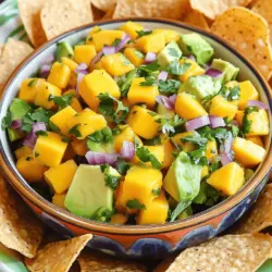 - Ripe mango - Ripe avocados - Small red onion - Jalapeño - Fresh cilantro - Lime juice - Olive oil - Salt and pepper When making Mango Avocado Salsa, using fresh, ripe ingredients is key. A ripe mango has a sweet flavor and a soft texture. You can tell a mango is ripe when it gives slightly to pressure. For avocados, look for ones that yield gently when pressed. A small red onion adds a nice crunch and a mild flavor. Jalapeños offer a spicy kick, but you can adjust their amount to suit your taste. Fresh cilantro adds a burst of freshness. Lime juice brings acidity that brightens the whole dish. A drizzle of olive oil helps blend the flavors. Finally, season with salt and pepper to enhance the taste. - Additional spices (cumin, garlic powder) - Other types of peppers or chilies - Tomatoes or corn Feel free to customize your salsa! Adding spices like cumin or garlic powder can add depth. If you want more heat, try different peppers or chilies. You can also mix in diced tomatoes or sweet corn for extra texture and flavor. For the full recipe, check out the complete instructions for making this tasty salsa! - First, take your ripe mango and dice it into small pieces. - Next, grab two ripe avocados and dice them as well. - In a mixing bowl, combine the diced mango and avocado. - Now, finely chop a small red onion and add it to the bowl. - Remove the seeds from a jalapeño and mince it. Add that in too. - Finally, sprinkle in a 1/4 cup of fresh chopped cilantro for that bright flavor. - Squeeze two tablespoons of fresh lime juice over the salsa. - Drizzle one tablespoon of olive oil on top for richness. - Toss everything gently to combine all the flavors well. - Season the salsa with salt and pepper to taste. - Let the salsa sit for about 10 minutes before serving. - This waiting time helps the flavors blend beautifully. Making Mango Avocado Salsa is simple and fun. You can find the full recipe above to guide you through every step. - How to choose a ripe mango Look for mangoes that feel soft but not mushy. The skin should have a rich color, often yellow or red. A ripe mango gives slightly when you press it. Smelling the stem area can help too; it should smell sweet. - Identifying perfect avocados Choose avocados that yield slightly to gentle pressure. The skin should be dark and smooth. If it's too hard, it’s not ripe yet. If it feels too soft, it may be overripe. - Best pairs: Chips, tacos, burritos This salsa goes well with tortilla chips, making a tasty dip. You can also spoon it onto tacos for a fresh kick. It adds flavor to burritos, too, mixing well with beans and cheese. - Presentation ideas for gatherings Serve the salsa in a bright bowl. Arrange tortilla chips around the bowl for a colorful look. You can add a sprig of cilantro on top for a fresh touch. This makes it eye-catching and fun for guests! - Allowing time for flavors to meld Letting the salsa sit for about 10 minutes lets the flavors mix. This enhances the taste and makes each bite more delicious. - Adjusting acidity and seasoning Taste your salsa before serving. You can add more lime juice for tanginess. A bit more salt or pepper can bring out the flavors too. Adjust to your liking, and enjoy the burst of flavors! For the complete recipe, check out the [Full Recipe]. {{image_2}} You can make your Mango Avocado Salsa even more fun. Try adding pineapple or kiwi for a sweet touch. Pineapple brings a juicy burst, while kiwi adds a zesty flavor. You can also use fresh herbs like mint instead of cilantro. Mint gives a fresh and unique taste that brightens the dish. Want to spice things up? Adjust the amount of jalapeño you use. If you like it hot, add more jalapeño. For a milder flavor, use less or skip it altogether. You can also add spicy sauces or powders. A dash of hot sauce or a sprinkle of cayenne pepper can really kick it up a notch. Adding different textures can make your salsa exciting. Try including chopped nuts or seeds, like pumpkin seeds or almonds. They add a nice crunch. You can also mix in other vegetables, like bell peppers. Bell peppers add color and a sweet, crisp bite to the mix. These variations allow you to customize your Mango Avocado Salsa for every occasion. Check out the Full Recipe for the perfect base to start from! To store your mango avocado salsa, keep it in an airtight container. Make sure the lid fits tightly. This way, it stays fresh longer. If you have guacamole, add a thin layer of lime juice on top. This helps keep it from browning. You can also press plastic wrap directly onto the surface. In the fridge, your salsa stays fresh for about two to three days. After this time, it may lose its flavor and texture. Look for signs like a sour smell or a change in color. If you see any brown spots, it's best to toss it out. You can freeze mango avocado salsa, but be aware it may change in texture. To freeze, place your salsa in a freezer-safe bag. Squeeze out as much air as you can before sealing. When you’re ready to use it, thaw it in the fridge overnight. Stir well to mix the ingredients back together after thawing. For the best experience, it's great to use it fresh when possible. Check the Full Recipe for tips on making this vibrant dish. Mango Avocado Salsa lasts about 2-3 days in the fridge. To keep it fresh, store it in an airtight container. This helps to slow down browning and keep flavors intact. You can also add a little extra lime juice. This acidity helps preserve the green color of the avocados. Yes, you can make this salsa a few hours before serving. Just chop the ingredients and mix them together. However, wait to add the avocado until just before you serve. This keeps the avocado from turning brown. If you prepare it in advance, store it in a sealed container in the fridge. If you don’t have lime juice, you can use lemon juice. It gives a similar tangy flavor. Another option is vinegar, like apple cider vinegar. Both alternatives will add the acidity needed for the salsa. Adjust the amount to suit your taste preference. Don't forget to check out the Full Recipe for all the details! Mango Avocado Salsa is fresh, flavorful, and easy to make. You learned how to pick ripe ingredients and prepare the perfect mix. With tips on customizing flavors and a few fun variations, this salsa can fit any gathering. Remember to store leftovers properly to enjoy later. Whether served with chips or paired with tacos, it's a hit. Try it out and impress your friends and family with this simple recipe! Your taste buds will thank you.