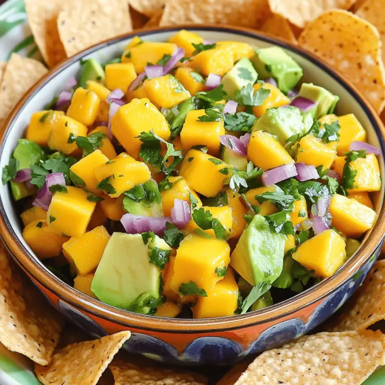 - Ripe mango - Ripe avocados - Small red onion - Jalapeño - Fresh cilantro - Lime juice - Olive oil - Salt and pepper When making Mango Avocado Salsa, using fresh, ripe ingredients is key. A ripe mango has a sweet flavor and a soft texture. You can tell a mango is ripe when it gives slightly to pressure. For avocados, look for ones that yield gently when pressed. A small red onion adds a nice crunch and a mild flavor. Jalapeños offer a spicy kick, but you can adjust their amount to suit your taste. Fresh cilantro adds a burst of freshness. Lime juice brings acidity that brightens the whole dish. A drizzle of olive oil helps blend the flavors. Finally, season with salt and pepper to enhance the taste. - Additional spices (cumin, garlic powder) - Other types of peppers or chilies - Tomatoes or corn Feel free to customize your salsa! Adding spices like cumin or garlic powder can add depth. If you want more heat, try different peppers or chilies. You can also mix in diced tomatoes or sweet corn for extra texture and flavor. For the full recipe, check out the complete instructions for making this tasty salsa! - First, take your ripe mango and dice it into small pieces. - Next, grab two ripe avocados and dice them as well. - In a mixing bowl, combine the diced mango and avocado. - Now, finely chop a small red onion and add it to the bowl. - Remove the seeds from a jalapeño and mince it. Add that in too. - Finally, sprinkle in a 1/4 cup of fresh chopped cilantro for that bright flavor. - Squeeze two tablespoons of fresh lime juice over the salsa. - Drizzle one tablespoon of olive oil on top for richness. - Toss everything gently to combine all the flavors well. - Season the salsa with salt and pepper to taste. - Let the salsa sit for about 10 minutes before serving. - This waiting time helps the flavors blend beautifully. Making Mango Avocado Salsa is simple and fun. You can find the full recipe above to guide you through every step. - How to choose a ripe mango Look for mangoes that feel soft but not mushy. The skin should have a rich color, often yellow or red. A ripe mango gives slightly when you press it. Smelling the stem area can help too; it should smell sweet. - Identifying perfect avocados Choose avocados that yield slightly to gentle pressure. The skin should be dark and smooth. If it's too hard, it’s not ripe yet. If it feels too soft, it may be overripe. - Best pairs: Chips, tacos, burritos This salsa goes well with tortilla chips, making a tasty dip. You can also spoon it onto tacos for a fresh kick. It adds flavor to burritos, too, mixing well with beans and cheese. - Presentation ideas for gatherings Serve the salsa in a bright bowl. Arrange tortilla chips around the bowl for a colorful look. You can add a sprig of cilantro on top for a fresh touch. This makes it eye-catching and fun for guests! - Allowing time for flavors to meld Letting the salsa sit for about 10 minutes lets the flavors mix. This enhances the taste and makes each bite more delicious. - Adjusting acidity and seasoning Taste your salsa before serving. You can add more lime juice for tanginess. A bit more salt or pepper can bring out the flavors too. Adjust to your liking, and enjoy the burst of flavors! For the complete recipe, check out the [Full Recipe]. {{image_2}} You can make your Mango Avocado Salsa even more fun. Try adding pineapple or kiwi for a sweet touch. Pineapple brings a juicy burst, while kiwi adds a zesty flavor. You can also use fresh herbs like mint instead of cilantro. Mint gives a fresh and unique taste that brightens the dish. Want to spice things up? Adjust the amount of jalapeño you use. If you like it hot, add more jalapeño. For a milder flavor, use less or skip it altogether. You can also add spicy sauces or powders. A dash of hot sauce or a sprinkle of cayenne pepper can really kick it up a notch. Adding different textures can make your salsa exciting. Try including chopped nuts or seeds, like pumpkin seeds or almonds. They add a nice crunch. You can also mix in other vegetables, like bell peppers. Bell peppers add color and a sweet, crisp bite to the mix. These variations allow you to customize your Mango Avocado Salsa for every occasion. Check out the Full Recipe for the perfect base to start from! To store your mango avocado salsa, keep it in an airtight container. Make sure the lid fits tightly. This way, it stays fresh longer. If you have guacamole, add a thin layer of lime juice on top. This helps keep it from browning. You can also press plastic wrap directly onto the surface. In the fridge, your salsa stays fresh for about two to three days. After this time, it may lose its flavor and texture. Look for signs like a sour smell or a change in color. If you see any brown spots, it's best to toss it out. You can freeze mango avocado salsa, but be aware it may change in texture. To freeze, place your salsa in a freezer-safe bag. Squeeze out as much air as you can before sealing. When you’re ready to use it, thaw it in the fridge overnight. Stir well to mix the ingredients back together after thawing. For the best experience, it's great to use it fresh when possible. Check the Full Recipe for tips on making this vibrant dish. Mango Avocado Salsa lasts about 2-3 days in the fridge. To keep it fresh, store it in an airtight container. This helps to slow down browning and keep flavors intact. You can also add a little extra lime juice. This acidity helps preserve the green color of the avocados. Yes, you can make this salsa a few hours before serving. Just chop the ingredients and mix them together. However, wait to add the avocado until just before you serve. This keeps the avocado from turning brown. If you prepare it in advance, store it in a sealed container in the fridge. If you don’t have lime juice, you can use lemon juice. It gives a similar tangy flavor. Another option is vinegar, like apple cider vinegar. Both alternatives will add the acidity needed for the salsa. Adjust the amount to suit your taste preference. Don't forget to check out the Full Recipe for all the details! Mango Avocado Salsa is fresh, flavorful, and easy to make. You learned how to pick ripe ingredients and prepare the perfect mix. With tips on customizing flavors and a few fun variations, this salsa can fit any gathering. Remember to store leftovers properly to enjoy later. Whether served with chips or paired with tacos, it's a hit. Try it out and impress your friends and family with this simple recipe! Your taste buds will thank you.