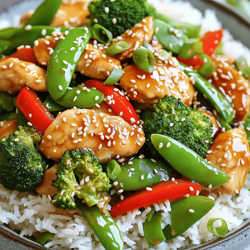 To make this dish, you need some key ingredients. Here’s a list: - 2 boneless, skinless chicken breasts, thinly sliced - 1 cup broccoli florets - 1 red bell pepper, sliced - 1 cup snap peas - 3 cloves garlic, minced - 1 tablespoon ginger, grated - 1/4 cup soy sauce (low sodium) - 2 tablespoons honey or maple syrup - 1 tablespoon rice vinegar - 1 tablespoon sesame oil - 2 tablespoons vegetable oil - Cooked jasmine rice or quinoa, for serving - Sesame seeds and sliced green onions for garnish These ingredients create a tasty and healthy meal. They work well together and make cooking easy. You can change the recipe to fit your taste. Here are some optional ingredients: - Carrots, sliced - Mushrooms, sliced - Zucchini, cut into half-moons - Green beans - Spinach or kale for extra greens - Crushed red pepper for heat Adding these can make the dish more colorful and packed with flavor. To cook your teriyaki chicken stir fry, you’ll need a few tools: - A large skillet or wok - A cutting board - A sharp knife - Measuring cups and spoons - A whisk for mixing the sauce Having the right tools can make cooking easier and more fun. With these ingredients and tools, you can whip up a delicious meal quickly. Check out the Full Recipe for detailed steps! To start, gather your ingredients. You need boneless, skinless chicken breasts. Thinly slicing them helps cook the chicken fast. In a small bowl, mix soy sauce, honey or maple syrup, rice vinegar, ginger, and garlic. Whisk it well until combined. This mix is your teriyaki sauce. Set it aside to let the flavors blend. Now, heat a tablespoon of vegetable oil in a skillet or wok. Use medium-high heat for that perfect sizzle. Add the sliced chicken to the hot skillet. Stir-fry it for 5 to 7 minutes until it turns golden brown. Make sure the chicken is cooked all the way through. Once done, take the chicken out and place it on a plate. This keeps it warm while you cook the veggies. In the same skillet, add another tablespoon of vegetable oil. Toss in broccoli, red bell pepper, and snap peas. Stir-fry these veggies for about 3 to 4 minutes. You want them to be bright and tender-crisp. After that, return the cooked chicken to the skillet. Pour your teriyaki sauce over the chicken and veggies. Stir everything well so the sauce coats all the ingredients. Cook for another 2 to 3 minutes until the sauce thickens a bit. Finally, drizzle sesame oil over the stir fry and toss gently to mix. Serve this delicious dish over jasmine rice or quinoa. Don't forget to garnish with sesame seeds and sliced green onions! You can find the full recipe above. To get the best flavor in your teriyaki chicken stir fry, use fresh ingredients. Fresh garlic and ginger make a big difference. Make your sauce with low-sodium soy sauce to cut down on salt. Honey or maple syrup adds a nice sweetness. Always taste the sauce before adding it to the dish. You can adjust the sweetness or acidity as needed. For tender chicken, slice it thinly against the grain. This helps the meat stay juicy. Marinate the chicken for about 10 minutes in your teriyaki sauce. This adds flavor and keeps it moist. Cook the chicken over high heat for a short time. This method helps lock in the juices. To save time, prep your ingredients before you start cooking. Chop your veggies and slice the chicken ahead. You can even make the sauce in advance. Keep it in the fridge for a quick meal later. Use a large skillet or wok for even cooking. This lets you cook everything at once. For a faster meal, consider using pre-cut vegetables from the store. For the full recipe, check out the [Full Recipe]. {{image_2}} You can switch out chicken for tofu or beef. For tofu, use firm or extra-firm types. Cut them into cubes for easy cooking. Tofu absorbs flavors well, so it pairs nicely with the teriyaki sauce. If you prefer beef, go for flank steak or sirloin. Slice it thin against the grain for a tender bite. Cook it for about 5-6 minutes until brown. Each option gives you a unique taste. Feel free to mix in any veggies you love. Carrots, zucchini, or mushrooms work great. Use what you have in your fridge. You can even add leafy greens like spinach or kale at the end. They cook quickly and add color. Not only do these changes make the dish more colorful, but they also boost nutrition. More veggies mean more vitamins and minerals in each bite. To make this dish gluten-free, switch to tamari instead of soy sauce. Tamari has the same great taste but is safe for those avoiding gluten. For a vegan option, replace chicken with tofu and honey with maple syrup. This keeps the dish sweet without using animal products. You can enjoy all the flavors of teriyaki while sticking to your diet. Remember, these small swaps can make a big difference! For the full recipe, check [Full Recipe]. To store your leftover teriyaki chicken stir fry, let it cool first. Place it in an airtight container. This keeps the dish fresh and safe. Store it in the fridge. It will last for about three to four days. Make sure to label the container with the date. This way, you won't forget when you made it. When you're ready to eat your leftovers, reheat them gently. Use a skillet over medium heat. Add a splash of water or broth to keep it moist. Stir frequently to heat evenly. You can also microwave it. Heat in short bursts, stirring in between. This helps keep the flavors bright and the chicken tender. If you want to save some for later, freezing is a great option. Pack the stir fry in freezer-safe bags or containers. Remove as much air as possible to prevent freezer burn. You can freeze it for up to three months. When ready to eat, thaw it overnight in the fridge. Reheat as mentioned above. Now you can enjoy a quick meal anytime! For the complete recipe, check out the Full Recipe. You can use many vegetables in this stir fry. Some great choices are: - Bell peppers - Carrots - Zucchini - Mushrooms - Baby corn These veggies cook quickly and add great flavor. Choose your favorites for a tasty twist! Yes, you can prepare the teriyaki sauce ahead of time. Just mix the soy sauce, honey, rice vinegar, ginger, and garlic as directed. Store it in the fridge for up to a week. This saves time and makes cooking easy! To spice up your teriyaki chicken stir fry, try these tips: - Add red pepper flakes to the sauce. - Use spicy soy sauce or sriracha. - Toss in fresh chili peppers while cooking. You can control the heat to suit your taste! In this post, we explored the key ingredients for quick teriyaki chicken stir fry, from essential to optional. I shared step-by-step instructions for preparation, cooking, and combining everything perfectly. With handy tips for flavor and cooking time, you can create a tasty meal. Variations like using tofu or making the dish gluten-free enhance your options. Lastly, proper storage ensures your leftovers stay fresh. Enjoy making this easy dish that you can customize to your taste!