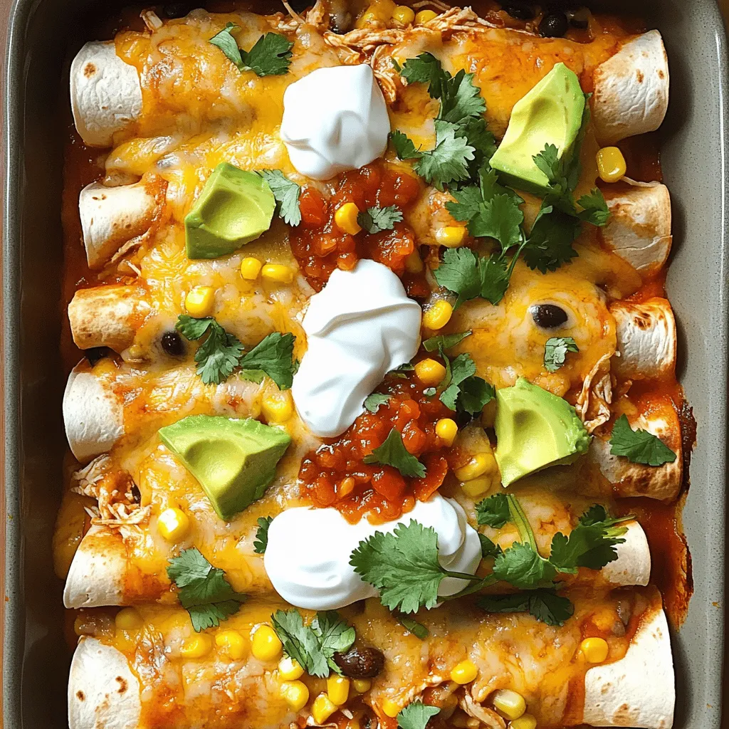For tasty chicken enchiladas, gather these main ingredients: - 2 cups cooked chicken, shredded - 1 cup black beans, rinsed and drained - 1 cup corn kernels (fresh, frozen, or canned) - 1 teaspoon cumin - 1 teaspoon chili powder - 1 cup salsa (your choice of spiciness) - 8 small flour tortillas - 2 cups shredded cheese (cheddar or a Mexican blend) - 1 cup sour cream - Fresh cilantro, chopped (for garnish) - 1 avocado, sliced (for garnish) These ingredients create a well-balanced dish. The chicken gives protein, while the beans and corn add fiber and flavor. The spices make every bite exciting, and the cheese melts into a gooey topping. When picking your ingredients, look for quality. Fresh chicken makes a big difference in taste. If using canned beans or corn, check for low sodium options. Choose ripe avocados for the best texture. For salsa, select one that matches your spice preference. This ensures your enchiladas are just right for you. To make your cooking easier, gather these kitchen tools: - Large mixing bowl - Baking dish - Spoon or spatula - Aluminum foil - Measuring cups and spoons Using the right tools helps speed up the process. A good baking dish ensures even cooking, and a mixing bowl makes combining ingredients easy. These tools will help you create the best chicken enchiladas, following the Full Recipe. Start by gathering your ingredients. You need cooked chicken, black beans, corn, cumin, chili powder, and salsa. In a large bowl, mix the shredded chicken, black beans, corn, cumin, chili powder, and half of the salsa. Stir until everything is coated well. This mixture makes the filling tasty and colorful. Grab a tortilla and lay it flat. Spoon about 1/4 cup of the chicken mixture onto the center. Add a tablespoon of cheese on top. Roll the tortilla tightly, placing it seam-side down in a greased baking dish. Repeat this for all tortillas. Make sure they fit snugly in the dish. This keeps them warm and helps flavors blend. Now, pour the rest of the salsa evenly over the top of the rolled tortillas. Sprinkle the remaining cheese generously over everything. Cover the dish with aluminum foil. Bake for 20 minutes at 375°F (190°C). After 20 minutes, remove the foil and bake for another 10 minutes. This step melts the cheese and gives it a nice golden color. Once done, let the enchiladas cool for a few minutes before serving. Enjoy your cheesy fiesta chicken enchiladas with sour cream, avocado, and fresh cilantro. Check the Full Recipe for more details. To make your enchiladas great, use fresh ingredients. Fresh chicken tastes better than frozen. You can also mix in vegetables like peppers or onions for more flavor. Use different types of cheese for a unique taste. Monterey Jack or pepper jack adds a nice kick. Always warm the tortillas before filling. This helps them roll up easily. One common mistake is overfilling the tortillas. If you add too much, they can break. Make sure to leave space at the ends. Another mistake is not sealing the edges of the tortillas. This can let the filling leak out. Lastly, don’t skip the baking step. Baking helps blend the flavors and melt the cheese. To get that perfect cheese melt, use a mix of cheeses. Try combining cheddar and Monterey Jack. Grate your cheese instead of using pre-shredded. Pre-shredded cheese has anti-caking agents that can affect melting. When you sprinkle cheese on top, cover the dish with foil for the first part of baking. This keeps moisture in and helps the cheese melt evenly. For a golden top, remove the foil for the last few minutes of baking. {{image_2}} You can easily switch to vegetarian enchiladas. Just replace the chicken with veggies. Good options include zucchini, bell peppers, and mushrooms. You can use black beans and corn for protein. Add your favorite spices for flavor. These enchiladas still taste great with cheese and salsa. Want a kick? Make spicy chicken enchiladas! Use spicy salsa or add jalapeños to the filling. You can also mix in some hot sauce. For extra flavor, try using pepper jack cheese instead of cheddar. This adds a nice heat to your dish. If you’re watching carbs, low-carb enchiladas are a great choice. Swap out flour tortillas for zucchini or eggplant slices. These work well as wraps. You can still use the same filling and toppings. This way, you enjoy the taste without the extra carbs. For a full recipe, check out the Cheesy Fiesta Chicken Enchiladas. Store your chicken enchiladas in an airtight container. Let them cool first, then cover. This keeps them fresh for three to four days in the fridge. If you want to keep them longer, freezing is a great option. To reheat, you can use an oven or microwave. If using the oven, preheat it to 350°F (175°C). Place the enchiladas in a baking dish. Cover with foil to keep moisture in. Heat for about 20 minutes or until warm. In the microwave, place a single enchilada on a plate. Heat for 1-2 minutes, checking often. To freeze, wrap each enchilada tightly in plastic wrap. Place them in a freezer bag or container. Write the date on the bag. They can last up to two months in the freezer. When ready to eat, thaw them in the fridge overnight before reheating. Enjoy your easy chicken enchiladas later with the same great taste. You can use corn tortillas instead of flour. They add a nice flavor. Corn tortillas are also gluten-free. If you like a soft bite, warm them slightly before use. For a twist, try using lettuce wraps. They are low-carb and fresh! To make your enchiladas spicier, add more chili powder. You can also mix in diced jalapeños or hot sauce. Another option is to use a spicy salsa. Experiment until you find your perfect heat level! Yes, you can prepare enchiladas ahead of time! Simply assemble them and cover with foil. Store them in the fridge for up to 24 hours. When ready, bake them straight from the fridge. Just add a few extra minutes to the cooking time. Check the Full Recipe for more details! You learned how to make easy chicken enchiladas from start to finish. We covered key ingredients, step-by-step prep, and baking tips. You also got storage advice and answered common questions. Remember, you can adjust ingredients and try new flavors. Make these enchiladas your own. Enjoy the fun and taste with friends or family. Cooking should be simple and joyful. Keep experimenting in the kitchen!