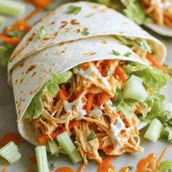 - Shredded Chicken - Buffalo Sauce - Cream Cheese - Ranch Dressing The heart of Buffalo chicken wraps is the shredded chicken. I use cooked chicken for ease, but you can roast or boil it. Toss the chicken in buffalo sauce. This gives it that signature spicy kick. Next, I mix cream cheese with ranch dressing. This blend adds a creamy layer that balances the heat perfectly. - Romaine Lettuce - Shredded Carrots - Diced Celery Fresh fillings are key to a great wrap. I love romaine lettuce for its crunch. Shredded carrots add a sweet touch, while diced celery gives a nice bite. These veggies not only add flavor but also color, making the wrap appealing. - Flour Tortillas - Optional Toppings: Green Onions, Additional Ranch Dressing I prefer flour tortillas for their soft texture. They hold the fillings well and are easy to roll. For extra flavor, consider topping your wrap with green onions. A drizzle of ranch dressing on top also enhances the taste. You can find the full recipe in the section above for detailed instructions! - Combine Chicken and Buffalo Sauce Start by taking your cooked, shredded chicken. Place it in a medium bowl. Pour in the buffalo sauce. Mix it well with a fork or spoon. - Ensure Thorough Coating Make sure every piece of chicken gets coated in that flavorful sauce. This step is key for taste. You want that spicy kick in every bite. - Mixing Cream Cheese and Ranch Dressing Grab another bowl. Add the softened cream cheese and ranch dressing. Blend them together until the mixture is smooth. This creamy mix will add great flavor to your wraps. - Layering Cream Cheese on Tortillas Take a large tortilla and lay it flat on a clean counter. Spread a good amount of the cream cheese mixture across the whole tortilla. Cover it evenly for great taste. - Adding Chicken and Fresh Vegetables Now, scoop some of the buffalo chicken mixture and place it in the center of the tortilla. Top that with fresh romaine lettuce, shredded carrots, and diced celery. These veggies add crunch and color. - Folding and Rolling Techniques To fold, first, tuck in the sides of the tortilla. Then roll it tightly from the bottom up. This keeps all the filling secure. Finally, slice it in half diagonally for a perfect serving. For more details, see the Full Recipe. How to Avoid Sogginess To keep your wraps crisp, use a layer of cream cheese. This acts as a barrier. Spread it evenly on the tortilla. You can also use fresh romaine lettuce to separate the chicken from the tortilla. This will help keep everything dry. Tips for Easy Rolling Rolling wraps is simple with practice. Start by placing the fillings in the center. Fold the sides in first, then roll from the bottom up. Keep it tight but not too tight. If you feel resistance, loosen the wrap a bit. Adding More Spices or Sauces Want to spice things up? Add more buffalo sauce for heat or mix in your favorite spices. Smoked paprika or garlic powder can add depth. You can also drizzle some extra ranch dressing inside for creaminess. Recommended Serving Styles Serve your wraps with extra ranch dressing on the side. This makes for a tasty dip. You could also serve them with carrot sticks or celery for a crunch. It adds a nice touch to your meal. Preparing Ingredients in Advance To save time, chop your veggies ahead of time. Store them in airtight containers. You can also mix the chicken and buffalo sauce earlier. Keep it in the fridge until you're ready to assemble. Quick Assembly for Easy Lunches When it's time to eat, just spread the cream cheese, add the chicken mix, and the veggies. Roll it up, and your meal is ready in minutes. This makes it easy for busy days. For the full recipe, check out the detailed steps to create these delicious wraps. {{image_2}} You can swap chicken for turkey or tofu. Turkey gives a similar taste. It’s leaner and still juicy. Tofu offers a great plant-based option. Firm tofu works best. Just press it to remove water and then marinate it in buffalo sauce. This way, you keep the flavor strong. Buffalo sauce is classic, but don’t be afraid to try other sauces. BBQ sauce adds a sweet and smoky twist. Honey mustard gives a tangy and sweet balance. Experimenting with sauces can make your wraps feel new each time. Just make sure to mix them well with your protein. Adding more vegetables can enhance the wraps. Consider bell peppers, cucumbers, or even avocado. These add crunch and freshness. If you want a vegan version, use tofu with vegan ranch or creamy avocado. You can also skip the cream cheese and use hummus instead. This keeps it creamy and tasty while being plant-based. For the full recipe, check out the complete guide on Buffalo Chicken Wraps! To keep your Buffalo chicken wraps fresh, store them in the fridge. Place them in an airtight container. This helps prevent them from drying out. Leftover wraps stay good for about three days. If you want to keep them longer, wrap each one in plastic wrap. Then, put them in a freezer bag. This extra layer protects the wraps from freezer burn. To freeze wraps, follow these best practices: - Cool Completely: Let the wraps cool before freezing. This keeps moisture from forming. - Wrap Tightly: Use plastic wrap to tightly cover each wrap. This keeps them safe and fresh. When you’re ready to eat them, here’s how to thaw: - In the Fridge: Place frozen wraps in the fridge overnight. - Quick Thaw: If you’re in a rush, use the microwave on low power. To reheat without drying out, use these techniques: - Microwave: Place the wrap on a microwave-safe plate. Cover it with a damp paper towel. Heat for 30 seconds at a time until warm. - Stovetop: Heat a non-stick pan over medium heat. Place the wrap in the pan and cover it with a lid. Heat for about 2–3 minutes on each side. With these storage tips, your Buffalo chicken wraps will taste great even after a few days! For the full recipe, check out the detailed instructions. Yes, you can prep Buffalo Chicken Wraps ahead of time. To do this, follow these steps: - Prepare the chicken mixture: Combine the shredded chicken with buffalo sauce and store it in the fridge. - Make the cream cheese spread: Mix the cream cheese and ranch dressing and keep it in a separate container. - Chop fresh veggies: Cut the romaine lettuce, carrots, and celery. Store these in a sealed bag or container. When you're ready to eat, just assemble the wraps. This method keeps everything fresh and tasty. To reheat Buffalo Chicken Wraps, follow these tips: - Microwave: Wrap the wrap in a damp paper towel. Heat for 30-60 seconds. - Oven: Preheat to 350°F. Wrap in foil and heat for 10-15 minutes. This helps keep the wrap crispy. - Air fryer: Set to 350°F and cook for about 5 minutes for a crunchy finish. Reheating this way keeps the flavors intact and prevents dryness. Buffalo Chicken Wraps can fit into a balanced diet. Here’s a quick look at their nutrition: - Protein: The chicken provides a good source of protein. - Veggies: Lettuce, carrots, and celery add vitamins and fiber. - Fats: Cream cheese and ranch add flavor but also fats. You can make them healthier by using whole wheat tortillas or low-fat dressings. Enjoy these wraps while being mindful of your overall diet. Buffalo chicken wraps are easy and fun to make. We talked about the main ingredients, like shredded chicken and buffalo sauce. I shared how to prepare the chicken mixture and mix cream cheese. You learned assembly tips and how to avoid sogginess. We explored delicious variations and storage methods. In the end, these wraps are perfect for quick meals or parties. Enjoy trying different flavors and making them your own! Happy cooking!